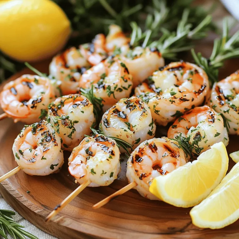 - 1 pound large shrimp, peeled and deveined - 4 cloves garlic, minced - 1/4 cup fresh parsley, chopped - 1 tablespoon fresh rosemary, finely chopped - 1 tablespoon fresh thyme leaves - 1/4 cup olive oil - 2 tablespoons lemon juice - 1 teaspoon paprika - Salt and pepper to taste - Lemon wedges for serving - 1 pound = about 454 grams - 1/4 cup = about 60 milliliters - 1 tablespoon = about 15 milliliters - 1 teaspoon = about 5 milliliters To pick great shrimp, look for these signs: - Firm Texture: Fresh shrimp feel firm, not mushy. - Clear Color: Choose shrimp with a clear and shiny color. - Mild Smell: Fresh shrimp should smell like the sea, not fishy. - Shell Condition: The shells must be intact and not slimy. When you grill shrimp, use the best quality. Fresh shrimp give your dish great taste. If you can, buy from local markets. You’ll support local business and get fresh products. Enjoy your cooking! Check the Full Recipe for more details. To start, gather your ingredients. You will need garlic, herbs, olive oil, and seasoning. In a large mixing bowl, combine: - 4 cloves garlic, minced - 1/4 cup fresh parsley, chopped - 1 tablespoon fresh rosemary, finely chopped - 1 tablespoon fresh thyme leaves - 1/4 cup olive oil - 2 tablespoons lemon juice - 1 teaspoon paprika - Salt and pepper to taste Mix these well. This mixture will become the flavorful marinade for your shrimp. Now, it’s time to add the shrimp. You need 1 pound of large shrimp, peeled and deveined. Toss the shrimp into the marinade. Make sure each shrimp is well coated. Cover the bowl with plastic wrap. Let the shrimp marinate in the refrigerator for at least 30 minutes. If you have time, an hour is even better. This makes the shrimp really tasty. Before grilling, preheat your grill to medium-high heat. If you use wooden skewers, soak them in water for about 30 minutes. This helps to prevent burning. Next, thread the marinated shrimp onto the skewers. Leave some space between each shrimp for even cooking. Now, place the skewers on the grill. Cook for 2-3 minutes on each side. You want the shrimp to turn pink and opaque, which means they are done. Be careful not to overcook them. Once cooked, remove the skewers from the grill. Place them on a serving platter. Serve warm and enjoy! For an extra burst of flavor, add lemon wedges on the side. You can find the full recipe in the earlier section. To keep shrimp tender, watch the cooking time closely. Shrimp cook fast, usually 2-3 minutes on each side. Overcooking makes them rubbery and dry. You want them to turn pink and opaque. If you see them curl tightly, they are likely overcooked. Use a timer to help. Aim for a nice, juicy bite every time. Want to switch things up? You can add a kick to the marinade. Try adding red pepper flakes for some heat. You can also mix in some citrus zest for a fresh twist. A splash of soy sauce can deepen the flavor too. Fresh herbs like dill or cilantro can be fun additions. Play with what you like! For a beautiful presentation, arrange the skewers on a large platter. Sprinkle with fresh herbs for color. Pair the shrimp with grilled veggies or a light salad. Serve with lemon wedges to enhance the taste. You can also add a dipping sauce like garlic aioli for extra flavor. Enjoy these shrimp at your next BBQ or family dinner! {{image_2}} You can mix up the herbs for your shrimp skewers. While parsley, rosemary, and thyme are great, consider using basil or cilantro. Mint can add a fresh twist. You can even try dill for a unique flavor. Each herb brings its own taste, making the dish special. If you want some heat, add chili flakes or cayenne pepper. Start with a small amount. You can always add more if you like it spicier. Adjust the spice level to match your taste buds. This way, you can create a dish that suits you just right. Grilling is fun, but you can also bake or sauté the shrimp. If baking, preheat your oven to 400°F. Place the shrimp on a baking sheet and cook for about 8-10 minutes. For sautéing, heat oil in a pan over medium heat. Cook the shrimp for 2-3 minutes on each side. Both methods work well and give you tasty options. You can find the full recipe to guide you through these methods. Store leftover grilled shrimp in an airtight container. This keeps the shrimp fresh and prevents odors. If possible, eat them within two days for the best taste. Place the container in the fridge. You can also wrap the shrimp tightly in plastic wrap. This method works well for short-term storage. Freezing grilled shrimp is easy and smart. First, let the shrimp cool completely. This helps prevent ice crystals. Next, place the shrimp in a single layer on a baking sheet. Freeze them for about one hour. Once frozen, transfer the shrimp to a freezer bag. Remove as much air as you can before sealing. Label the bag with the date. Frozen shrimp can last up to three months. To reheat shrimp, use a gentle method. The stovetop is best for keeping the flavor. Heat a skillet over low heat. Add a splash of olive oil or a little water to prevent sticking. Place the shrimp in the pan. Heat for about three minutes, turning often. You can also use the microwave. Place shrimp on a plate, cover with a damp paper towel, and microwave in short bursts. This keeps them moist and tasty. Enjoy your garlic herb grilled shrimp! For the full recipe, check the main article. I recommend marinating shrimp for at least 30 minutes. This allows the flavors to soak in. If you have more time, an hour is even better. You want the garlic and herbs to really shine. Yes, you can use frozen shrimp. First, thaw them overnight in the fridge. If you need them faster, place the shrimp in a bowl of cold water for about 15-20 minutes. Drain them well before marinating. Serve garlic herb grilled shrimp with rice or a fresh salad. Grilled vegetables also make a great side. You can pair it with garlic bread for a tasty touch. Yes, this recipe is gluten-free. All the ingredients are safe for gluten-free diets. Just check for cross-contamination if you use packaged items. Enjoy your meal with peace of mind! In this post, we covered how to make delicious garlic herb grilled shrimp. We explored the key ingredients, step-by-step instructions, and tips for perfect grilling. You learned how to choose fresh shrimp, avoid overcooking, and enhance flavors. Remember, you can adjust herbs and spices to suit your taste. Whether you follow the recipe or make your own twists, enjoy grilling shrimp this season! With these simple tips, you will create a tasty dish that everyone will love. Happy grilling!