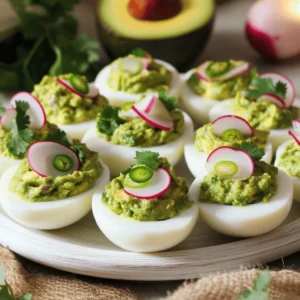 - 6 large eggs - 1 ripe avocado - 1 tablespoon lime juice - 2 tablespoons red onion - 1 small jalapeño - 1 tablespoon fresh cilantro - Salt and pepper - Garnish options: Sliced radishes, extra cilantro leaves You need just a few items for guacamole deviled eggs. Start with six large eggs. The eggs give a great base. Next, grab one ripe avocado. A ripe avocado makes the filling creamy and rich. You will also need one tablespoon of lime juice. This adds a fresh zing to the mix. For some crunch and flavor, use two tablespoons of red onion. The onion adds a nice touch. You will also want one small jalapeño. This gives a little heat, but you can leave it out if you prefer mild flavors. Don’t forget one tablespoon of fresh cilantro for a fresh taste. Finally, season with salt and pepper to your liking. For a nice finish, consider garnishing with sliced radishes or extra cilantro leaves. These add color and extra flavor. With these simple ingredients, you can create a dish that impresses everyone. Check the [Full Recipe] for more details on preparation. To start, we need perfect hard-boiled eggs. First, place your eggs in a saucepan. Cover them with cold water. Bring the water to a boil over medium heat. Once boiling, cover the pan and take it off the heat. Let the eggs sit for 12 minutes. This method helps the yolks cook evenly and keeps them bright yellow. Next, we cool the eggs using the ice bath technique. Fill a bowl with ice and water. After 12 minutes, move the eggs to the ice bath. Let them sit for 5 to 10 minutes. This cools them quickly and makes peeling easier. Now, we prepare the filling. Start by scooping out the yolks from the hard-boiled eggs. Place the yolks in a mixing bowl. Then, add the ripe avocado, lime juice, red onion, minced jalapeño, and chopped cilantro into the bowl. Season with salt and pepper. Mash the mixture with a fork until it is smooth. Taste it and adjust the seasoning. This filling combines creamy avocado with a kick from the jalapeño. It’s time to fill the egg whites! You can use a spoon or a piping bag for this step. If you want a neat look, I recommend using a piping bag with a star tip. It makes the filling look fancy. Once filled, we can add some fun garnishes. Top each egg with a slice of radish and an extra leaf of cilantro. This adds color and a fresh taste to your guacamole deviled eggs. For the full recipe, refer to the earlier section. How to choose ripe avocados To pick the best avocado, check the skin. It should be dark and slightly soft when you press it. A ripe avocado feels firm but gives a little under pressure. If it’s too soft, it may be overripe. You can also look for a stem. If it comes off easily and is green underneath, the avocado is ripe. Adjusting spice level with jalapeño If you want more heat, add more jalapeño. You can also keep some seeds for extra spice. If you prefer a milder taste, use less jalapeño. You can skip it altogether and use a pinch of paprika for flavor without heat. Pairing with chips or vegetables Guacamole deviled eggs taste great with tortilla chips or fresh veggies. Serve them with carrot sticks, cucumber slices, or bell pepper strips. The crunchy textures complement the creamy eggs nicely. Ideal occasions for serving These tasty treats are perfect for parties, picnics, or holidays. They impress guests at gatherings and are simple to make. Serve them at brunch or as a fun snack for game day. For the full recipe, check the guide above. {{image_2}} You can add different spices or herbs to boost flavor. Consider adding cumin for warmth or smoked paprika for a smoky touch. If you want a fresh note, add dill or chives. You can also swap ingredients to match diets. For a vegan twist, use silken tofu instead of eggs. If you're gluten-free, rest assured, this recipe is naturally gluten-free. Adjust the jalapeño for spice lovers or leave it out for a milder taste. Creative plating makes these eggs pop. Try arranging them on a colorful platter for a festive look. You can also use a piping bag to create fun shapes with the guacamole filling. For holidays, themed garnishes work well. Use mini flags for Fourth of July or edible flowers for a spring gathering. A sprinkle of paprika or a drizzle of balsamic glaze can add a fancy touch. For the full recipe, check out the complete details above. To keep your guacamole deviled eggs fresh, use an airtight container. This helps prevent air from spoiling them. Place a piece of plastic wrap directly on the eggs before sealing the container. This can help keep them moist. You can store them in the fridge for up to three days. After three days, they may lose their taste and texture. These eggs are best served cold, so reheating is not needed. If you must, use a microwave on low power. Heat them for just a few seconds to avoid cooking the eggs more. If the eggs smell bad or look off, it is best to discard them. Safety first! Guacamole deviled eggs can last about 2-3 days in the fridge. To keep them fresh, store them in an airtight container. Cover the eggs with plastic wrap if you can't find a container. This helps keep the eggs from drying out. Yes, you can! To prep in advance, hard-boil the eggs and store them in the fridge. Make the guacamole filling a day ahead, too. Just make sure to add lime juice to keep it from browning. When you are ready to serve, fill the egg whites with the guacamole mix. If you don’t have lime juice, you can use lemon juice. It adds a nice tang. Another option is apple cider vinegar. Just use a little less than the lime juice called for in the recipe. Both choices will work well in these guacamole deviled eggs. For the full recipe, check out the detailed instructions and ingredients. This post covered how to make guacamole deviled eggs. We started with the ingredients, like eggs, avocado, and lime juice. Then, I shared easy steps to hard-boil the eggs and prepare the filling. I also shared tips for serving and storing. These deviled eggs are fun to make and can fit any event. You can change the flavors or decorations to suit your needs. Enjoy this tasty twist on a classic!