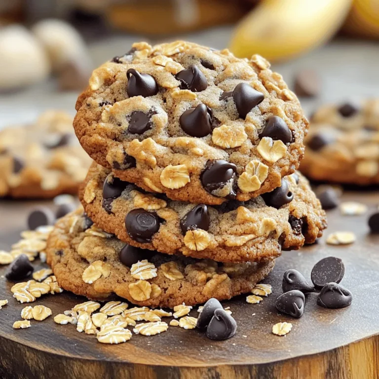 - 2 ripe bananas, mashed - 1 cup rolled oats - 1/2 cup almond flour - 1/2 teaspoon baking powder - 1/2 teaspoon cinnamon - 1/4 teaspoon salt - 1/3 cup honey or maple syrup - 1 teaspoon vanilla extract - 1/3 cup dark chocolate chips (optional) - 1/4 cup walnuts or pecans, chopped (optional) To make these banana oatmeal cookies, gather your ingredients first. Using ripe bananas is key. They add natural sweetness and moisture. Next, rolled oats give the cookies a chewy texture. Almond flour adds a nutty flavor and softness. Baking powder helps the cookies rise, while cinnamon adds warmth. Salt balances the sweet flavors. You can use honey or maple syrup for sweetness. Vanilla extract enhances the flavor, making each bite rich. If you want a treat, add dark chocolate chips. For extra crunch, try walnuts or pecans. Now that you have your ingredients, you’re ready to create something tasty! - Mixing bowls - Baking sheet - Parchment paper - Spoon or cookie scoop Having the right tools makes cooking easier. Mixing bowls help combine your ingredients well. A baking sheet is essential for baking your cookies. Parchment paper prevents sticking and makes cleanup simple. Finally, use a spoon or cookie scoop to shape your cookies. With these tools, you’ll be set to bake delicious banana oatmeal cookies! For the full recipe, check the section above. - Preheat the oven to 350°F (175°C). This helps cookies bake evenly. - Mash the bananas and mix with honey or maple syrup in a bowl. This adds sweetness. - Combine the wet and dry ingredients. Add the mashed bananas to the dry mixture. - If you like, add optional chocolate chips and nuts for extra flavor. They make the cookies special. - Scoop tablespoon-sized portions of dough onto the baking sheet. Leave space between each cookie. - Flatten the cookies slightly with a spoon. This helps them bake evenly. - Bake for 12-15 minutes until golden. Keep an eye on them for the best results. Enjoy the process as you create these delicious Banana Oatmeal Cookies! Don't forget to check the Full Recipe for more tips. To make great banana oatmeal cookies, use ripe bananas. They add sweetness and moisture. If your bananas are too green, the cookies will not taste sweet. Also, don’t overmix the dough. Mixing too much can make the texture tough. Just stir until everything is combined. Every oven is different, so adjust the baking time. If your oven runs hot, check the cookies early. They should be golden on the edges and firm to the touch. After baking, cool the cookies properly. If you leave them on the sheet too long, they can become soggy. Move them to a wire rack after five minutes. Pair your cookies with a cup of tea or coffee. The warm drink enhances the cookie's flavor. You can also stack the cookies on a nice plate. Add a sprinkle of oats or chocolate chips on top for a pretty look. Serve them warm for a delightful treat. Enjoy your delicious banana oatmeal cookies! For the complete recipe, check out the Full Recipe. {{image_2}} You can easily make a vegan version of these cookies. Replace honey with maple syrup or agave nectar. This keeps the sweetness while making it plant-based. For a gluten-free option, use gluten-free flour instead of almond flour. This way, everyone can enjoy these tasty bites! Want to boost flavor? Try adding spices like nutmeg or cinnamon. A splash of vanilla extract gives warmth and depth. You can also mix in dried fruits like raisins or cranberries for a fruity twist. Seeds, like chia or flax, add crunch and nutrition. Feel free to get creative with add-ins! Swap walnuts for pecans or try different nuts like hazelnuts or almonds. If you love chocolate, use white or milk chocolate chips instead of dark. You can even make cookie sandwiches! Just add a layer of frosting between two cookies. This makes a sweet treat even better. To keep your banana oatmeal cookies fresh, store them in an airtight container. This helps prevent them from drying out. You can keep them at room temperature for about three days. If you want to keep them longer, consider refrigerating them. This method keeps them tasty for up to a week. Make sure to separate layers with parchment paper. This prevents them from sticking together. If you have kids, let them help with this part. It’s a fun way to get them involved in the kitchen! Want cookies later? You can freeze the dough for later use. Just scoop the dough onto a baking sheet lined with parchment paper. Freeze the scoops for about an hour. Once frozen, place them in a zip-top bag. They can stay in the freezer for up to three months. When you’re ready to bake, take out the dough. Let it thaw in the fridge overnight. If you’re in a hurry, you can bake them straight from the freezer. Just add a couple of extra minutes to the baking time. For previously frozen cookies, let them sit at room temperature for about 15 minutes before serving. This helps them regain their texture and flavor. Enjoy your fresh-tasting cookies anytime! For the complete recipe, check out the Full Recipe. Banana oatmeal cookies stay fresh for about five days at room temperature. Store them in an airtight container. If you want them to last longer, you can freeze them. They will keep well in the freezer for up to three months. Just make sure to wrap them tightly. This keeps them safe from freezer burn. Yes, you can! Ripe bananas are perfect for this recipe. They add natural sweetness and moisture. The more spots on the banana, the sweeter it is. This makes your cookies taste better without extra sugar. Plus, ripe bananas mix easier into the dough. You can! If you don't have almond flour, try oat flour or whole wheat flour. Both will work well in this recipe. Oat flour keeps it gluten-free, while whole wheat adds fiber. Just remember to adjust the amount a bit. Every flour has different absorption rates. Yes, these cookies are a healthy choice! They use simple ingredients like oats and bananas. Oats provide fiber and keep you full. Bananas give you potassium and natural sweetness. If you add nuts or dark chocolate, you get healthy fats and antioxidants too. They make a great snack or breakfast option. Absolutely! You can add protein powder to boost the nutrition. Just add a little—about a quarter cup should work. This will make your cookies more filling. However, adding too much may change the texture. Start small and see how it goes! You can make tasty Banana Oatmeal Cookies using simple ingredients and easy steps. Start with ripe bananas and oats, then mix in fun add-ins like chocolate chips. Remember not to overmix for the best texture. Store your cookies in airtight containers to keep them fresh. You can even freeze the dough for later! These cookies are a healthy treat that you can customize to fit your taste. Enjoy baking and sharing your delicious cookies with family and friends!