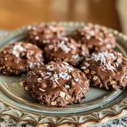 - 1 cup rolled oats - 1/2 cup creamy peanut butter - 1/2 cup unsweetened cocoa powder - 1/2 cup honey or maple syrup - 1/4 cup coconut oil, melted - 1 teaspoon vanilla extract - 1/4 teaspoon salt - 1/2 cup chocolate chips (optional) - 1/4 cup shredded coconut (optional) How to measure rolled oats correctly: Use a dry measuring cup. Scoop the oats and level them off with a knife. This gives an accurate measurement for your cookies. Substitutions for peanut butter: You can use almond butter, sunflower seed butter, or cashew butter. Each will change the taste a little, but they will still hold the cookies together well. Importance of using organic cocoa powder: Organic cocoa powder has richer flavor. It also lacks harmful chemicals. This makes your cookies taste better and healthier. Choosing the right sweetener for flavor: Honey gives a floral sweetness. Maple syrup offers a warm, rich taste. Choose what you like best for your cookies. Each sweetener will change the flavor a bit, so try them out. For the Full Recipe, check out the detailed steps to create these delightful no-bake cookies. To start, gather your ingredients. In a medium saucepan, mix coconut oil, honey or maple syrup, cocoa powder, and salt. Turn the heat to low or medium. Stir the mixture constantly. This step is key. Make sure it melts fully and becomes smooth. If you skip the stirring, you can burn the mixture. Once it’s melted, remove it from the heat. Next, add peanut butter and vanilla extract. Stir until they blend well. This creates a creamy texture. After this, you’ll add the rolled oats. Mix them in until fully coated. If you want extra flavor, fold in chocolate chips or shredded coconut. This can make the cookies even better. Now it’s time to shape your cookies. You can use a cookie scoop or a spoon. A cookie scoop helps make uniform cookies. If you use a spoon, try to keep the size consistent. Shape each scoop into a cookie as you place it on the baking sheet. Line the sheet with parchment paper to prevent sticking. This will help them cool without mess. Once your cookies are shaped, it’s time to set them. Place the baking sheet in the fridge. Let the cookies chill for at least 30 minutes. This helps them firm up. After thirty minutes, check them for doneness. They should hold their shape but still be soft. If they look good, you’re ready to enjoy! For the best taste, store them in an airtight container in the fridge. - Overheating the mixture: Keep the heat low. If the mixture boils, it can change the texture. Stir constantly to ensure even melting. - Not allowing cookies to set: Patience is key! Let the cookies chill in the fridge for at least 30 minutes. This helps them firm up properly. - Adding nuts or dried fruits: You can mix in chopped nuts like walnuts or pecans. Dried fruits, like raisins or cranberries, can add a nice sweetness. - Experimenting with spices like cinnamon: A pinch of cinnamon can elevate the taste. It adds warmth and depth to your cookies. - Pairing with milk or ice cream: These cookies taste amazing with a glass of cold milk. They also pair well with ice cream for a tasty dessert. - Perfect occasions for serving: Serve these cookies at parties, picnics, or as an after-school snack. They are a hit with kids and adults alike. For the complete recipe, refer to the Full Recipe section. {{image_2}} You can change the flavors of these cookies to suit your taste. One fun twist is the coconut mocha version. Just add 1/4 cup of shredded coconut and a splash of brewed coffee to the mix. This will give your cookies a rich flavor with a hint of tropical sweetness. Another great option is to make Almond Joy-inspired cookies. For this, include 1/4 cup of chopped almonds and 1/4 cup of shredded coconut. The chocolate and nut combo makes a delightful treat. If you follow a vegan diet, you can easily adapt this recipe. Replace honey or maple syrup with agave syrup. Use a nut butter that is vegan-friendly, like almond butter. This way, you keep the cookies plant-based. For those needing gluten-free options, make sure to use gluten-free rolled oats. This small change allows you to enjoy the same great taste without any gluten. How you display your cookies can make them even more fun! Arrange them on a colorful platter and sprinkle some cocoa powder on top. This gives a nice touch and makes them look fancy. You can also use cookie cutters to shape the cookies. After dropping spoonfuls onto parchment paper, press them with a shaped cutter. This adds a playful twist, especially for kids or parties. Check out the Full Recipe for more ideas and details! To keep your no-bake chocolate oatmeal cookies fresh, use an airtight container. I suggest a glass jar or a plastic container with a tight lid. This method prevents air from drying them out. Place a piece of parchment paper between layers to stop sticking. For added freshness, keep the container in the fridge. If you want to save some cookies for later, freeze unformed dough. Scoop the dough into balls and place them on a baking sheet. Freeze for about an hour. Once firm, transfer the balls to a freezer bag. When you're ready to enjoy, thaw the cookies in the fridge overnight. This way, they taste fresh when served. In the fridge, these cookies last about one week. For the best flavor, eat them within the first few days. After that, they may lose some taste, but they will still be safe to eat. Enjoying them fresh gives the best chocolate and oat flavor experience! For the ultimate treat, serve them cold right from the fridge. You can use instant oats, but the cookies will change. Instant oats are smaller and softer. This means the cookies may not hold their shape as well. Rolled oats give a chewy texture and help the cookies stay firm. If you want the best result, stick with rolled oats. If your cookies are crumbly, don't worry. Add a bit more peanut butter or a splash of honey. Mix it well. If they are still crumbly, try pressing them together more firmly on the baking sheet. This will help them stick together better. Yes, these cookies can be a healthy treat! They have oats, which are good for digestion. Peanut butter adds protein and healthy fats. Cocoa powder is rich in antioxidants. Just be mindful of the sugar amount from honey or syrup. Enjoy them in moderation as a sweet snack. Absolutely! You can replace peanut butter with almond butter or sunflower seed butter. These will change the flavor slightly but will still bind the cookies well. You could also use applesauce for a lighter texture, but it may make the cookies softer. I love serving these cookies cold with a glass of milk. They also pair well with coffee or tea. You can even crumble them over yogurt for a tasty breakfast. Try placing them on a nice platter for a special touch. These cookies are easy to make and use simple, tasty ingredients. You learned the best ways to measure, enhance flavor, and avoid common mistakes. I shared tips for storage and freezing, so your treats last longer. Don’t forget to try fun variations and presentations! These cookies can fit any diet or occasion. Enjoy experimenting in the kitchen, and share your results with friends. You will impress everyone with your delicious creations. Happy baking!