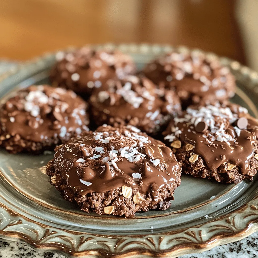 - 1 cup rolled oats - 1/2 cup creamy peanut butter - 1/2 cup unsweetened cocoa powder - 1/2 cup honey or maple syrup - 1/4 cup coconut oil, melted - 1 teaspoon vanilla extract - 1/4 teaspoon salt - 1/2 cup chocolate chips (optional) - 1/4 cup shredded coconut (optional) How to measure rolled oats correctly: Use a dry measuring cup. Scoop the oats and level them off with a knife. This gives an accurate measurement for your cookies. Substitutions for peanut butter: You can use almond butter, sunflower seed butter, or cashew butter. Each will change the taste a little, but they will still hold the cookies together well. Importance of using organic cocoa powder: Organic cocoa powder has richer flavor. It also lacks harmful chemicals. This makes your cookies taste better and healthier. Choosing the right sweetener for flavor: Honey gives a floral sweetness. Maple syrup offers a warm, rich taste. Choose what you like best for your cookies. Each sweetener will change the flavor a bit, so try them out. For the Full Recipe, check out the detailed steps to create these delightful no-bake cookies. To start, gather your ingredients. In a medium saucepan, mix coconut oil, honey or maple syrup, cocoa powder, and salt. Turn the heat to low or medium. Stir the mixture constantly. This step is key. Make sure it melts fully and becomes smooth. If you skip the stirring, you can burn the mixture. Once it’s melted, remove it from the heat. Next, add peanut butter and vanilla extract. Stir until they blend well. This creates a creamy texture. After this, you’ll add the rolled oats. Mix them in until fully coated. If you want extra flavor, fold in chocolate chips or shredded coconut. This can make the cookies even better. Now it’s time to shape your cookies. You can use a cookie scoop or a spoon. A cookie scoop helps make uniform cookies. If you use a spoon, try to keep the size consistent. Shape each scoop into a cookie as you place it on the baking sheet. Line the sheet with parchment paper to prevent sticking. This will help them cool without mess. Once your cookies are shaped, it’s time to set them. Place the baking sheet in the fridge. Let the cookies chill for at least 30 minutes. This helps them firm up. After thirty minutes, check them for doneness. They should hold their shape but still be soft. If they look good, you’re ready to enjoy! For the best taste, store them in an airtight container in the fridge. - Overheating the mixture: Keep the heat low. If the mixture boils, it can change the texture. Stir constantly to ensure even melting. - Not allowing cookies to set: Patience is key! Let the cookies chill in the fridge for at least 30 minutes. This helps them firm up properly. - Adding nuts or dried fruits: You can mix in chopped nuts like walnuts or pecans. Dried fruits, like raisins or cranberries, can add a nice sweetness. - Experimenting with spices like cinnamon: A pinch of cinnamon can elevate the taste. It adds warmth and depth to your cookies. - Pairing with milk or ice cream: These cookies taste amazing with a glass of cold milk. They also pair well with ice cream for a tasty dessert. - Perfect occasions for serving: Serve these cookies at parties, picnics, or as an after-school snack. They are a hit with kids and adults alike. For the complete recipe, refer to the Full Recipe section. {{image_2}} You can change the flavors of these cookies to suit your taste. One fun twist is the coconut mocha version. Just add 1/4 cup of shredded coconut and a splash of brewed coffee to the mix. This will give your cookies a rich flavor with a hint of tropical sweetness. Another great option is to make Almond Joy-inspired cookies. For this, include 1/4 cup of chopped almonds and 1/4 cup of shredded coconut. The chocolate and nut combo makes a delightful treat. If you follow a vegan diet, you can easily adapt this recipe. Replace honey or maple syrup with agave syrup. Use a nut butter that is vegan-friendly, like almond butter. This way, you keep the cookies plant-based. For those needing gluten-free options, make sure to use gluten-free rolled oats. This small change allows you to enjoy the same great taste without any gluten. How you display your cookies can make them even more fun! Arrange them on a colorful platter and sprinkle some cocoa powder on top. This gives a nice touch and makes them look fancy. You can also use cookie cutters to shape the cookies. After dropping spoonfuls onto parchment paper, press them with a shaped cutter. This adds a playful twist, especially for kids or parties. Check out the Full Recipe for more ideas and details! To keep your no-bake chocolate oatmeal cookies fresh, use an airtight container. I suggest a glass jar or a plastic container with a tight lid. This method prevents air from drying them out. Place a piece of parchment paper between layers to stop sticking. For added freshness, keep the container in the fridge. If you want to save some cookies for later, freeze unformed dough. Scoop the dough into balls and place them on a baking sheet. Freeze for about an hour. Once firm, transfer the balls to a freezer bag. When you're ready to enjoy, thaw the cookies in the fridge overnight. This way, they taste fresh when served. In the fridge, these cookies last about one week. For the best flavor, eat them within the first few days. After that, they may lose some taste, but they will still be safe to eat. Enjoying them fresh gives the best chocolate and oat flavor experience! For the ultimate treat, serve them cold right from the fridge. You can use instant oats, but the cookies will change. Instant oats are smaller and softer. This means the cookies may not hold their shape as well. Rolled oats give a chewy texture and help the cookies stay firm. If you want the best result, stick with rolled oats. If your cookies are crumbly, don't worry. Add a bit more peanut butter or a splash of honey. Mix it well. If they are still crumbly, try pressing them together more firmly on the baking sheet. This will help them stick together better. Yes, these cookies can be a healthy treat! They have oats, which are good for digestion. Peanut butter adds protein and healthy fats. Cocoa powder is rich in antioxidants. Just be mindful of the sugar amount from honey or syrup. Enjoy them in moderation as a sweet snack. Absolutely! You can replace peanut butter with almond butter or sunflower seed butter. These will change the flavor slightly but will still bind the cookies well. You could also use applesauce for a lighter texture, but it may make the cookies softer. I love serving these cookies cold with a glass of milk. They also pair well with coffee or tea. You can even crumble them over yogurt for a tasty breakfast. Try placing them on a nice platter for a special touch. These cookies are easy to make and use simple, tasty ingredients. You learned the best ways to measure, enhance flavor, and avoid common mistakes. I shared tips for storage and freezing, so your treats last longer. Don’t forget to try fun variations and presentations! These cookies can fit any diet or occasion. Enjoy experimenting in the kitchen, and share your results with friends. You will impress everyone with your delicious creations. Happy baking!
