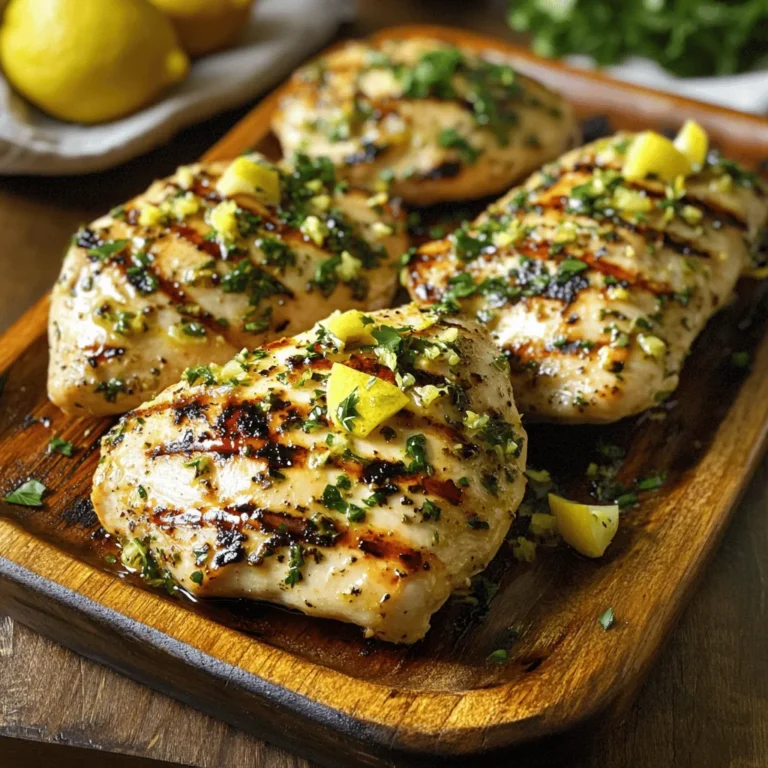 For this tasty dish, you need fresh and vibrant ingredients. Here’s what you will use: - 4 cloves garlic, minced - 1/4 cup fresh lemon juice - 1 teaspoon lemon zest - 1/4 cup olive oil - 2 teaspoons dried oregano - 2 teaspoons dried thyme - 1 teaspoon paprika - Salt and pepper to taste These ingredients create a bright and bold flavor. The lemon juice adds tanginess, while the garlic gives depth. The herbs bring a fresh note that pairs well with chicken. You will use 4 boneless, skinless chicken breasts. They are perfect for grilling. Chicken breasts are lean and soak up the marinade well. Make sure they are even in size. This helps them cook evenly. You can pound them slightly to ensure they grill perfectly. To add a pop of color and flavor, use fresh parsley. Chop it finely and sprinkle it over the grilled chicken before serving. This not only enhances the look but also adds a fresh taste. You can also serve with lemon wedges for an extra burst of flavor. For the full recipe, check the complete instructions. To make the marinade, grab a medium bowl. In it, whisk together these ingredients: - 4 cloves garlic, minced - 1/4 cup fresh lemon juice - 1 teaspoon lemon zest - 1/4 cup olive oil - 2 teaspoons dried oregano - 2 teaspoons dried thyme - 1 teaspoon paprika - Salt and pepper to taste Mix until all ingredients blend well. The garlic gives a nice kick, while lemon adds brightness. This marinade makes the chicken juicy and flavorful. Now, take the chicken breasts and place them in a large resealable plastic bag or a shallow dish. Pour the marinade over the chicken. Make sure every piece is well coated. Seal the bag tightly or cover the dish. Refrigerate the chicken for at least 1 hour. For the best taste, marinate it for up to 4 hours. This time lets the flavors soak deep into the chicken. When you're ready to grill, preheat your grill to medium-high heat. Remove the chicken from the marinade and let any extra drip off. Place the chicken on the grill. Grill each side for about 6-7 minutes. The chicken is done when the internal temperature reaches 165°F (75°C). Look for nice grill marks and a golden brown color. After grilling, let the chicken rest for 5 minutes. This helps keep it juicy. Finally, garnish with fresh chopped parsley before serving. For the full recipe, check out the details above. To get great grill marks, start with a clean grill. A dirty grill can stick and ruin your chicken. Preheat your grill to medium-high heat. This helps the chicken sear quickly. Place the chicken on the grill and don’t move it for at least six minutes. This will allow the marks to form. After six minutes, flip the chicken and cook for another six minutes. Check for those lovely, dark grill lines. Want to boost the flavor? Try adding fresh herbs like rosemary or basil to the marinade. These herbs add a nice touch. You can also use lime juice instead of lemon for a twist. If you like heat, add some crushed red pepper flakes. Marinade your chicken for up to four hours for a deeper taste. The longer it marinates, the more flavor it gets. After grilling, let the chicken rest for five minutes. This helps the juices stay inside. Slice it after resting for the best texture. Serve the chicken with a sprinkle of fresh parsley on top. You can pair it with a side salad or grilled veggies. This makes a colorful and tasty plate. For more ideas, check out the Full Recipe. {{image_2}} You can switch up the marinade to change the flavor. Try adding honey for sweetness. A splash of soy sauce gives a nice umami taste. For a spicy kick, add red pepper flakes or hot sauce. Fresh herbs like basil or cilantro can replace oregano and thyme. Use lime juice instead of lemon for a different zest. You don’t need a grill to enjoy this dish. An oven works well too. Preheat your oven to 400°F (200°C). Place the marinated chicken on a baking sheet. Bake for 20-25 minutes. Check that the chicken reaches 165°F (75°C). For an air fryer, set it to 375°F (190°C). Cook for 12-15 minutes, flipping halfway through. Each method keeps the chicken juicy and tasty. Pair your grilled chicken with fresh salad or roasted veggies. A side of rice or quinoa adds bulk and flavor. You can also serve it with garlic bread for a fun twist. For a light meal, add a fruit salsa, like mango or pineapple. This adds a sweet touch that complements the herbs. Enjoy your meal with family and friends! For the full recipe, check out the details above. You can keep your lemon garlic herb grilled chicken in the fridge. Place it in an airtight container. It stays fresh for about 3 to 4 days. Make sure it cools down before sealing it. This helps prevent moisture and keeps it tasty. To freeze the chicken, wrap it tightly in plastic wrap. After that, place it in a freezer bag or container. It is best to use it within 2 to 3 months. When ready to eat, thaw it overnight in the fridge. This will help maintain the flavor and texture. When reheating, use a skillet over medium heat. Add a little oil to prevent sticking. Heat for about 5 to 7 minutes, flipping often. You can also use the microwave. Heat it for 1 to 2 minutes, checking to avoid overcooking. Enjoy your delicious chicken with new sides or salads! For the full recipe, check out the link provided. To keep your chicken juicy, marinate it. Use a mix of lemon juice, garlic, and herbs. This adds flavor and moisture. Aim to marinate for at least one hour. For best results, marinate up to four hours. Grill the chicken over medium heat. This helps it cook evenly. Avoid overcooking; check for an internal temperature of 165°F. Let the chicken rest for five minutes after grilling. This keeps juices inside when you slice it. Yes, you can use chicken thighs! They are richer and more flavorful than breasts. Thighs stay juicy even if cooked longer. Adjust cooking time slightly, as thighs may take longer to grill. Check the internal temperature to ensure they are safe to eat. The same marinade works well for thighs too. They absorb flavors nicely, just like breasts. Pair your grilled chicken with simple sides. Here are some tasty ideas: - Grilled vegetables: Zucchini, bell peppers, and asparagus work great. - Fresh salad: A light green salad with a vinaigrette is refreshing. - Rice: Lemon or herb rice complements the chicken's flavors. - Potato salad: Creamy or mustard-based potato salads add a nice touch. - Pasta: A light pasta dish with olive oil and parsley brings it all together. These sides enhance the meal and are easy to prepare. This blog post covered key points for grilling chicken. You learned about fresh marinade ingredients, how to prepare chicken, and the best garnishes. Step-by-step instructions guided you through making and using the marinade and grilling techniques. Tips helped you achieve perfect grill marks and flavor. We discussed variations and storage for leftovers. In the end, easily customize your grilled chicken for every meal. Enjoy the process and impress your loved ones!