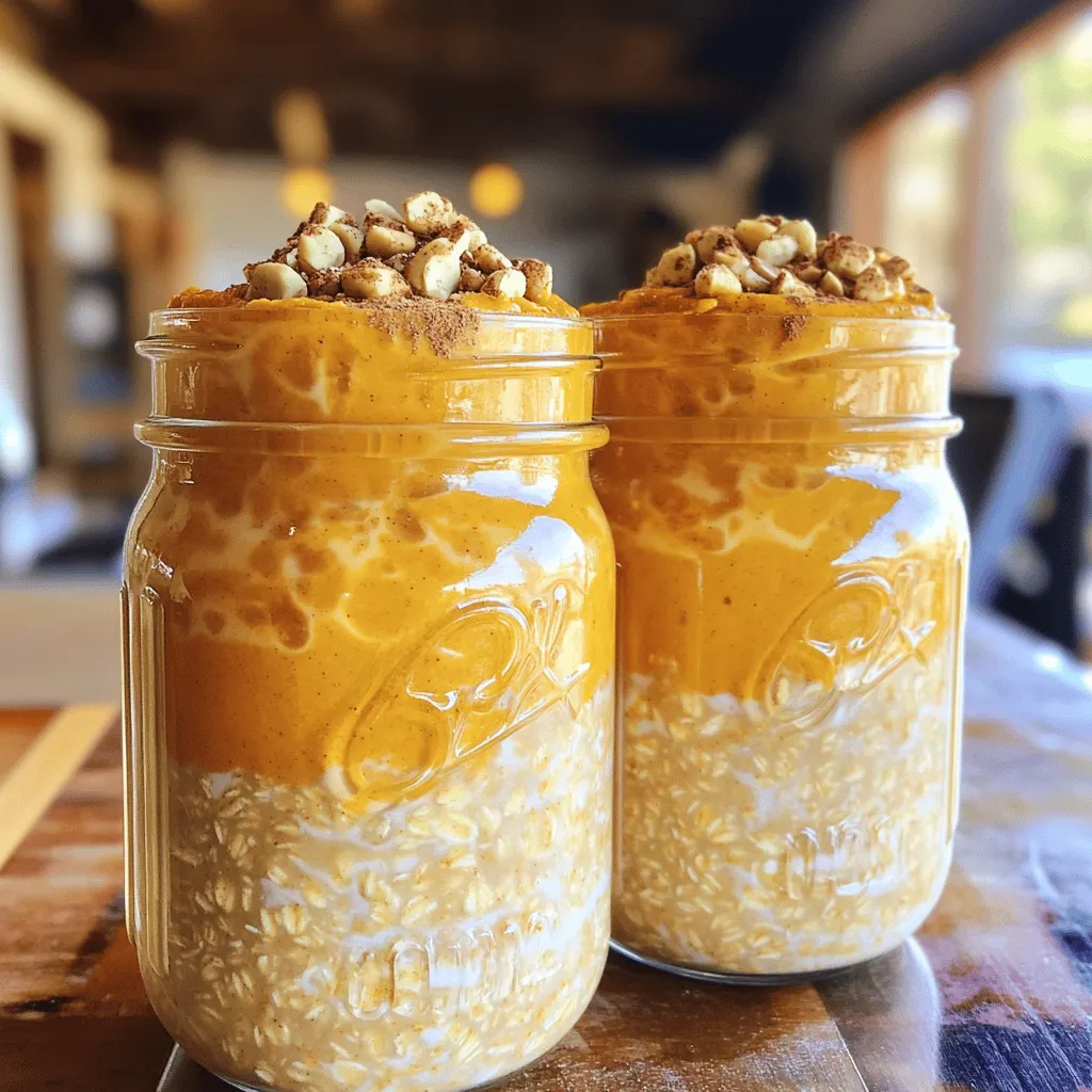 To make Pumpkin Spice Overnight Oats, gather these simple ingredients: - 1 cup rolled oats - 1 cup almond milk (or any milk of choice) - ½ cup canned pumpkin puree - 1 tablespoon chia seeds - 2 tablespoons maple syrup (or honey) - 1 teaspoon pumpkin pie spice - ½ teaspoon vanilla extract - A pinch of salt - ¼ cup Greek yogurt (optional for creaminess) - Crushed nuts or granola for topping (optional) These ingredients bring together the warm flavors of fall. The oats serve as the base, while pumpkin adds creaminess. Chia seeds help the oats thicken. Maple syrup gives it sweetness. Pumpkin pie spice brings that cozy taste. You can change the milk type to fit your diet. Greek yogurt adds a creamy texture, but it's not a must. Toppings like nuts or granola add crunch and flavor. You can also try different toppings based on your taste. For the full recipe, click here: [Full Recipe]. To make pumpkin spice overnight oats, start by mixing your dry ingredients in a large bowl. Here’s what you need: rolled oats, chia seeds, pumpkin puree, maple syrup, pumpkin pie spice, vanilla extract, and a pinch of salt. Stir them well to blend the flavors. Next, slowly pour in the almond milk. If you want a creamier texture, add Greek yogurt at this stage. Mix everything until the oats are well coated. After that, divide the mixture evenly into two jars or airtight containers. Once you have your jars ready, seal them tightly. Place them in the refrigerator overnight. This step is key! It allows the oats to soak up the liquid and soften. If you’re short on time, let them chill for at least four hours. In the morning, take your jars out and give them a good stir. If you like your oats thinner, add a splash of milk. Now it’s time to get creative with toppings! I love adding crushed nuts or granola for a nice crunch. A sprinkle of extra pumpkin pie spice can add a lovely touch, too. Enjoy your delicious pumpkin spice overnight oats! To make great pumpkin spice overnight oats, start with a whisk. Using a whisk helps mix all the ingredients smoothly. This avoids clumps and makes your mixture creamy. I suggest letting the oats sit longer. If you let them sit for more than four hours, they become creamier and more flavorful. You can easily adjust the sweetness to fit your taste. Add more or less maple syrup based on your preference. If you have dietary needs, feel free to swap out ingredients. For example, use coconut milk instead of almond milk. You can also leave out the yogurt for a dairy-free option. When serving your oats, think about adding fresh fruit. Slices of banana or berries make a nice touch. You could also add a dollop of nut butter. This adds protein and richness. For a crunchy finish, sprinkle crushed nuts or granola on top. It makes every bite exciting! For the complete recipe, check out [Full Recipe]. {{image_2}} You can switch up the taste of your pumpkin spice overnight oats. Here are two great ideas: - Chocolate pumpkin spice oats: Just add two tablespoons of cocoa powder to the mix. This gives a rich chocolate flavor. It pairs well with pumpkin spice. You can also top it with chocolate chips for a treat. - Apple cinnamon version: Replace the pumpkin puree with ½ cup of applesauce. Add a teaspoon of cinnamon for warmth. This adds a fresh and fruity taste to your oats. You can easily adjust this recipe to fit your diet. Here are some options: - Vegan options: Use almond milk and skip the Greek yogurt. You can add a little more chia seeds for creaminess. This keeps it plant-based and delicious. - Gluten-free modifications: Use gluten-free oats instead of regular oats. This makes your breakfast safe for those who need it. You can still enjoy all the flavors without worry. Toppings can make your oats even better. Here are some fun ideas: - Fresh cranberries for a fall twist: Add a handful of fresh cranberries on top. Their tartness pairs well with the sweet oats. This adds a nice pop of color too. - Coconut flakes for added texture: Sprinkle some coconut flakes on your oats. This adds a crunchy texture and a hint of tropical flavor. It's a simple way to make your breakfast even more special. Feel free to explore these variations and make your pumpkin spice overnight oats your own! You can find the full recipe to get started. To keep your pumpkin spice overnight oats fresh, use airtight containers. This step prevents air from spoiling your oats. Store the jars in your fridge. Avoid leaving them out at room temperature. You can store your pumpkin spice overnight oats in the fridge for up to five days. After that, they may lose flavor and texture. If you notice any odd smells or colors, it’s best to toss them out. You can freeze overnight oats for up to three months. To freeze, pour the mixture into a freezer-safe container. Leave some space at the top, as it will expand when frozen. When you're ready to eat, move it to the fridge overnight to thaw. Stir well before serving. For a quick option, you can microwave it straight from the freezer, but add a splash of milk for moisture. Enjoy your pumpkin spice creation! Check out the Full Recipe for more details. Pumpkin Spice Overnight Oats are not just delicious; they are also nutritious. Here’s a quick breakdown: - Calories: About 350 per serving - Carbohydrates: 55 grams - Protein: 10 grams - Fat: 10 grams - Fiber: 8 grams These oats provide a good mix of carbs, protein, and healthy fats. The pumpkin adds vitamins A and C, making it a healthy meal choice. Yes! You can prepare these oats in bulk. Here are my tips: - Make a batch for the week. Store in airtight jars. - Layer the ingredients in jars. This keeps flavors fresh. - You can also freeze portions. Just thaw in the fridge overnight. This method saves time on busy mornings while keeping your breakfast healthy and tasty. Toppings can take your oats to the next level. Here are my favorite suggestions: - Crushed nuts: They add a nice crunch and healthy fats. - Granola: For added texture and sweetness. - Fresh fruit: Sliced bananas or apples pair well with pumpkin. - Yogurt: A dollop of Greek yogurt boosts creaminess and protein. Feel free to mix and match your toppings for fun and flavor! For the full recipe, check out the instructions above. Pumpkin Spice Overnight Oats are easy to make and fun to customize. You mix simple ingredients, let them chill overnight, and enjoy a tasty breakfast. Remember, you can tweak the flavors and add your favorite toppings. Try different nuts, fruits, or spices to make the recipe your own. These oats store well, so you can prepare meals in advance. With a little prep, you’ll have a delicious and nourishing start to your day. Enjoy your pumpkin spice mornings!