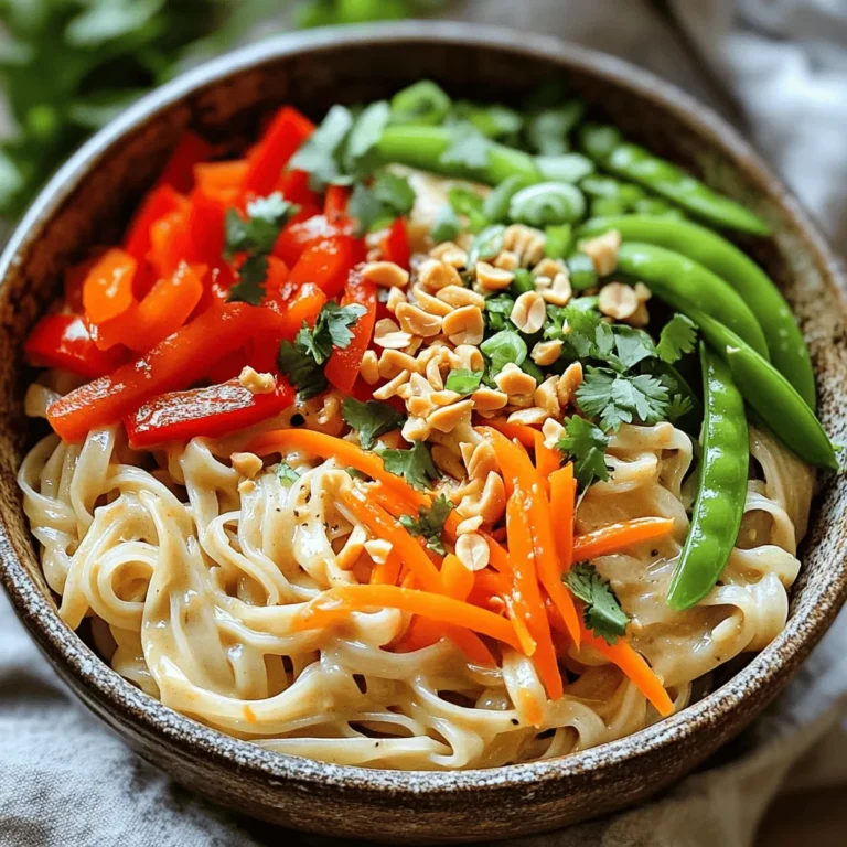 To make Spicy Thai Peanut Noodles, you need some key ingredients. Here’s what you will use: - 8 oz rice noodles - 1 tablespoon sesame oil - 1 red bell pepper, sliced - 1 carrot, julienned - 1 cup sugar snap peas, trimmed - 3 green onions, chopped - 1/4 cup cilantro, chopped - 1/4 cup peanuts, crushed (plus extra for garnish) These ingredients create a vibrant dish full of flavor and texture. The peanut sauce is what makes this dish shine. Here are the ingredients you'll need: - 1/2 cup peanut butter - 1 tablespoon soy sauce - 2 tablespoons lime juice - 2 tablespoons honey or maple syrup - 1 tablespoon sriracha (adjust for spice level) - 1 clove garlic, minced - 1/4 cup warm water (for thinning) This sauce is creamy, tangy, and spicy, perfect for coating the noodles. Garnishes add a nice touch to the dish. Consider these options: - Extra crushed peanuts for crunch - More chopped green onions for freshness - Lime wedges for extra zing - Sliced chili peppers for heat These garnishes enhance the look and flavor of your dish. For the full recipe, check out the details in the [Full Recipe]. Start by boiling a big pot of water. Once it bubbles, add the rice noodles. Cook them based on the package instructions until they are al dente. This usually takes about 4 to 6 minutes. After cooking, drain the noodles. Rinse them under cold water to stop the cooking process. Set them aside for later. In a medium bowl, mix the peanut butter, soy sauce, lime juice, honey or maple syrup, sriracha, and minced garlic. Use a whisk to blend it well until it's smooth and creamy. If the sauce is too thick, add warm water a little at a time. Keep mixing until you reach your desired consistency. Grab a large skillet and heat the sesame oil over medium heat. Once hot, add the sliced red bell pepper, julienned carrot, and sugar snap peas. Stir-fry these veggies for about 3 to 4 minutes. You want them to be tender but still a bit crisp. This keeps them vibrant and full of flavor. Add the cooked rice noodles to your skillet with the veggies. Pour the peanut sauce over everything. Toss the noodles, veggies, and sauce together. Make sure all the noodles are well coated and mixed evenly. This step brings all the flavors together! Once everything is combined, remove the skillet from heat. Stir in the chopped green onions and cilantro for freshness. Serve the noodles in bowls. For a nice touch, sprinkle crushed peanuts on top for added crunch. Enjoy your meal with friends or family! To make your peanut sauce just right, start with creamy peanut butter. I like to use natural peanut butter, as it gives a rich flavor. Mix the peanut butter with soy sauce, lime juice, honey, sriracha, and minced garlic. Then, add warm water slowly. This helps you control the thickness. If your sauce is too thick, add more water a little at a time. If it’s too thin, add more peanut butter. The perfect sauce should be smooth and pourable, but not runny. Spice can change everything in this dish! If you like it mild, use less sriracha. Start with one teaspoon and taste as you go. You can always add more for heat. If you want it spicier, try adding chili flakes or a splash of hot sauce. Balance is key. You can also add sweet ingredients like honey to tone down the heat. Everyone’s taste is different, so feel free to adjust until it’s just how you like it. Cooking rice noodles is simple, but some tips help. First, always boil water before adding the noodles. This keeps them from sticking. Cook according to the package instructions, usually about 4-6 minutes. Test them for doneness; they should be tender but firm. After cooking, drain and rinse them under cold water. This stops the cooking process and prevents clumping. Toss them with a little sesame oil if you like, to keep them separate. Follow these tips, and your noodles will turn out perfectly every time! {{image_2}} You can make Spicy Thai Peanut Noodles heartier by adding protein. Chicken, shrimp, or tofu work well. For chicken, cook thin strips in the skillet until no longer pink. For shrimp, add them just before the noodles, cooking until they turn pink. If you prefer tofu, use firm or extra-firm tofu. Cube it and sauté until golden. This adds flavor and texture. For a vegetarian or vegan dish, use tofu or mushrooms as your protein. Replace honey with maple syrup to keep it vegan. You can also add more vegetables. Broccoli, bok choy, or zucchini are great choices. They add crunch and nutrients while keeping the dish vibrant and fresh. You can swap in various vegetables based on your taste. Here are some options: - Broccoli: Adds fiber and vitamins C and K. - Bell Peppers: Boosts vitamin A and antioxidants. - Spinach: Rich in iron and helps with muscle function. - Carrots: Provides beta-carotene for eye health. These alternatives not only improve nutrition but also make your dish colorful and exciting. For the full recipe, check out the instructions above to create a dish that’s perfect for any occasion. Store your Spicy Thai Peanut Noodles in an airtight container. Make sure to cool them to room temperature before sealing. Keep them in the fridge for up to three days. This way, the noodles stay fresh and tasty. If you want to keep them longer, consider freezing them. To reheat, simply take your noodles out of the fridge. Place them in a microwave-safe bowl. Add a splash of water to keep them moist. Cover the bowl and heat for 1-2 minutes. Stir halfway to ensure even heating. You can also reheat them on the stove. Just warm them in a pan over low heat until hot. If you freeze your Spicy Thai Peanut Noodles, they can last up to three months. Use a freezer-safe container or bag. Make sure to remove as much air as possible. When you’re ready to eat, thaw them overnight in the fridge. Reheat as mentioned before. The flavors will still be great, but the texture may change slightly. Enjoy your meal anytime! You can use almond butter or sunflower seed butter. Both options taste great. They give a similar creamy texture. If you want a nut-free option, go for sunflower seed butter. It adds a nice flavor and works well with the sauce. Yes, you can prep the noodles and sauce ahead. Store them separately in the fridge. This way, they stay fresh. When ready to eat, just combine and heat them. This saves time for busy days and still tastes delicious. For a gluten-free version, swap soy sauce for tamari. Tamari has a similar taste but is gluten-free. Also, ensure your rice noodles are certified gluten-free. This way, you enjoy the flavors without worry. You can add fresh lime juice for brightness. Chopped peanuts give a nice crunch. Sliced jalapeños can add heat, if you like spice. Fresh herbs like basil or mint can also give a refreshing kick. Feel free to get creative! Spicy Thai Peanut Noodles combine great flavors and easy steps. You learned about essential ingredients, like the rich peanut sauce and tasty garnishes. I shared tips for perfecting sauce and noodle texture, plus ways to customize heat. You can add protein or go vegan too. Don't forget about storing and reheating for future meals. Experiment to find your ideal mix and enjoy every bite! These noodles are not just a meal, but a chance to get creative. Happy cooking!