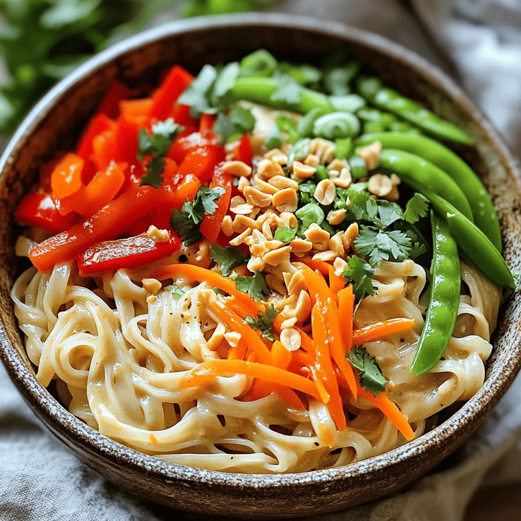To make Spicy Thai Peanut Noodles, you need some key ingredients. Here’s what you will use: - 8 oz rice noodles - 1 tablespoon sesame oil - 1 red bell pepper, sliced - 1 carrot, julienned - 1 cup sugar snap peas, trimmed - 3 green onions, chopped - 1/4 cup cilantro, chopped - 1/4 cup peanuts, crushed (plus extra for garnish) These ingredients create a vibrant dish full of flavor and texture. The peanut sauce is what makes this dish shine. Here are the ingredients you'll need: - 1/2 cup peanut butter - 1 tablespoon soy sauce - 2 tablespoons lime juice - 2 tablespoons honey or maple syrup - 1 tablespoon sriracha (adjust for spice level) - 1 clove garlic, minced - 1/4 cup warm water (for thinning) This sauce is creamy, tangy, and spicy, perfect for coating the noodles. Garnishes add a nice touch to the dish. Consider these options: - Extra crushed peanuts for crunch - More chopped green onions for freshness - Lime wedges for extra zing - Sliced chili peppers for heat These garnishes enhance the look and flavor of your dish. For the full recipe, check out the details in the [Full Recipe]. Start by boiling a big pot of water. Once it bubbles, add the rice noodles. Cook them based on the package instructions until they are al dente. This usually takes about 4 to 6 minutes. After cooking, drain the noodles. Rinse them under cold water to stop the cooking process. Set them aside for later. In a medium bowl, mix the peanut butter, soy sauce, lime juice, honey or maple syrup, sriracha, and minced garlic. Use a whisk to blend it well until it's smooth and creamy. If the sauce is too thick, add warm water a little at a time. Keep mixing until you reach your desired consistency. Grab a large skillet and heat the sesame oil over medium heat. Once hot, add the sliced red bell pepper, julienned carrot, and sugar snap peas. Stir-fry these veggies for about 3 to 4 minutes. You want them to be tender but still a bit crisp. This keeps them vibrant and full of flavor. Add the cooked rice noodles to your skillet with the veggies. Pour the peanut sauce over everything. Toss the noodles, veggies, and sauce together. Make sure all the noodles are well coated and mixed evenly. This step brings all the flavors together! Once everything is combined, remove the skillet from heat. Stir in the chopped green onions and cilantro for freshness. Serve the noodles in bowls. For a nice touch, sprinkle crushed peanuts on top for added crunch. Enjoy your meal with friends or family! To make your peanut sauce just right, start with creamy peanut butter. I like to use natural peanut butter, as it gives a rich flavor. Mix the peanut butter with soy sauce, lime juice, honey, sriracha, and minced garlic. Then, add warm water slowly. This helps you control the thickness. If your sauce is too thick, add more water a little at a time. If it’s too thin, add more peanut butter. The perfect sauce should be smooth and pourable, but not runny. Spice can change everything in this dish! If you like it mild, use less sriracha. Start with one teaspoon and taste as you go. You can always add more for heat. If you want it spicier, try adding chili flakes or a splash of hot sauce. Balance is key. You can also add sweet ingredients like honey to tone down the heat. Everyone’s taste is different, so feel free to adjust until it’s just how you like it. Cooking rice noodles is simple, but some tips help. First, always boil water before adding the noodles. This keeps them from sticking. Cook according to the package instructions, usually about 4-6 minutes. Test them for doneness; they should be tender but firm. After cooking, drain and rinse them under cold water. This stops the cooking process and prevents clumping. Toss them with a little sesame oil if you like, to keep them separate. Follow these tips, and your noodles will turn out perfectly every time! {{image_2}} You can make Spicy Thai Peanut Noodles heartier by adding protein. Chicken, shrimp, or tofu work well. For chicken, cook thin strips in the skillet until no longer pink. For shrimp, add them just before the noodles, cooking until they turn pink. If you prefer tofu, use firm or extra-firm tofu. Cube it and sauté until golden. This adds flavor and texture. For a vegetarian or vegan dish, use tofu or mushrooms as your protein. Replace honey with maple syrup to keep it vegan. You can also add more vegetables. Broccoli, bok choy, or zucchini are great choices. They add crunch and nutrients while keeping the dish vibrant and fresh. You can swap in various vegetables based on your taste. Here are some options: - Broccoli: Adds fiber and vitamins C and K. - Bell Peppers: Boosts vitamin A and antioxidants. - Spinach: Rich in iron and helps with muscle function. - Carrots: Provides beta-carotene for eye health. These alternatives not only improve nutrition but also make your dish colorful and exciting. For the full recipe, check out the instructions above to create a dish that’s perfect for any occasion. Store your Spicy Thai Peanut Noodles in an airtight container. Make sure to cool them to room temperature before sealing. Keep them in the fridge for up to three days. This way, the noodles stay fresh and tasty. If you want to keep them longer, consider freezing them. To reheat, simply take your noodles out of the fridge. Place them in a microwave-safe bowl. Add a splash of water to keep them moist. Cover the bowl and heat for 1-2 minutes. Stir halfway to ensure even heating. You can also reheat them on the stove. Just warm them in a pan over low heat until hot. If you freeze your Spicy Thai Peanut Noodles, they can last up to three months. Use a freezer-safe container or bag. Make sure to remove as much air as possible. When you’re ready to eat, thaw them overnight in the fridge. Reheat as mentioned before. The flavors will still be great, but the texture may change slightly. Enjoy your meal anytime! You can use almond butter or sunflower seed butter. Both options taste great. They give a similar creamy texture. If you want a nut-free option, go for sunflower seed butter. It adds a nice flavor and works well with the sauce. Yes, you can prep the noodles and sauce ahead. Store them separately in the fridge. This way, they stay fresh. When ready to eat, just combine and heat them. This saves time for busy days and still tastes delicious. For a gluten-free version, swap soy sauce for tamari. Tamari has a similar taste but is gluten-free. Also, ensure your rice noodles are certified gluten-free. This way, you enjoy the flavors without worry. You can add fresh lime juice for brightness. Chopped peanuts give a nice crunch. Sliced jalapeños can add heat, if you like spice. Fresh herbs like basil or mint can also give a refreshing kick. Feel free to get creative! Spicy Thai Peanut Noodles combine great flavors and easy steps. You learned about essential ingredients, like the rich peanut sauce and tasty garnishes. I shared tips for perfecting sauce and noodle texture, plus ways to customize heat. You can add protein or go vegan too. Don't forget about storing and reheating for future meals. Experiment to find your ideal mix and enjoy every bite! These noodles are not just a meal, but a chance to get creative. Happy cooking!