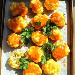 To make Buffalo Cauliflower Bites, you need some key ingredients. Here’s a quick list for you: - 1 large head of cauliflower, cut into bite-sized florets - 1 cup all-purpose flour (or gluten-free flour) - 1 cup unsweetened plant milk (like almond or oat milk) - 1 teaspoon garlic powder - 1 teaspoon onion powder - 1 teaspoon paprika - 1/2 teaspoon cayenne pepper (adjust for spice level) - Salt and pepper to taste - 1 cup buffalo sauce (store-bought or homemade) - 1 tablespoon olive oil - Fresh parsley for garnish (optional) These ingredients work together to create tasty bites. The cauliflower acts as the main star. The flour and plant milk form a light batter. The spices add flavor and a kick. You can also use optional ingredients to boost the flavor. Try adding: - A dash of smoked paprika for a deeper taste - A sprinkle of nutritional yeast for a cheesy flavor - Fresh herbs like thyme or oregano for an earthy touch These extras can enhance your Buffalo Cauliflower Bites. Experimenting with flavors keeps things fun and exciting. Here’s the nutritional breakdown per serving (about 4 bites): - Calories: 150 - Protein: 5 grams - Fat: 7 grams - Carbohydrates: 18 grams - Fiber: 3 grams Buffalo Cauliflower Bites are a healthier option compared to traditional buffalo wings. They pack flavor without the extra calories. They are also rich in nutrients, thanks to the cauliflower. Eating them makes you feel good about your choices. For the complete recipe, check out the Full Recipe section above! Start by washing the cauliflower. Make sure to remove any dirt or debris. Cut it into bite-sized florets. This size helps them cook evenly. Aim for pieces that are about one to two inches. Larger pieces may not cook through, while smaller ones may burn. Once cut, set them aside. In a large bowl, mix the flour and plant milk. You want a smooth batter, so whisk it well. Add garlic powder, onion powder, paprika, cayenne pepper, salt, and pepper. This mix adds great flavor. The batter should be thick enough to coat the florets, but not too thick. If it feels too thick, add a splash more milk. Preheat your oven to 450°F (232°C). Line a baking sheet with parchment paper for easy cleanup. Dip each cauliflower floret in the batter. Make sure each piece is fully coated. Place them in a single layer on the baking sheet. Bake for 20-25 minutes, flipping them halfway. They should look golden and crispy. While baking, mix the buffalo sauce and olive oil in a small bowl. This combo helps balance the heat. After the initial bake, drizzle this sauce over the florets. Toss gently to coat them evenly. Return to the oven for another 10-15 minutes. You want the sauce to caramelize slightly. Once done, let the bites cool for a couple of minutes. Garnish with fresh parsley if you want. Now, your buffalo cauliflower bites are ready to enjoy. For more detailed instructions, check the Full Recipe. To get that perfect crispiness, you need to follow a few steps. First, preheat your oven to 450°F (232°C). This high heat helps the batter turn golden and crispy. Next, make sure to coat each cauliflower floret well in the batter. A good coat keeps moisture in and helps the outside crisp up. When you bake them, place the florets in a single layer on your baking sheet. Crowding them can trap steam, which makes them soggy. Flip them halfway through baking to ensure even crispness on both sides. For extra crunch, try adding a bit of cornstarch to the batter. Buffalo sauce brings the heat. If you want a milder flavor, reduce the cayenne pepper in the batter. You can also use less buffalo sauce when coating. Start with half the amount and taste before adding more. For those who love heat, try adding more cayenne or use a hotter sauce. Mixing different hot sauces can create unique flavors. Just remember to taste as you go along! Here are some tools that can help you make the best Buffalo Cauliflower Bites: - Baking Sheet: A sturdy baking sheet helps with even cooking. - Parchment Paper: This keeps the bites from sticking and makes cleanup easy. - Mixing Bowls: Use one for the batter and another for tossing the florets. - Whisk: A whisk helps you mix the batter smoothly. - Tongs: Tongs make it easy to flip the florets without breaking them. These tools will make your cooking experience smoother and more enjoyable. For the full recipe, refer back to the main article. {{image_2}} You can easily make these bites vegan. Use plant milk and gluten-free flour. This keeps the recipe tasty and plant-based. The batter still stays rich and crispy. Just follow the same steps in the Full Recipe, and you’ll have a vegan treat everyone can enjoy. Buffalo sauce is classic, but feel free to experiment. Try barbecue sauce for a sweet twist. Hot honey can add a sweet heat. You might even love a garlic parmesan sauce. These options keep your meals fresh and exciting. Just coat the baked cauliflower in any sauce you prefer. To make these bites gluten-free, swap regular flour for gluten-free flour. There are many options, like almond or chickpea flour. They work great and keep the texture crispy. The sauce remains the same, so no need to change that part. Enjoy your gluten-free Buffalo Cauliflower Bites without missing out! After you enjoy your Buffalo Cauliflower Bites, you may have some left. To keep them fresh, let them cool completely. Place them in an airtight container. Store in the fridge for up to three days. This helps keep their flavor and texture. When you’re ready to eat the leftovers, reheating is key. Preheat your oven to 350°F (175°C). Spread the cauliflower bites on a baking sheet. Heat them for about 10-15 minutes. This method keeps them crispy. You can also use an air fryer at 350°F (175°C) for 5-7 minutes. You can freeze Buffalo Cauliflower Bites for later enjoyment. First, let them cool completely. Arrange them in a single layer on a baking sheet. Freeze them for about an hour until solid. Then, transfer them to a freezer-safe bag. They can last up to three months in the freezer. When you’re ready to eat, bake them straight from the freezer. Just add a few extra minutes to the cooking time. Enjoy your crispy treat anytime! For the full recipe, check out the [Full Recipe]. Yes, you can prepare Buffalo Cauliflower Bites ahead of time. I recommend baking them first. After baking, let them cool. Then, store them in an airtight container in the fridge. You can make these bites a day in advance. When you're ready to eat, just reheat them in the oven. This keeps them crispy. Making homemade buffalo sauce is simple. You need just a few ingredients. Start with 1 cup of hot sauce. Add 1/2 cup of melted butter. Mix in 1 tablespoon of vinegar and a dash of garlic powder. Adjust the flavor to your liking. If you want less heat, use less hot sauce. This sauce gives a perfect kick to your bites! There are many great ways to serve Buffalo Cauliflower Bites. Here are some ideas: - Pair them with ranch or blue cheese dressing. - Serve with fresh veggies like celery and carrots. - Add them to a salad for extra flavor. - Use them as a topping for nachos. - Try them in a wrap with lettuce and sauce. These ideas will make your Buffalo Cauliflower Bites even more fun! For the complete recipe, check out the Full Recipe. In this article, I covered how to make Buffalo Cauliflower Bites. We explored key ingredients, preparation steps, and tips for crispiness. I also shared fun variations and helpful storage info. These bites are a tasty snack for any occasion. Enjoy them with friends, or as a healthy treat. Now you can whip up these flavorful bites with ease! Happy cooking!