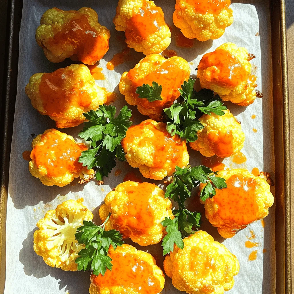 To make Buffalo Cauliflower Bites, you need some key ingredients. Here’s a quick list for you: - 1 large head of cauliflower, cut into bite-sized florets - 1 cup all-purpose flour (or gluten-free flour) - 1 cup unsweetened plant milk (like almond or oat milk) - 1 teaspoon garlic powder - 1 teaspoon onion powder - 1 teaspoon paprika - 1/2 teaspoon cayenne pepper (adjust for spice level) - Salt and pepper to taste - 1 cup buffalo sauce (store-bought or homemade) - 1 tablespoon olive oil - Fresh parsley for garnish (optional) These ingredients work together to create tasty bites. The cauliflower acts as the main star. The flour and plant milk form a light batter. The spices add flavor and a kick. You can also use optional ingredients to boost the flavor. Try adding: - A dash of smoked paprika for a deeper taste - A sprinkle of nutritional yeast for a cheesy flavor - Fresh herbs like thyme or oregano for an earthy touch These extras can enhance your Buffalo Cauliflower Bites. Experimenting with flavors keeps things fun and exciting. Here’s the nutritional breakdown per serving (about 4 bites): - Calories: 150 - Protein: 5 grams - Fat: 7 grams - Carbohydrates: 18 grams - Fiber: 3 grams Buffalo Cauliflower Bites are a healthier option compared to traditional buffalo wings. They pack flavor without the extra calories. They are also rich in nutrients, thanks to the cauliflower. Eating them makes you feel good about your choices. For the complete recipe, check out the Full Recipe section above! Start by washing the cauliflower. Make sure to remove any dirt or debris. Cut it into bite-sized florets. This size helps them cook evenly. Aim for pieces that are about one to two inches. Larger pieces may not cook through, while smaller ones may burn. Once cut, set them aside. In a large bowl, mix the flour and plant milk. You want a smooth batter, so whisk it well. Add garlic powder, onion powder, paprika, cayenne pepper, salt, and pepper. This mix adds great flavor. The batter should be thick enough to coat the florets, but not too thick. If it feels too thick, add a splash more milk. Preheat your oven to 450°F (232°C). Line a baking sheet with parchment paper for easy cleanup. Dip each cauliflower floret in the batter. Make sure each piece is fully coated. Place them in a single layer on the baking sheet. Bake for 20-25 minutes, flipping them halfway. They should look golden and crispy. While baking, mix the buffalo sauce and olive oil in a small bowl. This combo helps balance the heat. After the initial bake, drizzle this sauce over the florets. Toss gently to coat them evenly. Return to the oven for another 10-15 minutes. You want the sauce to caramelize slightly. Once done, let the bites cool for a couple of minutes. Garnish with fresh parsley if you want. Now, your buffalo cauliflower bites are ready to enjoy. For more detailed instructions, check the Full Recipe. To get that perfect crispiness, you need to follow a few steps. First, preheat your oven to 450°F (232°C). This high heat helps the batter turn golden and crispy. Next, make sure to coat each cauliflower floret well in the batter. A good coat keeps moisture in and helps the outside crisp up. When you bake them, place the florets in a single layer on your baking sheet. Crowding them can trap steam, which makes them soggy. Flip them halfway through baking to ensure even crispness on both sides. For extra crunch, try adding a bit of cornstarch to the batter. Buffalo sauce brings the heat. If you want a milder flavor, reduce the cayenne pepper in the batter. You can also use less buffalo sauce when coating. Start with half the amount and taste before adding more. For those who love heat, try adding more cayenne or use a hotter sauce. Mixing different hot sauces can create unique flavors. Just remember to taste as you go along! Here are some tools that can help you make the best Buffalo Cauliflower Bites: - Baking Sheet: A sturdy baking sheet helps with even cooking. - Parchment Paper: This keeps the bites from sticking and makes cleanup easy. - Mixing Bowls: Use one for the batter and another for tossing the florets. - Whisk: A whisk helps you mix the batter smoothly. - Tongs: Tongs make it easy to flip the florets without breaking them. These tools will make your cooking experience smoother and more enjoyable. For the full recipe, refer back to the main article. {{image_2}} You can easily make these bites vegan. Use plant milk and gluten-free flour. This keeps the recipe tasty and plant-based. The batter still stays rich and crispy. Just follow the same steps in the Full Recipe, and you’ll have a vegan treat everyone can enjoy. Buffalo sauce is classic, but feel free to experiment. Try barbecue sauce for a sweet twist. Hot honey can add a sweet heat. You might even love a garlic parmesan sauce. These options keep your meals fresh and exciting. Just coat the baked cauliflower in any sauce you prefer. To make these bites gluten-free, swap regular flour for gluten-free flour. There are many options, like almond or chickpea flour. They work great and keep the texture crispy. The sauce remains the same, so no need to change that part. Enjoy your gluten-free Buffalo Cauliflower Bites without missing out! After you enjoy your Buffalo Cauliflower Bites, you may have some left. To keep them fresh, let them cool completely. Place them in an airtight container. Store in the fridge for up to three days. This helps keep their flavor and texture. When you’re ready to eat the leftovers, reheating is key. Preheat your oven to 350°F (175°C). Spread the cauliflower bites on a baking sheet. Heat them for about 10-15 minutes. This method keeps them crispy. You can also use an air fryer at 350°F (175°C) for 5-7 minutes. You can freeze Buffalo Cauliflower Bites for later enjoyment. First, let them cool completely. Arrange them in a single layer on a baking sheet. Freeze them for about an hour until solid. Then, transfer them to a freezer-safe bag. They can last up to three months in the freezer. When you’re ready to eat, bake them straight from the freezer. Just add a few extra minutes to the cooking time. Enjoy your crispy treat anytime! For the full recipe, check out the [Full Recipe]. Yes, you can prepare Buffalo Cauliflower Bites ahead of time. I recommend baking them first. After baking, let them cool. Then, store them in an airtight container in the fridge. You can make these bites a day in advance. When you're ready to eat, just reheat them in the oven. This keeps them crispy. Making homemade buffalo sauce is simple. You need just a few ingredients. Start with 1 cup of hot sauce. Add 1/2 cup of melted butter. Mix in 1 tablespoon of vinegar and a dash of garlic powder. Adjust the flavor to your liking. If you want less heat, use less hot sauce. This sauce gives a perfect kick to your bites! There are many great ways to serve Buffalo Cauliflower Bites. Here are some ideas: - Pair them with ranch or blue cheese dressing. - Serve with fresh veggies like celery and carrots. - Add them to a salad for extra flavor. - Use them as a topping for nachos. - Try them in a wrap with lettuce and sauce. These ideas will make your Buffalo Cauliflower Bites even more fun! For the complete recipe, check out the Full Recipe. In this article, I covered how to make Buffalo Cauliflower Bites. We explored key ingredients, preparation steps, and tips for crispiness. I also shared fun variations and helpful storage info. These bites are a tasty snack for any occasion. Enjoy them with friends, or as a healthy treat. Now you can whip up these flavorful bites with ease! Happy cooking!
