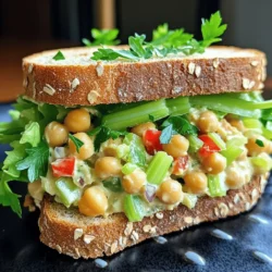 - 1 can (15 oz) chickpeas, rinsed and drained - 1/4 cup plain Greek yogurt (or vegan yogurt) - 4 slices whole grain bread - Lettuce leaves, for serving - 1 tablespoon Dijon mustard - 1 tablespoon lemon juice - 1/2 teaspoon garlic powder - 1/2 teaspoon onion powder - 1/4 teaspoon cumin - Salt and pepper to taste - 1/2 cup diced celery - 1/4 cup diced red bell pepper - 2 green onions, chopped - Optional: 1/4 cup chopped fresh parsley or cilantro for garnish I love using chickpeas in my salad sandwiches. They are packed with protein and fiber. For this recipe, start with one can of chickpeas. Rinse and drain them. This step helps remove excess sodium. Next, I mix in Greek yogurt. It adds creaminess and tang. You can use vegan yogurt if you prefer. Then, grab your whole grain bread. I like to use four slices. It gives the sandwich a nice base. Now, let’s talk seasonings. I add one tablespoon of Dijon mustard for a zesty kick. The lemon juice brightens the flavors. Garlic powder and onion powder give depth. Don't forget a touch of cumin. It warms the dish up. Always taste and adjust with salt and pepper. For crunch, I add diced celery and red bell pepper. They provide a fresh bite. Finally, chop two green onions for a mild onion flavor. If you love herbs, throw in some parsley or cilantro. It makes the sandwich pop! You can find the full recipe at the end of this article. Enjoy making your delicious chickpea salad sandwich! First, take your can of chickpeas. Rinse and drain them well. Then, place them in a bowl. Use a fork or a potato masher to mash the chickpeas. You want them mostly broken down but still a bit chunky. This gives your salad a nice texture. Next, add in the plain Greek yogurt, Dijon mustard, lemon juice, garlic powder, onion powder, cumin, salt, and pepper. Mix everything well until it becomes creamy and smooth. Now, it’s time to add some crunch! Fold in the diced celery, red bell pepper, and chopped green onions. These veggies add color and flavor. Make sure they are evenly mixed in. After this, taste your mixture. If it needs more flavor, adjust the seasoning with extra salt or pepper. If you like a bit of crunch, lightly toast your whole grain bread slices. This step is optional but gives a nice bite. Now, take two slices of your bread. Spread a generous amount of the chickpea mixture on each slice. Top it with fresh lettuce leaves for a crisp finish. Finally, place the other slices of bread on top. Slice the sandwich in half and enjoy your healthy meal! You can find the full recipe for this tasty dish in the previous section. To make a great chickpea mixture, aim for a creamy yet textured blend. You want some chunks for a nice bite. Use a fork or a potato masher to break down the chickpeas. This method helps keep some texture. Mashing by hand gives you control over how smooth or chunky it gets. To boost flavor, try different spices or herbs. Add a pinch of smoked paprika or fresh dill for a twist. If you like heat, a few drops of hot sauce can add a kick. Experimenting with flavors keeps each sandwich exciting. Don't be afraid to adjust based on your taste! Pair your chickpea salad sandwich with a side salad or crunchy chips. This combo balances flavors and textures well. For a lighter meal, serve the sandwich open-faced. Just spread the chickpea mixture on one slice of bread and add your toppings. This way, you enjoy all the flavors without feeling too full. {{image_2}} You can easily make this sandwich vegan. Simply swap Greek yogurt with vegan yogurt. This change still keeps it creamy and delicious. You can also add mashed avocado for an extra layer of creaminess. Avocado pairs wonderfully with chickpeas and brings healthy fats to your meal. If you need a gluten-free choice, don’t worry! Use gluten-free bread instead of whole grain. You can also skip the bread and use lettuce wraps. This option keeps your meal light and fresh while still full of flavor. Want to change up the taste? Try adding roasted red peppers or olives for a salty kick. These ingredients add depth and richness to the sandwich. You can also experiment with fresh herbs like dill or basil. Herbs can brighten the flavor and make your sandwich even more exciting. You should store leftover chickpea mixture in an airtight container. This helps keep it fresh. You can enjoy it within 3 days for the best taste. After 3 days, it may lose its flavor and crunch. Can the chickpea mixture be frozen? Yes, it can! To freeze, place the mixture in a freezer-safe bag. Remove as much air as you can before sealing. When you want to use it, take it out and thaw it in the fridge overnight. You can then reuse it for sandwiches or wraps. To keep your sandwich fresh, keep the bread separate from the filling. This stops the bread from getting soggy. You can store the ingredients in a way that maintains their crunchiness. For example, pack the chickpea mix in one container and the bread in another. This way, each bite remains delightful! It takes only 10 minutes to prepare a Chickpea Salad Sandwich. The prep time is quick, making it perfect for busy days. You can enjoy a tasty meal in no time! Yes, you can make the chickpea mixture ahead of time. Just prepare the filling and store it in the fridge. This way, you can assemble your sandwich fresh when you're ready to eat. It stays good for about three days. You can serve many sides with your chickpea salad sandwich. Here are some ideas: - A fresh green salad with vinaigrette - Crispy potato chips or veggie chips - Sliced cucumbers or carrot sticks - A bowl of fruit salad These sides add color and taste to your meal, making it more enjoyable. You learned how to create a delicious chickpea salad sandwich. We covered key ingredients, step-by-step instructions, and tips for flavor. You can easily modify the recipe based on your preferences, whether you're vegan, gluten-free, or looking for new flavors. Remember to store leftovers properly to keep them fresh. This sandwich is a tasty, nutritious option for any meal. Enjoy experimenting with your own variations and serving suggestions!