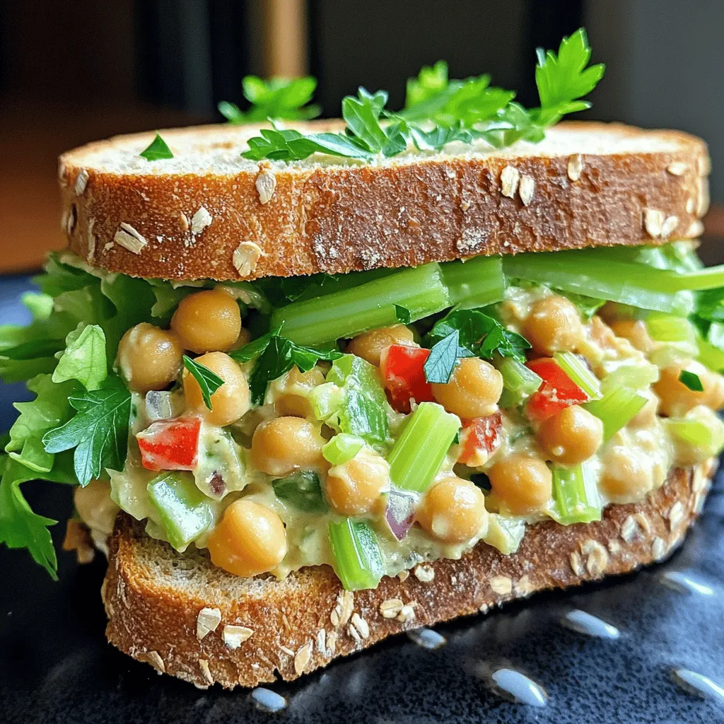 - 1 can (15 oz) chickpeas, rinsed and drained - 1/4 cup plain Greek yogurt (or vegan yogurt) - 4 slices whole grain bread - Lettuce leaves, for serving - 1 tablespoon Dijon mustard - 1 tablespoon lemon juice - 1/2 teaspoon garlic powder - 1/2 teaspoon onion powder - 1/4 teaspoon cumin - Salt and pepper to taste - 1/2 cup diced celery - 1/4 cup diced red bell pepper - 2 green onions, chopped - Optional: 1/4 cup chopped fresh parsley or cilantro for garnish I love using chickpeas in my salad sandwiches. They are packed with protein and fiber. For this recipe, start with one can of chickpeas. Rinse and drain them. This step helps remove excess sodium. Next, I mix in Greek yogurt. It adds creaminess and tang. You can use vegan yogurt if you prefer. Then, grab your whole grain bread. I like to use four slices. It gives the sandwich a nice base. Now, let’s talk seasonings. I add one tablespoon of Dijon mustard for a zesty kick. The lemon juice brightens the flavors. Garlic powder and onion powder give depth. Don't forget a touch of cumin. It warms the dish up. Always taste and adjust with salt and pepper. For crunch, I add diced celery and red bell pepper. They provide a fresh bite. Finally, chop two green onions for a mild onion flavor. If you love herbs, throw in some parsley or cilantro. It makes the sandwich pop! You can find the full recipe at the end of this article. Enjoy making your delicious chickpea salad sandwich! First, take your can of chickpeas. Rinse and drain them well. Then, place them in a bowl. Use a fork or a potato masher to mash the chickpeas. You want them mostly broken down but still a bit chunky. This gives your salad a nice texture. Next, add in the plain Greek yogurt, Dijon mustard, lemon juice, garlic powder, onion powder, cumin, salt, and pepper. Mix everything well until it becomes creamy and smooth. Now, it’s time to add some crunch! Fold in the diced celery, red bell pepper, and chopped green onions. These veggies add color and flavor. Make sure they are evenly mixed in. After this, taste your mixture. If it needs more flavor, adjust the seasoning with extra salt or pepper. If you like a bit of crunch, lightly toast your whole grain bread slices. This step is optional but gives a nice bite. Now, take two slices of your bread. Spread a generous amount of the chickpea mixture on each slice. Top it with fresh lettuce leaves for a crisp finish. Finally, place the other slices of bread on top. Slice the sandwich in half and enjoy your healthy meal! You can find the full recipe for this tasty dish in the previous section. To make a great chickpea mixture, aim for a creamy yet textured blend. You want some chunks for a nice bite. Use a fork or a potato masher to break down the chickpeas. This method helps keep some texture. Mashing by hand gives you control over how smooth or chunky it gets. To boost flavor, try different spices or herbs. Add a pinch of smoked paprika or fresh dill for a twist. If you like heat, a few drops of hot sauce can add a kick. Experimenting with flavors keeps each sandwich exciting. Don't be afraid to adjust based on your taste! Pair your chickpea salad sandwich with a side salad or crunchy chips. This combo balances flavors and textures well. For a lighter meal, serve the sandwich open-faced. Just spread the chickpea mixture on one slice of bread and add your toppings. This way, you enjoy all the flavors without feeling too full. {{image_2}} You can easily make this sandwich vegan. Simply swap Greek yogurt with vegan yogurt. This change still keeps it creamy and delicious. You can also add mashed avocado for an extra layer of creaminess. Avocado pairs wonderfully with chickpeas and brings healthy fats to your meal. If you need a gluten-free choice, don’t worry! Use gluten-free bread instead of whole grain. You can also skip the bread and use lettuce wraps. This option keeps your meal light and fresh while still full of flavor. Want to change up the taste? Try adding roasted red peppers or olives for a salty kick. These ingredients add depth and richness to the sandwich. You can also experiment with fresh herbs like dill or basil. Herbs can brighten the flavor and make your sandwich even more exciting. You should store leftover chickpea mixture in an airtight container. This helps keep it fresh. You can enjoy it within 3 days for the best taste. After 3 days, it may lose its flavor and crunch. Can the chickpea mixture be frozen? Yes, it can! To freeze, place the mixture in a freezer-safe bag. Remove as much air as you can before sealing. When you want to use it, take it out and thaw it in the fridge overnight. You can then reuse it for sandwiches or wraps. To keep your sandwich fresh, keep the bread separate from the filling. This stops the bread from getting soggy. You can store the ingredients in a way that maintains their crunchiness. For example, pack the chickpea mix in one container and the bread in another. This way, each bite remains delightful! It takes only 10 minutes to prepare a Chickpea Salad Sandwich. The prep time is quick, making it perfect for busy days. You can enjoy a tasty meal in no time! Yes, you can make the chickpea mixture ahead of time. Just prepare the filling and store it in the fridge. This way, you can assemble your sandwich fresh when you're ready to eat. It stays good for about three days. You can serve many sides with your chickpea salad sandwich. Here are some ideas: - A fresh green salad with vinaigrette - Crispy potato chips or veggie chips - Sliced cucumbers or carrot sticks - A bowl of fruit salad These sides add color and taste to your meal, making it more enjoyable. You learned how to create a delicious chickpea salad sandwich. We covered key ingredients, step-by-step instructions, and tips for flavor. You can easily modify the recipe based on your preferences, whether you're vegan, gluten-free, or looking for new flavors. Remember to store leftovers properly to keep them fresh. This sandwich is a tasty, nutritious option for any meal. Enjoy experimenting with your own variations and serving suggestions!