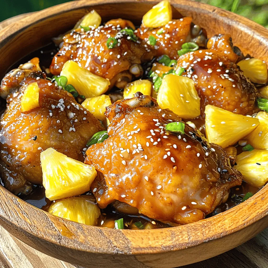 To make Pineapple Teriyaki Chicken, you need a few key ingredients. Here they are: - 4 boneless chicken thighs - 1 cup fresh pineapple, diced - 1/2 cup soy sauce (low sodium preferred) - 1/4 cup brown sugar - 1 tablespoon rice vinegar - 1 tablespoon sesame oil - 1 teaspoon garlic powder - 1 teaspoon ginger, grated - 1/2 teaspoon black pepper - 2 tablespoons cornstarch mixed with 2 tablespoons water (for thickening) - 2 green onions, chopped (for garnish) - Sesame seeds (for garnish) These ingredients blend together to create a sweet, tangy, and savory dish that will impress anyone. You can add more ingredients to boost the flavor even further. Consider these options: - 1 tablespoon of sriracha for heat - 1 tablespoon of honey for extra sweetness - Chopped bell peppers for crunch and color - Chopped cilantro for freshness These ingredients can give your dish a unique twist. Feel free to mix and match based on your taste. If you don’t have certain ingredients, don’t worry! Here are some easy swaps: - Use chicken breast instead of thighs for a leaner choice. - Substitute coconut aminos for soy sauce to make it soy-free. - Maple syrup can replace brown sugar for a different sweet flavor. - Apple cider vinegar works well if you don’t have rice vinegar. These substitutions keep the spirit of the dish while adapting to what you have on hand. For the full recipe, check out the details provided earlier! Start by gathering your ingredients. In a bowl, mix together soy sauce, brown sugar, rice vinegar, sesame oil, garlic powder, ginger, and black pepper. This mix is your marinade. It makes the chicken flavorful and tender. Add the chicken thighs to the bowl, making sure they are fully coated. Cover the bowl and place it in the fridge for at least 30 minutes. For the best taste, marinate overnight if you can. The longer the chicken sits, the more flavor it absorbs. Heat a tablespoon of oil in a large skillet over medium heat. Take the marinated chicken out of the fridge. Remove the chicken from the marinade, but save that liquid for later. Sear the chicken thighs in the hot skillet. Cook for about 5-7 minutes on each side until they are golden brown. Once the chicken is cooked through, take it out of the skillet and set it aside. This step gives you a nice crust on the chicken. In the same skillet, pour in the reserved marinade. Bring it to a boil. Add the diced fresh pineapple to the skillet. Let it cook for about 3-5 minutes. This step adds sweetness and a fruity taste to the sauce. Next, stir in the cornstarch mixed with water. This thickens the sauce quickly. Allow it to simmer until you reach your desired thickness. Slice the cooked chicken thighs into pieces. Return them to the skillet, tossing them in the thickened sauce. Let the chicken simmer for another 2-3 minutes. This allows the flavors to come together. Once done, remove the skillet from heat. Garnish with chopped green onions and sesame seeds. This adds a pop of color and crunch to your dish. Serve your Pineapple Teriyaki Chicken with rice or noodles for a complete meal. For the full recipe, check out the instructions above. Enjoy! To really boost the flavor, marinate the chicken longer. I suggest overnight if you can. The soy sauce and brown sugar blend well, giving the chicken depth. Also, using fresh pineapple adds a sweet and tangy burst. You can grill or broil the chicken for a smoky taste. For juicy chicken, cook it over medium heat. Sear each side for about 5-7 minutes. This will give it a nice crust. Make sure not to overcrowd the pan. If you do, the chicken will steam instead of sear. Once cooked, let it rest for a few minutes before slicing. This helps keep the juices inside. One common mistake is not marinating enough. If you marinate for less than 30 minutes, the flavor won’t sink in. Another mistake is using high heat. This can burn the outside while leaving the inside raw. Lastly, don’t skip the cornstarch mixture. It thickens the sauce and makes it stick to the chicken. For the complete guide, check out the Full Recipe. {{image_2}} If you want to switch things up, use other proteins. Chicken is great, but try pork or shrimp. Both of these options cook quickly and soak up the teriyaki flavor well. For pork, use boneless chops or tenderloin. For shrimp, opt for large, raw shrimp. They take just a few minutes to cook. These alternatives bring new tastes to your plate. You can easily make this dish vegetarian or vegan. Use firm tofu instead of chicken. Tofu absorbs flavors well when marinated. Cut it into cubes and treat it like chicken. Another option is tempeh, which has a nutty flavor. Cook it just like you would chicken. Both tofu and tempeh give a healthy twist to this recipe. Pineapple isn’t the only fruit that works here. You can try mango, peach, or even apricot. Each fruit brings a unique sweetness. Just dice the fruit and add it to the sauce as you cook. This change gives your dish a fun twist. Experimenting with different fruits allows you to personalize your meal. For the full recipe, check out the Tropical Pineapple Teriyaki Chicken section. To keep your Pineapple Teriyaki Chicken fresh, follow these steps. First, let the dish cool to room temperature. Then, transfer your leftovers to an airtight container. This helps seal in flavor and moisture. Store the container in the fridge for up to three days. Always label it with the date. This way, you can enjoy it later without worry. When reheating Pineapple Teriyaki Chicken, aim for the best texture. I recommend using a skillet. Heat it over medium heat. Add a splash of water or broth to the pan. This keeps the chicken juicy. Place the chicken pieces in the pan and cover it. Let it warm for about 5-7 minutes, stirring occasionally. You can also use a microwave, but the skillet gives a better texture. If you want to freeze Pineapple Teriyaki Chicken, it’s easy. Place the cooled chicken in a freezer-safe bag. Remove as much air as possible before sealing. You can freeze it for up to three months. When ready to eat, thaw it in the fridge overnight. Then, reheat it as mentioned above. Enjoy your tasty meal anytime! For the complete cooking process, check the Full Recipe. You should marinate the chicken for at least 30 minutes. This gives the chicken time to soak up the flavors. For the best taste, marinate it overnight. The longer it sits, the more tender and flavorful it becomes. Yes, you can use canned pineapple if fresh is not available. Just make sure to drain it well. Canned pineapple adds sweetness but may lack the fresh taste of the real fruit. If you want more texture, use fresh pineapple when you can. Several sides work well with Pineapple Teriyaki Chicken. Here are some great options: - Steamed white rice - Fried rice with vegetables - Grilled vegetables - A fresh green salad - Roasted sweet potatoes These sides balance the sweetness and add a nice crunch to your meal. For more details, check out the Full Recipe! You now know the key ingredients and steps for making Pineapple Teriyaki Chicken. We explored how to marinate the chicken and craft a flavorful sauce. I shared tips to avoid common mistakes and suggested fun variations to try. Remember, you can store leftovers properly for future meals. Enjoy this tasty recipe with your choice of sides. With these insights, you’re set to create a dish that impresses every time. Happy cooking!
