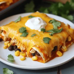 To make Easy Chicken Enchilada Bake, gather these simple ingredients: - 2 cups cooked chicken, shredded - 1 can (10 oz) red enchilada sauce - 1 can (15 oz) black beans, rinsed and drained - 1 cup corn (fresh or frozen) - 1 cup cooked rice (white or brown) - 1 cup shredded cheddar cheese - 1 cup shredded Monterey Jack cheese - 1 teaspoon ground cumin - 1 teaspoon chili powder - ½ teaspoon garlic powder - ½ teaspoon onion powder - Salt and pepper to taste - 10 small corn tortillas - Fresh cilantro, chopped (for garnish) - Sour cream (for serving) When shopping, pick ripe and fresh items. For chicken, look for a bright color. Avoid any gray or slimy areas. For beans, choose cans without dents. Check the expiration date to ensure freshness. When picking corn, select ears with bright green husks. If using frozen corn, check for no ice crystals. For herbs, choose vibrant and fragrant cilantro. Fresh herbs should not be wilted or brown. If you don’t have chicken, rotisserie chicken works well. You can also use shredded turkey. For a vegetarian option, use cooked lentils or mushrooms. If you want a different cheese, try pepper jack for a kick. You can use cream cheese for a creamy texture. If you can’t find corn tortillas, flour tortillas can work too. Just roll them up gently. Start by gathering your ingredients. You will need cooked chicken, enchilada sauce, black beans, corn, rice, and cheese. First, preheat your oven to 375°F (190°C). In a large bowl, mix the shredded chicken, black beans, corn, rice, and half of the cheeses. Add the spices: cumin, chili powder, garlic powder, onion powder, salt, and pepper. Stir everything well. Next, spread a thin layer of enchilada sauce at the bottom of a 9x13 inch baking dish. This keeps the tortillas from sticking. Take each corn tortilla and dip it into the enchilada sauce to make it soft. Place about 2-3 tablespoons of the chicken mixture in the center. Roll the tortilla up and place it seam side down in the baking dish. Repeat this process until all tortillas are filled. Now pour the remaining enchilada sauce over the top of the rolled tortillas. Sprinkle the rest of the cheddar and Monterey Jack cheese on top. Cover the baking dish with aluminum foil. Bake it in the preheated oven for 20 minutes. Then, remove the foil and bake for another 10-15 minutes. You want the cheese to be bubbly and slightly golden. Allow the enchilada bake to cool for a few minutes after removing it from the oven. For a nice presentation, cut slices and place them on plates. Add a dollop of sour cream on the side. A sprinkle of fresh cilantro adds a lovely touch. You can find the full recipe linked above for more details! To make the best enchilada bake, start with good chicken. Use cooked chicken that is moist and flavorful. Shredded rotisserie chicken works great. Cook the rice ahead of time, so it’s ready when you mix. Use fresh spices for better taste. Cumin and chili powder add a nice kick. When layering, spread the enchilada sauce evenly. This helps every bite burst with flavor. If you're short on time, use rotisserie chicken. It saves cooking time and adds flavor. You can also use pre-cooked rice. This cuts down on prep time. Canned beans and corn are great shortcuts too. They save washing and chopping time. Assemble the enchilada bake quickly by prepping ingredients first. One big mistake is overfilling the tortillas. If you add too much, they may break. Another mistake is not softening the tortillas. Dipping them in sauce makes them easier to roll. Avoid skipping the resting time after baking. Letting it cool helps the layers set. Lastly, don’t forget to taste the mix before baking. Adjust salt and spices to your liking. {{image_2}} You can easily turn this dish into a vegetarian or vegan option. Instead of chicken, use two cups of cooked lentils or chickpeas. These add protein and texture. Swap the cheese for a plant-based cheese or skip it altogether. Use vegetable broth instead of chicken broth in the rice. This keeps the flavor rich while making it suitable for everyone at the table. If you love spice, add chopped jalapeños or diced green chilies to the filling. You can also mix in a dash of hot sauce with the enchilada sauce for an extra kick. For heat lovers, sprinkle some crushed red pepper flakes on top before baking. This will give your Easy Chicken Enchilada Bake a nice spicy finish that will delight your taste buds. Cheese is key to a great enchilada bake. While cheddar and Monterey Jack are classic, feel free to mix it up. Try pepper jack cheese for a spicy twist. Or use a blend of mozzarella and provolone for a creamy texture. You can even add some queso fresco for a crumbly touch. Each cheese will change the flavor and texture, making your dish unique every time. For the full recipe, check out the Easy Chicken Enchilada Bake. To keep your Easy Chicken Enchilada Bake fresh, store leftovers in an airtight container. Make sure it cools to room temperature first. Place it in the fridge, where it can stay good for up to three days. If you have extra sauce, keep it separate to avoid sogginess. When you're ready to enjoy leftovers, preheat your oven to 350°F (175°C). Place the enchilada bake in an oven-safe dish. Cover it with foil to prevent it from drying out. Heat for about 25 minutes, or until it’s warmed through. You can also microwave individual portions for 1-2 minutes. Just keep an eye on it! If you want to freeze your enchilada bake, let it cool completely first. Wrap it tightly in plastic wrap, then in aluminum foil. This helps prevent freezer burn. It can last for up to three months in the freezer. When you're ready to eat, thaw it overnight in the fridge. Then, reheat as mentioned above for a delicious meal again! For the full recipe, check out the Easy Chicken Enchilada Bake. Yes, you can make this dish ahead. Just prepare it up to the baking step. Cover it well and store it in the fridge. This way, it stays fresh for a day or two. When you're ready, just pop it in the oven. You may need to add a few extra minutes to the bake time. This dish pairs well with many sides. Here are some great options: - Mexican rice - Refried beans - Guacamole - A fresh green salad - Tortilla chips with salsa These sides add flavor and color to your meal. They can also please everyone at the table. The enchilada bake is done when the cheese is bubbly and slightly golden. You can also check if it is heated through. A thermometer can help; it should read 165°F (74°C) in the center. Let it cool for a few minutes before serving. This cooling time helps set the layers nicely. Enjoy your delicious Easy Chicken Enchilada Bake! This blog post covered all you need for a great Easy Chicken Enchilada Bake. We explored key ingredients, cooking steps, and handy tips to make it perfect. Consider fresh, high-quality items for the best taste. You can mix it up with veggie options or spicy twists. Proper storage extends the joy of your dish. I hope you feel ready to create this tasty meal, avoid common mistakes, and enjoy every bite. Your time in the kitchen will be fun and rewarding!