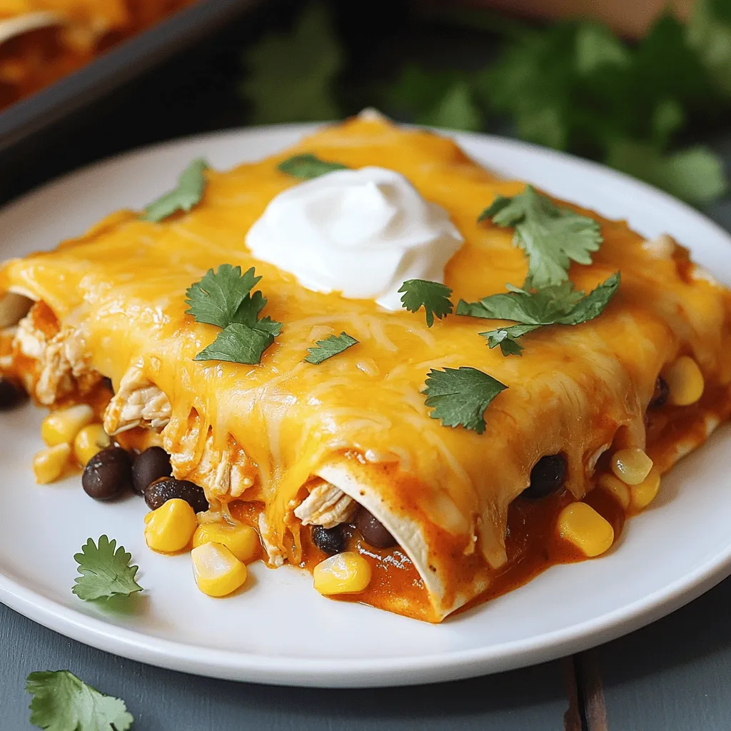 To make Easy Chicken Enchilada Bake, gather these simple ingredients: - 2 cups cooked chicken, shredded - 1 can (10 oz) red enchilada sauce - 1 can (15 oz) black beans, rinsed and drained - 1 cup corn (fresh or frozen) - 1 cup cooked rice (white or brown) - 1 cup shredded cheddar cheese - 1 cup shredded Monterey Jack cheese - 1 teaspoon ground cumin - 1 teaspoon chili powder - ½ teaspoon garlic powder - ½ teaspoon onion powder - Salt and pepper to taste - 10 small corn tortillas - Fresh cilantro, chopped (for garnish) - Sour cream (for serving) When shopping, pick ripe and fresh items. For chicken, look for a bright color. Avoid any gray or slimy areas. For beans, choose cans without dents. Check the expiration date to ensure freshness. When picking corn, select ears with bright green husks. If using frozen corn, check for no ice crystals. For herbs, choose vibrant and fragrant cilantro. Fresh herbs should not be wilted or brown. If you don’t have chicken, rotisserie chicken works well. You can also use shredded turkey. For a vegetarian option, use cooked lentils or mushrooms. If you want a different cheese, try pepper jack for a kick. You can use cream cheese for a creamy texture. If you can’t find corn tortillas, flour tortillas can work too. Just roll them up gently. Start by gathering your ingredients. You will need cooked chicken, enchilada sauce, black beans, corn, rice, and cheese. First, preheat your oven to 375°F (190°C). In a large bowl, mix the shredded chicken, black beans, corn, rice, and half of the cheeses. Add the spices: cumin, chili powder, garlic powder, onion powder, salt, and pepper. Stir everything well. Next, spread a thin layer of enchilada sauce at the bottom of a 9x13 inch baking dish. This keeps the tortillas from sticking. Take each corn tortilla and dip it into the enchilada sauce to make it soft. Place about 2-3 tablespoons of the chicken mixture in the center. Roll the tortilla up and place it seam side down in the baking dish. Repeat this process until all tortillas are filled. Now pour the remaining enchilada sauce over the top of the rolled tortillas. Sprinkle the rest of the cheddar and Monterey Jack cheese on top. Cover the baking dish with aluminum foil. Bake it in the preheated oven for 20 minutes. Then, remove the foil and bake for another 10-15 minutes. You want the cheese to be bubbly and slightly golden. Allow the enchilada bake to cool for a few minutes after removing it from the oven. For a nice presentation, cut slices and place them on plates. Add a dollop of sour cream on the side. A sprinkle of fresh cilantro adds a lovely touch. You can find the full recipe linked above for more details! To make the best enchilada bake, start with good chicken. Use cooked chicken that is moist and flavorful. Shredded rotisserie chicken works great. Cook the rice ahead of time, so it’s ready when you mix. Use fresh spices for better taste. Cumin and chili powder add a nice kick. When layering, spread the enchilada sauce evenly. This helps every bite burst with flavor. If you're short on time, use rotisserie chicken. It saves cooking time and adds flavor. You can also use pre-cooked rice. This cuts down on prep time. Canned beans and corn are great shortcuts too. They save washing and chopping time. Assemble the enchilada bake quickly by prepping ingredients first. One big mistake is overfilling the tortillas. If you add too much, they may break. Another mistake is not softening the tortillas. Dipping them in sauce makes them easier to roll. Avoid skipping the resting time after baking. Letting it cool helps the layers set. Lastly, don’t forget to taste the mix before baking. Adjust salt and spices to your liking. {{image_2}} You can easily turn this dish into a vegetarian or vegan option. Instead of chicken, use two cups of cooked lentils or chickpeas. These add protein and texture. Swap the cheese for a plant-based cheese or skip it altogether. Use vegetable broth instead of chicken broth in the rice. This keeps the flavor rich while making it suitable for everyone at the table. If you love spice, add chopped jalapeños or diced green chilies to the filling. You can also mix in a dash of hot sauce with the enchilada sauce for an extra kick. For heat lovers, sprinkle some crushed red pepper flakes on top before baking. This will give your Easy Chicken Enchilada Bake a nice spicy finish that will delight your taste buds. Cheese is key to a great enchilada bake. While cheddar and Monterey Jack are classic, feel free to mix it up. Try pepper jack cheese for a spicy twist. Or use a blend of mozzarella and provolone for a creamy texture. You can even add some queso fresco for a crumbly touch. Each cheese will change the flavor and texture, making your dish unique every time. For the full recipe, check out the Easy Chicken Enchilada Bake. To keep your Easy Chicken Enchilada Bake fresh, store leftovers in an airtight container. Make sure it cools to room temperature first. Place it in the fridge, where it can stay good for up to three days. If you have extra sauce, keep it separate to avoid sogginess. When you're ready to enjoy leftovers, preheat your oven to 350°F (175°C). Place the enchilada bake in an oven-safe dish. Cover it with foil to prevent it from drying out. Heat for about 25 minutes, or until it’s warmed through. You can also microwave individual portions for 1-2 minutes. Just keep an eye on it! If you want to freeze your enchilada bake, let it cool completely first. Wrap it tightly in plastic wrap, then in aluminum foil. This helps prevent freezer burn. It can last for up to three months in the freezer. When you're ready to eat, thaw it overnight in the fridge. Then, reheat as mentioned above for a delicious meal again! For the full recipe, check out the Easy Chicken Enchilada Bake. Yes, you can make this dish ahead. Just prepare it up to the baking step. Cover it well and store it in the fridge. This way, it stays fresh for a day or two. When you're ready, just pop it in the oven. You may need to add a few extra minutes to the bake time. This dish pairs well with many sides. Here are some great options: - Mexican rice - Refried beans - Guacamole - A fresh green salad - Tortilla chips with salsa These sides add flavor and color to your meal. They can also please everyone at the table. The enchilada bake is done when the cheese is bubbly and slightly golden. You can also check if it is heated through. A thermometer can help; it should read 165°F (74°C) in the center. Let it cool for a few minutes before serving. This cooling time helps set the layers nicely. Enjoy your delicious Easy Chicken Enchilada Bake! This blog post covered all you need for a great Easy Chicken Enchilada Bake. We explored key ingredients, cooking steps, and handy tips to make it perfect. Consider fresh, high-quality items for the best taste. You can mix it up with veggie options or spicy twists. Proper storage extends the joy of your dish. I hope you feel ready to create this tasty meal, avoid common mistakes, and enjoy every bite. Your time in the kitchen will be fun and rewarding!