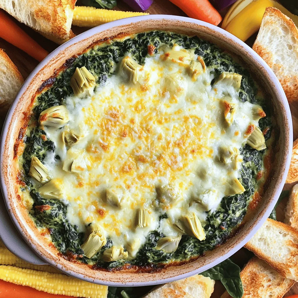 - 1 cup fresh spinach, chopped - 1 cup canned artichoke hearts, drained and chopped - 1 cup cream cheese, softened - 1/2 cup sour cream - 1/2 cup mayonnaise - 1 cup shredded mozzarella cheese - 1/2 cup grated Parmesan cheese - 2 cloves garlic, minced - 1 teaspoon lemon juice - Salt and pepper to taste I love how simple this ingredient list is. Each element brings a unique taste to the dip. The fresh spinach adds a bright green color and a mild flavor. The artichoke hearts provide a tender texture and a subtle earthiness. Cream cheese gives that creamy base we all crave, while sour cream and mayonnaise add tang. - 1/4 teaspoon red pepper flakes for heat - Other optional toppings or spices If you want a spicy kick, add the red pepper flakes. You can also experiment with herbs like dill or chives. Maybe top with more cheese or breadcrumbs for a crunchy finish. These extras can make your dip pop! - Caloric breakdown per serving: about 200 calories - Nutritional benefits of key ingredients: This dip is rich in healthy fats and protein from the cheeses. Spinach offers vitamins A and K, which are good for your eyes and bones. Artichokes are high in fiber, helping with digestion. Enjoying this dip can be a tasty way to sneak in some nutrients! First, we need to preheat the oven to 350°F (175°C). This helps the dip cook evenly and become nice and bubbly. Next, grab a baking dish or an oven-safe skillet. You will use this to bake the dip later. Now, let’s mix the base ingredients. In a large mixing bowl, add the softened cream cheese, sour cream, and mayonnaise. Use a spatula to mix them until the mixture is smooth and creamy. This is the secret to a rich texture. Now, it’s time to add the star ingredients: spinach and artichokes. Add the chopped spinach and the drained artichoke hearts to the bowl. Next, toss in the minced garlic and lemon juice. If you like a bit of heat, add the red pepper flakes now. Stir everything together until well combined. After mixing those, fold in the mozzarella and Parmesan cheese. These cheeses give the dip its gooey, cheesy goodness. Finally, season the mixture with salt and pepper to taste. Transfer the mix into your prepared baking dish. Spread it evenly so it cooks well. Bake it in the preheated oven for about 20-25 minutes. Look for the dip to be hot and bubbly, with a lightly golden top. This is when it’s ready to come out. Once it’s done, let the dip cool for a few minutes. This helps avoid burning your tongue when you dive in. Enjoy this creamy treat with toasted baguette slices, tortilla chips, or fresh veggies. For an extra touch, sprinkle some more Parmesan cheese on top before baking. To make your dip creamier, swap half of the cream cheese for ricotta. This gives a light texture. You can also add a splash of heavy cream. Mix it in right before baking to get a smooth finish. Aim for a mix that is thick but still spreadable. The right blend keeps the dip from getting dry. To boost the flavor, add garlic powder or onion powder. A pinch of cayenne pepper can bring some heat. Fresh herbs like parsley or dill add freshness. For cheese, use a mix of mozzarella and cream cheese for creaminess. Gouda also brings a nice smoky flavor. Experimenting with cheese keeps things exciting. Serve your dip warm with toasted baguette slices or crispy tortilla chips. Fresh veggie sticks like carrots and celery provide a nice crunch. For a fun twist, try serving it in a bread bowl. This makes a great centerpiece for your table. A sprinkle of extra Parmesan on top looks nice and adds flavor. Enjoy this delicious dip at your next gathering! For a detailed guide on making this dish, check the Full Recipe. {{image_2}} To make this dip vegan, swap out dairy ingredients for plant-based options. Use vegan cream cheese instead of regular cream cheese. Replace sour cream with cashew cream or a plant-based yogurt. You can use vegan mayo for the mayonnaise. Finally, ensure the cheeses are dairy-free. You can find these at most grocery stores. You can easily make the dip gluten-free. All the main ingredients are already gluten-free. Just be sure to check the labels on your mayonnaise and any other add-ins. For serving, use gluten-free chips, veggie sticks, or rice crackers. This way, everyone can enjoy this tasty dip. You can add a twist to the classic recipe. Try adding cooked bacon for a savory touch. If you like spice, mix in diced jalapeños. You can also use different cheeses, like pepper jack, for a zesty flavor. Some people enjoy adding sun-dried tomatoes for a sweet and tangy taste. Each variation brings new joy to this simple dish. For the full recipe, check out the detailed steps to create your Spinach Artichoke Dip. Once you finish your dip, store it right away. Transfer the dip into an airtight container. This helps keep it fresh and tasty. Place the container in the fridge. The dip will stay good for about 3 to 4 days. If you want to store it longer, freezing is an option. To reheat, place the dip in a microwave-safe dish. Heat it in short bursts. Start with 30 seconds, then stir. Repeat until it is hot. This helps keep the dip creamy. Avoid overheating as it can dry out. If using an oven, cover the dish with foil to retain moisture. Heat at 350°F until warm. Yes, you can freeze your dip! First, let it cool completely. Then, scoop it into a freezer-safe container. Seal it tightly and label it with the date. The dip can last for up to three months. When ready to eat, thaw it overnight in the fridge. Reheat it as mentioned above for best results. Enjoy your creamy spinach artichoke delight again! You can serve many tasty items with Spinach Artichoke Dip. Here are some popular options: - Toasted baguette slices - Tortilla chips - Fresh vegetable sticks like carrots, celery, or bell peppers - Pita chips - Crackers These sides add great crunch and flavor. You can mix and match to please your guests. Spinach Artichoke Dip can last about 3 to 5 days in the fridge. To keep it fresh, store it in an airtight container. This helps avoid drying out or absorbing other odors. Always check for any off smells or changes in texture before eating. Yes, you can make Spinach Artichoke Dip ahead of time. Prepare it, then cover and refrigerate it for up to 24 hours. When you're ready to serve, reheat it in the oven. Bake at 350°F (175°C) until hot and bubbly. This makes it easy to enjoy without stress on party day. For the Full Recipe, refer back to our earlier sections. This blog post covered how to make a delicious Spinach Artichoke Dip. We explored ingredients, preparation steps, and handy tips to boost flavor and texture. You can also find variations for vegan and gluten-free diets. In conclusion, this dip is perfect for any occasion. Follow the steps and enjoy a tasty dish that your friends and family will love. Get creative and make it your own! Happy cooking!