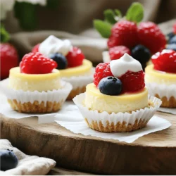 To make the best mini cheesecake bites, you need the following ingredients: - 8 oz cream cheese, softened - 1/2 cup granulated sugar - 1 tsp vanilla extract - 1 large egg - 1/4 cup sour cream - 1 tbsp lemon juice - 1/2 cup graham cracker crumbs - 2 tbsp melted butter - Fresh berries (optional, for topping) - Whipped cream (optional, for serving) Each ingredient plays a key role in our mini cheesecake bites. The cream cheese gives that rich and creamy texture. Granulated sugar adds sweetness, while vanilla extract gives flavor. The egg helps set the filling, and sour cream adds a nice tang. Lemon juice brightens the taste. For the crust, graham cracker crumbs and melted butter combine for a crunchy base. You can top your cheesecake bites with fresh berries or whipped cream for extra flair. This recipe makes about 24 mini cheesecake bites, perfect for parties or a sweet treat. For the full recipe, check out the details above. Enjoy making these delightful no-bake treats! 1. Preheat the oven and prepare muffin pan Start by preheating your oven to 325°F (160°C). Line a mini muffin pan with paper liners. This makes it easy to remove the bites later. 2. Making the crumb crust In a bowl, combine the graham cracker crumbs and melted butter. Mix until the crumbs look like wet sand. This crust adds a nice crunch to your cheesecake bites. 3. Baking the crust Press about 1 teaspoon of the crumb mixture into each muffin liner. Bake the crusts for 5 minutes. Let them cool slightly before adding the cheesecake filling. 1. Mixing cream cheese and sugar In a larger bowl, beat the softened cream cheese and granulated sugar until the mix is smooth and creamy. This is the base of your filling and needs to be well-blended. 2. Adding flavorings and other ingredients Add the vanilla extract, egg, sour cream, and lemon juice to the cream cheese mix. Keep mixing until everything is combined and smooth. This step gives your cheesecake a rich flavor. 1. Filling the crusts with cheesecake mixture Spoon the cheesecake filling into each cooled crust. Fill each about 3/4 full. This ensures they have room to rise slightly during baking. 2. Baking time and techniques to avoid cracking Bake the mini cheesecakes for 15-18 minutes. The centers should be set but still a bit jiggly. After baking, turn off the oven and leave the bites inside for another 5-10 minutes. This helps avoid cracks on the surface. Enjoy these mini cheesecake bites! They are a fun treat for any occasion. For the complete recipe, check out the [Full Recipe]. Using room temperature ingredients is very important. When cream cheese is soft, it mixes better. This makes your cheesecake smooth and creamy. If it’s cold, you will get lumps. Always take your cream cheese out ahead of time. Let it sit for about 30 minutes before you start. To prevent cracks during baking, keep the oven door closed. This helps keep the heat steady. After baking, turn off the oven but leave the cheesecakes inside. This gradual cooling helps avoid cracks. Remember, a little jiggle in the center is okay! It will firm up in the fridge. You can serve mini cheesecakes in many fun ways. Arrange them on a colorful platter for parties. Use small dessert cups or jars for a unique touch. Top with fresh berries for a pop of color. Whipped cream adds a nice touch too. For pairing ideas, think about flavors that match. A cup of coffee or tea goes well with these bites. You can also try serving them with chocolate sauce or fruit compote. Presentation is key, so get creative and enjoy these treats! {{image_2}} You can easily change the flavor of your mini cheesecakes. For chocolate mini cheesecakes, add 1/4 cup of cocoa powder to the cream cheese mix. This gives a rich and creamy chocolate taste. For fruit-flavored cheesecakes, use pureed fruit. Strawberry and blueberry are great options. Just add 1/2 cup of pureed fruit to the filling. This adds both flavor and color to your treats. You can switch up the crust if you want. A cookie crust is simple and delicious. Crush Oreo cookies and mix them with melted butter. Use this mix instead of graham cracker crumbs for a tasty twist. If you need gluten-free options, use gluten-free graham crackers or ground nuts. Almond flour works well too, giving a nice nutty flavor to the crust. Toppings can make your mini cheesecakes pop. Fresh fruit toppings are always a hit. Try strawberries, blueberries, or raspberries for a fresh touch. Chocolate ganache is another great option. You can make it by melting chocolate with heavy cream. Drizzle this over your cheesecake bites for a rich finish. Caramel sauce is another sweet touch that pairs well with any flavor. For the full recipe, check the details above and enjoy these mini cheesecake bites! To keep your mini cheesecake bites fresh, refrigeration is key. Place them in an airtight container. You can store them in the fridge for up to five days. Make sure they are completely cool before you store them. This helps maintain their texture. If you want to keep them longer, freezing is a great option. Wrap each cheesecake bite in plastic wrap. Then, place them in a freezer bag or container. They can last for up to two months in the freezer. Just remember to label your container with the date! When you are ready to eat your frozen mini cheesecakes, thaw them properly. Take them out of the freezer and let them sit in the fridge overnight. This helps them thaw slowly and stay creamy. For the best taste, serve them cold or at room temperature. If you prefer them slightly warm, pop them in a microwave for a few seconds. Just be careful not to overheat them. Enjoy these delightful no-bake treats straight from the fridge or after a gentle warming! How many mini cheesecake bites does this recipe yield? This recipe makes 24 mini cheesecake bites. They are perfect for sharing at parties or enjoying at home. Can I make mini cheesecake bites in advance? Yes, you can make these bites a day ahead. Just store them in the fridge. They will taste even better after chilling overnight. What can I use as a substitute for sour cream? You can use Greek yogurt or cream cheese instead of sour cream. Both options will keep the bites creamy and delicious. Where can I buy pre-made mini cheesecake bites? You can find pre-made mini cheesecake bites at many grocery stores. Check the frozen dessert aisle or your local bakery. Mini cheesecake bites are easy to make and taste great. You start with simple ingredients like cream cheese, sugar, and lemon juice. After preparing the crust and filling, you bake them to perfection. To avoid cracks, keep your ingredients at room temperature. You can get creative with flavors and toppings to suit any occasion. These bites store well in the fridge or freezer, so they’re perfect for parties. With this guide, you now have the tools to impress anyone with your mini cheesecakes. Enjoy making, sharing, and savoring your delicious treats!
