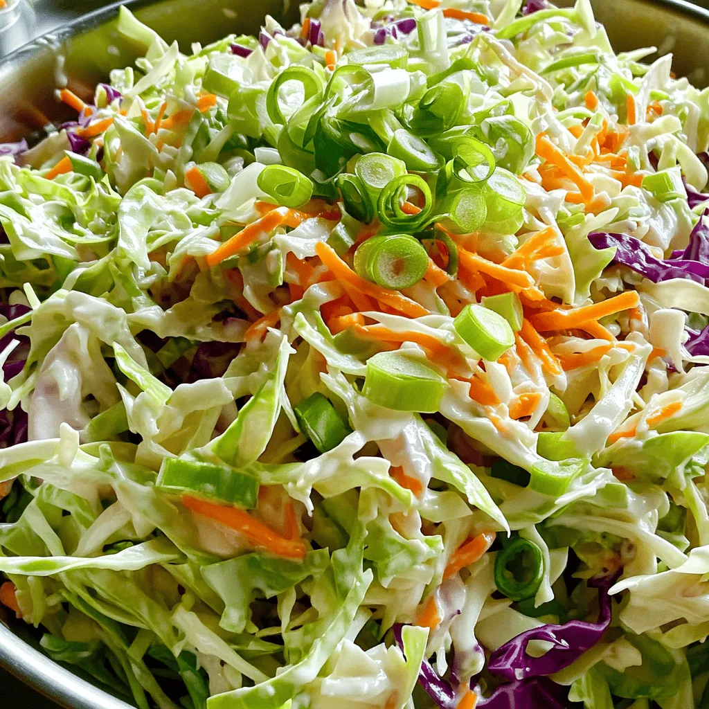 To make a tasty classic coleslaw, you need fresh and crisp ingredients. Here’s what you’ll need: - 4 cups green cabbage, finely shredded - 1 cup carrots, grated - 1/2 cup red cabbage, finely shredded - 1/2 cup mayonnaise - 2 tablespoons apple cider vinegar - 1 tablespoon Dijon mustard - 1 tablespoon sugar - Salt and pepper to taste - 1/4 cup green onions, sliced (for garnish) These simple ingredients create a mix of textures and flavors. The green and red cabbage add crunch and color. The carrots bring a touch of sweetness. The dressing ties everything together, making it creamy and tangy. You can find the full recipe at the end. Enjoy the process of making this delightful dish! Mixing cabbage and carrots Start by shredding the green cabbage. Use a sharp knife or a box grater. Aim for thin strips. Next, grate the carrots. You want them to match the cabbage in size. I like to use a mix of green and red cabbage for color and crunch. In a large mixing bowl, combine 4 cups of green cabbage, 1 cup of grated carrots, and 1/2 cup of finely shredded red cabbage. Toss them to mix evenly. Making the dressing In a separate bowl, make the dressing. Whisk together 1/2 cup of mayonnaise, 2 tablespoons of apple cider vinegar, 1 tablespoon of Dijon mustard, and 1 tablespoon of sugar. Add salt and pepper to taste. Mix until smooth. This dressing brings all the flavors together. Combining the ingredients Pour the dressing over the cabbage and carrot mix. Gently toss everything together. You want all the veggies to be coated with the dressing. This step is key to a tasty coleslaw. Adjusting seasoning Taste your coleslaw. If it needs more flavor, add more salt, pepper, or sugar. You can adjust it to your liking. This step ensures your coleslaw is perfect for your palate. Chilling the coleslaw Cover the coleslaw and place it in the fridge. Let it chill for at least 30 minutes. This allows the flavors to meld. The cabbage will soften just a bit, making it more enjoyable. Before serving, give it another quick toss. You can garnish with 1/4 cup of sliced green onions for a pop of color. For the full recipe and more details, check out the Crunchy Classic Coleslaw section. - Choosing the right cabbage: For classic coleslaw, green cabbage works best. It gives a nice crunch. You can mix in red cabbage for color and extra flavor. - Using fresh ingredients: Fresh veggies make a big difference. Use crisp, bright cabbage and carrots. Check for any bruises or soft spots. The fresher, the better! - Making ahead for better flavor: Coleslaw tastes great when made ahead. Let it chill in the fridge for at least 30 minutes. This time lets the flavors mix well. - Adjusting sweetness and acidity: Not everyone likes the same taste. Some may want it sweeter, while others prefer a tangy taste. Start with the recipe and tweak it. Add a pinch more sugar or vinegar until it suits your taste. These tips will help you craft the perfect coleslaw. Use these ideas while making the Full Recipe to ensure tasty results! {{image_2}} You can switch up the main ingredients for classic coleslaw. Using Greek yogurt instead of mayonnaise cuts calories and adds protein. It gives a tangy taste that many enjoy. Consider adding diced apples or raisins for a sweet twist. This can make your slaw more fun and flavorful. The crunch of apples or the chewiness of raisins adds texture, too. You can also incorporate spices like celery seed. This spice adds a nice hint of flavor without overwhelming the dish. It’s a simple way to make your coleslaw unique. You can change your coleslaw to match the seasons. In spring, try adding radishes. They add a peppery bite that pairs well with the crunch of cabbage. For summer, consider using colorful peppers. Red, yellow, or orange peppers not only taste great but also make your dish look vibrant. This slaw can be a hit at summer barbecues. In fall, use shredded Brussels sprouts instead of cabbage. This gives a different flavor and makes your coleslaw feel cozy. It’s a great way to use seasonal produce in your cooking. For the complete recipe, check out the Full Recipe section. To keep your classic coleslaw fresh, store it in the fridge. Use an airtight container for best results. This helps keep the vegetables crisp and the flavors bright. Place the coleslaw in the coldest part of your fridge, usually near the back. How long does coleslaw last? If stored correctly, it should last about three to five days. However, the crunchiness may fade over time. Check for any signs of wilting or off smells before serving. Can you freeze coleslaw? Freezing coleslaw is not the best option. The texture of cabbage can change when frozen. If you must freeze it, do so without the dressing. When ready to eat, thaw it in the fridge and mix in fresh dressing. This keeps your coleslaw tasty and enjoyable. For the complete coleslaw experience, try the Full Recipe. What is the difference between coleslaw and slaw? Coleslaw uses cabbage as the main base. Slaw can use other veggies too. For example, you might find slaw made with carrots or broccoli. Both are crunchy and fresh, but coleslaw is a specific type of slaw. Can I make coleslaw without mayonnaise? Yes, you can! Use yogurt or a vinaigrette instead. Yogurt adds creaminess, while vinaigrette keeps it light. Both options taste great and lighten up the dish. How do I make my coleslaw crunchy? Start with fresh veggies. Shred the cabbage and carrots just before mixing. You can also add ingredients like nuts or seeds for extra crunch. Letting it chill in the fridge helps too. What dishes pair well with coleslaw? Coleslaw goes well with BBQ dishes, burgers, and fried chicken. It also complements tacos and sandwiches. The crunch balances out rich flavors, making every bite tasty. You can find the full recipe for crunchy classic coleslaw in the previous section. You’ve learned how to make classic coleslaw with simple steps and fresh ingredients. We covered the key ingredients, preparation tips, and tasty variations. Remember to store your coleslaw properly to keep it fresh. Feel free to experiment with flavors that suit your taste. Coleslaw is a versatile side dish that can fit any meal. Enjoy your crunchy, creamy creation at your next gathering!