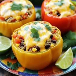 - 4 large bell peppers (any color) - 1 cup cooked quinoa - 1 cup black beans, drained and rinsed - 1 cup corn kernels (fresh or frozen) - 1 cup diced tomatoes (canned or fresh) - 1 teaspoon cumin - 1 teaspoon smoked paprika - Salt and pepper to taste - 1 cup shredded cheddar cheese - 1 tablespoon olive oil - Fresh cilantro for garnish (optional) When I prepare cheesy stuffed bell peppers, I love to focus on the fresh colors and flavors. Bell peppers come in many shades, from red to yellow to green. For this recipe, I use four large peppers. They will hold the filling well and look great on the plate. The filling is where the magic happens. I mix one cup of cooked quinoa with black beans, corn, and diced tomatoes. Quinoa adds texture and protein. Black beans bring richness and fiber. Corn gives a sweet crunch, while tomatoes add juiciness. Together, they create a colorful blend. I season the filling with cumin and smoked paprika. These spices add warmth and depth. I also add salt and pepper to taste. This simple seasoning makes a big impact on flavor. Finally, I stir in one cup of shredded cheddar cheese. Cheese ties the dish together with its creamy goodness. Just wait until it's melted and bubbly! I drizzle a tablespoon of olive oil over the peppers before baking. This helps them cook and adds a bit of richness. For a fresh touch, I like to garnish with cilantro. It’s optional but adds brightness. You can find the full recipe for these cheesy stuffed bell peppers in the sections above. Enjoy crafting this delightful dish! - Preheat oven to 375°F (190°C). - Cut off tops and remove seeds from bell peppers. First, I set my oven to 375°F. This heat helps cook the peppers just right. Next, I take the bell peppers and cut off their tops. I remove all the seeds and any white parts inside. This way, the peppers can hold the filling well. - Combine quinoa, black beans, corn, diced tomatoes, cumin, smoked paprika, salt, and pepper in a bowl. - Mix until well combined. Now, let’s make the filling. I grab a big bowl and add cooked quinoa, black beans, and corn. I also add diced tomatoes, cumin, smoked paprika, salt, and pepper. I mix everything together well. The flavors blend nicely, making a yummy filling. - Stuff bell peppers with the filling and top with cheese. - Bake covered for 25 minutes, then uncovered for an additional 10 minutes. Next, I stuff each bell pepper with the filling. I pack it down gently to fit more. Then, I sprinkle shredded cheddar cheese on top, covering the filling fully. I place the stuffed peppers in a baking dish, cover it with foil, and bake for 25 minutes. After that, I remove the foil and bake for another 10 minutes. The cheese turns golden and bubbly, which makes it so tempting. You can find the full recipe above if you want to follow along. To make your cheesy stuffed bell peppers perfect, choose peppers that stand upright. This helps them cook evenly. I also recommend using homemade quinoa for added flavor. You can cook it with vegetable broth instead of plain water for a richer taste. Cheese makes these peppers extra tasty. You can try different types of cheese like Monterey Jack or Pepper Jack. Mixing cheeses gives you a fun flavor twist. For example, combining cheddar with mozzarella creates a creamy texture that melts beautifully. When serving, think about adding sides. A fresh side salad or crispy tortilla chips works well. For a burst of flavor, add a squeeze of lime over the peppers. It brightens the dish and balances the cheese. You can find the full recipe to try these ideas at home. {{image_2}} You can easily make cheesy stuffed bell peppers vegetarian. First, substitute cooked brown rice for quinoa. Brown rice adds a nice texture and flavor. Next, add more veggies like zucchini or mushrooms. These vegetables boost the dish's taste and nutrition. You can mix and match based on what you have. Feel free to get creative! Want a protein boost? Include cooked ground turkey or chicken in the filling. This adds heartiness and makes it more filling. If you prefer a plant-based option, mix in tofu. Crumbled tofu absorbs flavors well and adds protein without meat. These options make the dish satisfying for everyone. If you need a gluten-free meal, make sure all canned ingredients are labeled gluten-free. This is important to avoid any gluten in your dish. You can also serve the stuffed peppers with gluten-free sides or toppings. Options like quinoa salad or gluten-free tortillas work well. Enjoy your meal without worry! To keep your cheesy stuffed bell peppers fresh, store them in an airtight container. They will last in the refrigerator for 3-4 days. When you're ready to enjoy them again, reheat in the microwave or oven. This method helps keep the cheese melty and delicious. If you want to save some for later, freeze the stuffed peppers before baking. They are good for up to 3 months. When you want to bake them, take them straight from the freezer. Just adjust the cooking time as needed. This way, you can enjoy a warm, cheesy meal anytime! For the full recipe, check the main article. Yes, you can use any color or variety of bell peppers. Red, yellow, green, or orange all work great. Each type brings its own flavor. Red peppers tend to be sweeter, while green peppers have a sharper taste. Feel free to mix and match to create a colorful dish. Peppers should be soft and the cheese should be melted and bubbly. Check the peppers after baking for 25 minutes. If they feel tender when you poke them, they are likely done. The cheese should look golden and delicious on top. They pair well with salads, rice, or crusty bread. A fresh green salad adds crunch and balance. You can also serve them with fluffy rice for a filling meal. Crusty bread is great for scooping up any leftover filling. Yes, you can prepare the filling and stuff the peppers a day ahead, then bake when ready. Store the stuffed peppers in the fridge. When you are ready to eat, just pop them in the oven. This makes meal prep easy and fun! Check out the Full Recipe for more details. Stuffed bell peppers are easy to make and taste great. You learned about the main ingredients, step-by-step instructions, and tips to perfect this dish. You can even change it up with different fillings or cheeses. For quick meals, store leftovers or freeze them for later. Enjoy your stuffed peppers with sides like salad or chips. Cooking should be fun and creative, and these peppers offer a great way to experiment. I hope you try them soon!