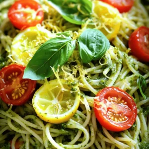 For a vibrant Lemon Basil Pesto Pasta, you need: - 2 cups fresh basil leaves - 2 cloves garlic, minced - Zest of 1 lemon - Juice of 1 lemon - 12 oz spaghetti or your choice of pasta These fresh ingredients give your dish its bright flavor. Fresh basil is key. It adds a sweet and peppery taste that makes the dish pop. You will also need these pantry staples: - 1/2 cup pine nuts (lightly toasted) - 1/2 cup grated Parmesan cheese - 1/2 cup extra-virgin olive oil - Salt and pepper to taste The pine nuts give a nice crunch and a nutty flavor. Parmesan adds creaminess that pairs well with the lemon. To make your dish look even better, consider these garnishes: - Cherry tomatoes, halved - Extra basil leaves The cherry tomatoes add a splash of color and sweetness. Extra basil leaves make a lovely finishing touch. For the full recipe, check the details above. To make the pesto, start by gathering your fresh basil leaves, toasted pine nuts, minced garlic, and grated Parmesan cheese. Place these in a food processor. Pulse the mixture until it's finely chopped. Next, add the lemon zest, lemon juice, and a pinch of salt and pepper. With the processor running, slowly pour in the olive oil. You want it to mix well but still be slightly chunky. Taste it and adjust the salt and pepper if needed. This vibrant pesto gives you a fresh and zesty flavor. Now, let’s cook the pasta. Fill a large pot with water and add a good amount of salt. Bring it to a boil. Once boiling, add your spaghetti or your favorite pasta. Cook it according to the package instructions until it's al dente. Before draining, reserve about one cup of the pasta water. This water will help mix the pesto later. Drain the pasta and set it aside. In a large mixing bowl, combine the drained pasta and the fresh pesto. Toss it well to coat the pasta evenly. If the mixture seems too thick, add some of the reserved pasta water a little at a time. This will help achieve the right consistency. Once everything is mixed, it’s time to serve. Plate the pasta into bowls and garnish with halved cherry tomatoes and extra basil leaves. This adds a pop of color and flavor. Enjoy your Lemon Basil Pesto Pasta! For the complete recipe, check out the Full Recipe. To store homemade pesto, place it in an airtight container. You can use a glass jar or a plastic tub. Cover the surface with a thin layer of olive oil. This oil layer helps prevent browning. Seal the lid tightly. Homemade pesto can last up to one week in the fridge. If you want to keep it longer, freezing is a great option. Pour the pesto into ice cube trays. Once frozen, transfer the cubes to a freezer bag. This way, you can use small amounts when needed. Cooking pasta is simple, but timing is key. Start with a large pot of salted water. The water should taste like the sea. Bring the water to a rolling boil before adding the pasta. Stir the pasta right after you add it. This helps prevent sticking. Check the package for cooking time and taste the pasta a minute early. You want it al dente, which means firm but tender. Reserve some pasta water before draining. This starchy water can help combine the pesto with the pasta later. You can enhance your lemon basil pesto pasta with extra flavors. Consider adding some roasted vegetables like bell peppers or zucchini. They add texture and a bit of sweetness. For protein, grilled chicken or shrimp work well. You can also add a hint of spice with red pepper flakes. If you like a zing, a bit of lemon juice can brighten the dish. Don’t forget to garnish with fresh cherry tomatoes and basil leaves. They not only taste great but make the dish look beautiful too. For the full recipe, check the recipe section above. {{image_2}} If you can't find pine nuts, don't worry! You can use other nuts. Walnuts, almonds, or cashews work well. They all add a nice crunch. Just toast them lightly for a better taste. You can also use seeds like sunflower or pumpkin seeds for a nut-free option. Experiment with different nuts to find your favorite flavor! For a gluten-free version, choose gluten-free pasta. Many brands offer great options made from rice, quinoa, or lentils. They cook quickly and taste delicious. Be sure to check cooking times, as they may differ from regular pasta. You can enjoy the same lemon basil pesto with these alternatives! Want to make your meal heartier? Add protein! Grilled chicken or shrimp pairs great with this dish. You can also use chickpeas for a plant-based option. Just toss them in with the pasta and pesto. This adds flavor and makes the dish more filling. Enjoy your Lemon Basil Pesto Pasta in a new way! For the complete cooking guide, check the Full Recipe. To keep leftover pesto fresh, store it in an airtight container. Press plastic wrap directly on the surface of the pesto. This helps reduce air exposure and keeps it bright green. You can also drizzle a thin layer of olive oil over the top. This creates a barrier that helps prevent browning. When you're ready to use leftover pesto, avoid the microwave. Heat it gently in a pan over low heat. Stir it often to keep it smooth. If it thickens, add a splash of water or olive oil. This will help bring it back to a nice consistency. Freezing pesto is a great way to save it for later. Pour the pesto into ice cube trays. Freeze until solid, then transfer the cubes to a freezer bag. Label the bag with the date. Pesto can last up to six months in the freezer. When you need some, just pop out a cube and thaw it. For the full recipe, check out the Lemon Basil Pesto Pasta section above. Yes, you can swap basil for other herbs. Try parsley, cilantro, or mint. Each herb gives a different taste. Mint adds a fresh twist, while cilantro gives a vibrant flavor. Experiment to find your favorite mix. Lemon basil pesto is very versatile. You can use it on grilled chicken or fish for added flavor. Spread it on sandwiches for a tasty twist. Mix it with cream cheese for a dip. You can even drizzle it on veggies or salads. Homemade pesto stays fresh for about one week in the fridge. Store it in an airtight jar to keep it fresh. You can also add a layer of olive oil on top. This helps seal in the flavor and color. You now know how to make a tasty pesto pasta dish. We covered fresh ingredients and pantry staples. I showed you step-by-step ways to cook and mix. You learned tips for storage and cooking pasta just right. We explored tasty variations and how to keep your leftovers fresh. In closing, making this dish is fun and easy. Enjoy the fresh flavors, and don’t hesitate to try your own twists!