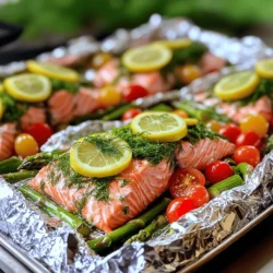 For a delicious Lemon Dill Salmon Foil Packet, you need the following ingredients: - 4 salmon fillets (about 5-6 oz each) - 2 tablespoons olive oil - 2 tablespoons fresh dill, chopped (or 1 tablespoon dried dill) - 1 lemon, thinly sliced - 1 cup cherry tomatoes, halved - 1 cup asparagus, trimmed and cut into 2-inch pieces - 2 cloves garlic, minced - Salt and pepper to taste - Aluminum foil This list ensures your meal is fresh and vibrant. Salmon fillets are the star. They provide protein and healthy fats. Olive oil adds richness and helps the flavors blend. Fresh dill brings a bright, herbal note that pairs well with the lemon. Lemon slices brighten the dish, adding zest and a tangy flavor. Cherry tomatoes add sweetness and a pop of color. Asparagus gives a nice crunch and a healthy green touch. Garlic infuses a savory aroma. Remember to season with salt and pepper for balance. Finally, you’ll need aluminum foil. It keeps everything sealed and steams the salmon and veggies perfectly. For the full recipe, check out the detailed instructions. Enjoy your cooking! - First, preheat your grill to medium-high heat. If using an oven, set it to 400°F (200°C). - Next, cut out four sheets of aluminum foil. Each should be about 12x15 inches. Lay them flat on your workspace. - In a small bowl, mix together 2 tablespoons of olive oil, minced garlic, chopped dill, salt, and pepper. This mixture adds a lot of flavor. - Now, place one salmon fillet in the center of each foil sheet. Drizzle the olive oil mix over each fillet. - Top each fillet with thin lemon slices, halved cherry tomatoes, and asparagus pieces. This adds great color and taste. - Season with a bit more salt and pepper if you like extra flavor. - To seal the packets, fold the sides of the foil over the salmon and vegetables. Then, fold up the ends tightly to keep everything inside. - Place the sealed foil packets on the grill or in the oven. Cook them for about 15 to 20 minutes. The salmon should be cooked through and flake easily with a fork when done. - When ready, carefully open the packets. Be careful of the hot steam! Serve right away and enjoy. You can garnish with more fresh dill if you want. For the full recipe, check [Full Recipe]. Grilling and oven cooking both work well for lemon dill salmon foil packets. The grill adds a nice smoky flavor. It also gives the salmon a slight char. Oven cooking is great for a more controlled heat. You can use it year-round, no matter the weather. For the perfect salmon texture, aim for a cooking time of 15 to 20 minutes. The salmon should flake easily with a fork when done. If you want to check for doneness, use a meat thermometer. The ideal internal temperature is 145°F (63°C). While dill and lemon shine in this recipe, feel free to experiment. You can add herbs like thyme or basil for extra flavor. A pinch of red pepper flakes can give it a nice kick. If you want a sweeter taste, try adding honey or maple syrup. Adjust the flavor by using different citrus fruits. Lime or orange can bring a fun twist. Mixing in some capers or olives can also enhance the taste. For side dishes, roasted potatoes or a fresh salad pair well with salmon. You can also serve it over a bed of quinoa or rice for a hearty meal. Presentation is key! When you open the foil packets, let the steam escape. Arrange the salmon and veggies on a plate for a colorful display. Garnish with extra lemon slices and dill for a beautiful touch. For the full recipe, visit the link to make your own lemon dill salmon foil packets! {{image_2}} You can change the veggies in your lemon dill salmon foil packets. Try bell peppers or zucchini for a twist. Both add color and taste. You can also use green beans if you want a crunch. If you want to switch up the fish, salmon is great, but it’s not the only option. Trout or tilapia works well too. These fish have a mild flavor that pairs nicely with lemon and dill. Adding citrus can brighten your dish even more. Try orange slices or lime for a unique touch. These flavors blend well with dill and add a fresh burst. You can also explore other herbs. Basil or parsley can change the taste profile. They add new notes that can surprise your taste buds. Experimenting with flavors can make each meal special. You can use foil packets or a baking dish. Both methods work well, but foil packets keep things juicy. They also make cleanup easy, which I love! If you want a one-pan meal, use the same ingredients in a skillet. Just sauté everything together for a quick dish. This method works well if you’re short on time but still want a tasty meal. For the full recipe, check out the complete instructions provided earlier. To keep your Lemon Dill Salmon Foil Packets fresh, let them cool first. Place them in airtight containers. This keeps air out and helps prevent spoilage. You can store them in the fridge for up to three days. Use a marker to label the date so you know when to eat them. When it’s time to enjoy leftovers, the best way to reheat salmon foil packets is in the oven. Preheat the oven to 350°F (175°C). Place the foil packets on a baking sheet. Heat for about 10-15 minutes. This method keeps the salmon moist and flavorful. Avoid using the microwave. It can make the salmon rubbery and dry. You can freeze Lemon Dill Salmon Foil Packets for later use. To freeze, wrap them tightly in plastic wrap, then in aluminum foil. This double wrap protects against freezer burn. They can last up to three months in the freezer. When you’re ready to eat, transfer the packets to the fridge to thaw overnight. Reheat as mentioned above. Enjoy your tasty meal anytime! Yes, you can use frozen salmon! Just make sure to thaw it first. You can do this in the refrigerator overnight or use the quick method in cold water. This helps the salmon cook evenly. After thawing, pat the salmon dry. This step helps the seasoning stick better and prevents excess water in your foil packets. Cook the salmon for 15-20 minutes. If you use a grill, heat it to medium-high. If you bake, set your oven to 400°F (200°C). To check if it’s done, look for the salmon to flake easily with a fork. The center should be opaque but still moist. Avoid overcooking, as that can make it dry. Yes, you can prepare the foil packets ahead of time. Just assemble them and keep them in the fridge for up to 24 hours. When you are ready to cook, follow the same instructions. This makes it easy to enjoy a healthy meal without much fuss. For the best flavor, cook them fresh but prepping in advance saves time! You now know how to make a delicious salmon foil packet meal. We covered the best ingredients, preparation steps, and cooking tips. You can even mix and swap ingredients to suit your taste. Remember to follow proper storage methods for leftovers and reheating. Salmon foil packets are handy for quick meals or fancy dinners. Enjoy trying out this simple, tasty dish! Your kitchen adventure awaits.