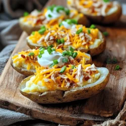 - 4 large russet potatoes - 1 cup shredded sharp cheddar cheese - 1/2 cup crispy cooked chicken, chopped - 1/2 cup sour cream - 1/4 cup cooked and crumbled turkey bacon - 1/4 cup green onions, finely sliced - 1 teaspoon garlic powder - 1 teaspoon smoked paprika - Salt and pepper to taste - Olive oil for brushing When I make loaded potato skins, I focus on fresh, quality ingredients. The large russet potatoes serve as the perfect base. They bake up fluffy inside while the skins turn crisp. Using sharp cheddar cheese gives a strong flavor. I love the melted cheese that stretches as you pull a piece off. Crispy cooked chicken adds protein and texture. For a creamy finish, I top each skin with sour cream. Optional ingredients can elevate the dish. Turkey bacon adds a smoky crunch and pairs well with the potato. Green onions bring a fresh bite. I also add garlic powder and smoked paprika for depth. These spices enhance the overall flavor. Seasoning is key. Salt and pepper bring out the taste of each ingredient. I brush the potatoes with olive oil to help them crisp up in the oven. This simple step makes a big difference. For the full recipe, follow the steps carefully. You’ll create a dish that impresses everyone! First, preheat your oven to 400°F (200°C). Scrub the potatoes under running water to remove dirt. Pat them dry with a kitchen towel. This step is key for a crisp skin. Next, prick each potato several times with a fork. This allows steam to escape while baking. Rub the potatoes with olive oil and sprinkle salt on top. This will help flavor the skin. Now, place the potatoes directly on the oven rack. Bake them for 45 to 60 minutes. You want them to be fork-tender. Test by inserting a fork; it should go in easily. Once baked, remove the potatoes from the oven. Let them cool for a few minutes until safe to handle. This cooling time is important for easy scooping. Cut each potato in half lengthwise. Carefully scoop out some of the flesh. Leave about 1/4 inch of potato on the skin. This helps keep the skin sturdy. In a bowl, mash the scooped potato flesh. Add garlic powder, smoked paprika, salt, and pepper. Mix until creamy and smooth. Spoon this mixture back into the skins. Top each filled potato with shredded cheddar cheese, crispy chicken, and turkey bacon if you like. Place the loaded potato skins back onto a baking sheet. Return them to the oven. Bake for 10 to 15 minutes, or until the cheese melts and bubbles. Once they look golden, remove them from the oven. Let them cool slightly before serving. Drizzle each potato skin with sour cream and sprinkle green onions on top. Enjoy your loaded potato skins as a savory treat! To get the best potato skin texture, choose large russet potatoes. They have thick skins that hold up well. Bake them until they are soft inside. This gives you a nice, fluffy filling. After baking, let them cool slightly before you scoop. This makes it easier to handle them. For a creamy mashed filling, scoop out the flesh gently. Leave about 1/4 inch of potato on the skin. Mash the scooped potato with garlic powder, smoked paprika, salt, and pepper. Mix until smooth and creamy. This adds a rich taste to your skins. Adding spices and herbs boosts the flavor of your loaded potato skins. Try garlic powder and smoked paprika for a savory kick. You can also add chili powder or cumin for a different twist. Fresh herbs like chives or parsley brighten up the dish. When it comes to toppings, think about the texture. Crispy toppings like bacon or fried onions add crunch. Soft toppings like sour cream or cheese provide a creamy contrast. Balance the textures for a delightful bite. Serving your loaded potato skins can be fun! Use a rustic wooden board or a stylish platter. This gives a warm feel to your meal. Arrange the skins neatly and add garnishes like green onions on top. A drizzle of sour cream enhances visual appeal and taste. You can even serve extra sour cream on the side for dipping. This makes it more interactive for guests. For a pop of color, add some fresh herbs or colorful vegetables around the skins. For the full recipe, check out the complete guide to making these delicious treats! {{image_2}} You can switch up the cheese in your loaded potato skins. Try using mozzarella for a gooey texture. It melts well and has a mild taste. Pepper jack adds a kick, perfect for spice lovers. Blend cheeses for a unique flavor. Mixing sharp cheddar with a creamy cheese can make every bite special. Want to change the protein? Use pulled pork for a smoky flavor. It pairs well with cheese and toppings. Ground beef is another great choice. It adds heartiness to each bite. For vegetarians, try black beans or lentils. They add protein and texture without meat. You can even use sautéed mushrooms for a savory twist. Get creative with toppings for your potato skins. Adding jalapeños gives a spicy bite. Diced avocado adds creaminess and freshness. For vegan options, try cashew sour cream. It’s a great substitute that still tastes amazing. Gluten-free eaters can enjoy these too! Just be sure to check all your ingredients. You can have fun while making these tasty treats! To keep your loaded potato skins fresh, place them in an airtight container. This will help prevent drying or absorbing odors from the fridge. Store them in the refrigerator for up to three days. For the best taste, reheat them in the oven. Preheat your oven to 350°F (175°C) and bake for about 10-15 minutes. This makes the skins crispy again, and the cheese melts nicely. You can freeze loaded potato skins for later enjoyment. First, let them cool completely. Then, wrap each skin in plastic wrap or aluminum foil. Place them in a freezer-safe bag or container. They can last in the freezer for up to three months. When ready to eat, remove the skins from the freezer and thaw them in the fridge overnight. To reheat, pop them in the oven at 350°F (175°C) for 15-20 minutes. This keeps them tasty and warm, just like when they were fresh. You can prepare Loaded Potato Skins in advance. First, bake the potatoes as normal. After they cool, scoop out the insides and store the skins in an airtight container. Keep them in the fridge for up to two days. You can also prepare the filling ahead of time. Mix the scooped potato with seasonings and store it in another container. When you are ready to cook, fill the skins and bake them. This way, you save time and enjoy a quick treat! Yes, you can make Loaded Potato Skins healthier. Start by using sweet potatoes instead of russet potatoes. They add more nutrients and fiber. You can also reduce cheese or use low-fat cheese. Replace sour cream with Greek yogurt for protein and creaminess. Add more veggies like bell peppers or spinach to the filling. These changes help cut calories while keeping flavor. Loaded Potato Skins pair well with many sides. A fresh green salad adds crunch and color. You can also serve a bowl of chili for warmth. If you want something lighter, try a vegetable platter with dip. For a classic touch, serve some chicken wings or a hearty soup. All these options make for a great meal together! Loaded potato skins are a tasty treat you can easily make at home. We covered the key ingredients and shared step-by-step instructions to achieve perfect results. You learned how to boost flavor and try fun toppings. Remember, leftovers can be stored or frozen for later. Be creative with your toppings, and enjoy experimenting with flavors. This recipe is not just a meal; it's a fun way to gather and share joy with family and friends. Take a chance and create your own loaded potato skins today!