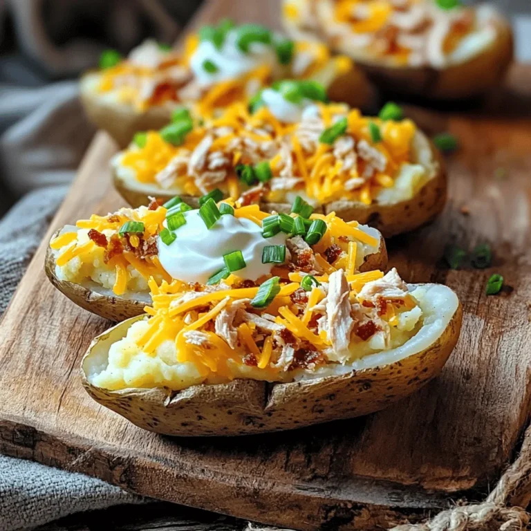- 4 large russet potatoes - 1 cup shredded sharp cheddar cheese - 1/2 cup crispy cooked chicken, chopped - 1/2 cup sour cream - 1/4 cup cooked and crumbled turkey bacon - 1/4 cup green onions, finely sliced - 1 teaspoon garlic powder - 1 teaspoon smoked paprika - Salt and pepper to taste - Olive oil for brushing When I make loaded potato skins, I focus on fresh, quality ingredients. The large russet potatoes serve as the perfect base. They bake up fluffy inside while the skins turn crisp. Using sharp cheddar cheese gives a strong flavor. I love the melted cheese that stretches as you pull a piece off. Crispy cooked chicken adds protein and texture. For a creamy finish, I top each skin with sour cream. Optional ingredients can elevate the dish. Turkey bacon adds a smoky crunch and pairs well with the potato. Green onions bring a fresh bite. I also add garlic powder and smoked paprika for depth. These spices enhance the overall flavor. Seasoning is key. Salt and pepper bring out the taste of each ingredient. I brush the potatoes with olive oil to help them crisp up in the oven. This simple step makes a big difference. For the full recipe, follow the steps carefully. You’ll create a dish that impresses everyone! First, preheat your oven to 400°F (200°C). Scrub the potatoes under running water to remove dirt. Pat them dry with a kitchen towel. This step is key for a crisp skin. Next, prick each potato several times with a fork. This allows steam to escape while baking. Rub the potatoes with olive oil and sprinkle salt on top. This will help flavor the skin. Now, place the potatoes directly on the oven rack. Bake them for 45 to 60 minutes. You want them to be fork-tender. Test by inserting a fork; it should go in easily. Once baked, remove the potatoes from the oven. Let them cool for a few minutes until safe to handle. This cooling time is important for easy scooping. Cut each potato in half lengthwise. Carefully scoop out some of the flesh. Leave about 1/4 inch of potato on the skin. This helps keep the skin sturdy. In a bowl, mash the scooped potato flesh. Add garlic powder, smoked paprika, salt, and pepper. Mix until creamy and smooth. Spoon this mixture back into the skins. Top each filled potato with shredded cheddar cheese, crispy chicken, and turkey bacon if you like. Place the loaded potato skins back onto a baking sheet. Return them to the oven. Bake for 10 to 15 minutes, or until the cheese melts and bubbles. Once they look golden, remove them from the oven. Let them cool slightly before serving. Drizzle each potato skin with sour cream and sprinkle green onions on top. Enjoy your loaded potato skins as a savory treat! To get the best potato skin texture, choose large russet potatoes. They have thick skins that hold up well. Bake them until they are soft inside. This gives you a nice, fluffy filling. After baking, let them cool slightly before you scoop. This makes it easier to handle them. For a creamy mashed filling, scoop out the flesh gently. Leave about 1/4 inch of potato on the skin. Mash the scooped potato with garlic powder, smoked paprika, salt, and pepper. Mix until smooth and creamy. This adds a rich taste to your skins. Adding spices and herbs boosts the flavor of your loaded potato skins. Try garlic powder and smoked paprika for a savory kick. You can also add chili powder or cumin for a different twist. Fresh herbs like chives or parsley brighten up the dish. When it comes to toppings, think about the texture. Crispy toppings like bacon or fried onions add crunch. Soft toppings like sour cream or cheese provide a creamy contrast. Balance the textures for a delightful bite. Serving your loaded potato skins can be fun! Use a rustic wooden board or a stylish platter. This gives a warm feel to your meal. Arrange the skins neatly and add garnishes like green onions on top. A drizzle of sour cream enhances visual appeal and taste. You can even serve extra sour cream on the side for dipping. This makes it more interactive for guests. For a pop of color, add some fresh herbs or colorful vegetables around the skins. For the full recipe, check out the complete guide to making these delicious treats! {{image_2}} You can switch up the cheese in your loaded potato skins. Try using mozzarella for a gooey texture. It melts well and has a mild taste. Pepper jack adds a kick, perfect for spice lovers. Blend cheeses for a unique flavor. Mixing sharp cheddar with a creamy cheese can make every bite special. Want to change the protein? Use pulled pork for a smoky flavor. It pairs well with cheese and toppings. Ground beef is another great choice. It adds heartiness to each bite. For vegetarians, try black beans or lentils. They add protein and texture without meat. You can even use sautéed mushrooms for a savory twist. Get creative with toppings for your potato skins. Adding jalapeños gives a spicy bite. Diced avocado adds creaminess and freshness. For vegan options, try cashew sour cream. It’s a great substitute that still tastes amazing. Gluten-free eaters can enjoy these too! Just be sure to check all your ingredients. You can have fun while making these tasty treats! To keep your loaded potato skins fresh, place them in an airtight container. This will help prevent drying or absorbing odors from the fridge. Store them in the refrigerator for up to three days. For the best taste, reheat them in the oven. Preheat your oven to 350°F (175°C) and bake for about 10-15 minutes. This makes the skins crispy again, and the cheese melts nicely. You can freeze loaded potato skins for later enjoyment. First, let them cool completely. Then, wrap each skin in plastic wrap or aluminum foil. Place them in a freezer-safe bag or container. They can last in the freezer for up to three months. When ready to eat, remove the skins from the freezer and thaw them in the fridge overnight. To reheat, pop them in the oven at 350°F (175°C) for 15-20 minutes. This keeps them tasty and warm, just like when they were fresh. You can prepare Loaded Potato Skins in advance. First, bake the potatoes as normal. After they cool, scoop out the insides and store the skins in an airtight container. Keep them in the fridge for up to two days. You can also prepare the filling ahead of time. Mix the scooped potato with seasonings and store it in another container. When you are ready to cook, fill the skins and bake them. This way, you save time and enjoy a quick treat! Yes, you can make Loaded Potato Skins healthier. Start by using sweet potatoes instead of russet potatoes. They add more nutrients and fiber. You can also reduce cheese or use low-fat cheese. Replace sour cream with Greek yogurt for protein and creaminess. Add more veggies like bell peppers or spinach to the filling. These changes help cut calories while keeping flavor. Loaded Potato Skins pair well with many sides. A fresh green salad adds crunch and color. You can also serve a bowl of chili for warmth. If you want something lighter, try a vegetable platter with dip. For a classic touch, serve some chicken wings or a hearty soup. All these options make for a great meal together! Loaded potato skins are a tasty treat you can easily make at home. We covered the key ingredients and shared step-by-step instructions to achieve perfect results. You learned how to boost flavor and try fun toppings. Remember, leftovers can be stored or frozen for later. Be creative with your toppings, and enjoy experimenting with flavors. This recipe is not just a meal; it's a fun way to gather and share joy with family and friends. Take a chance and create your own loaded potato skins today!