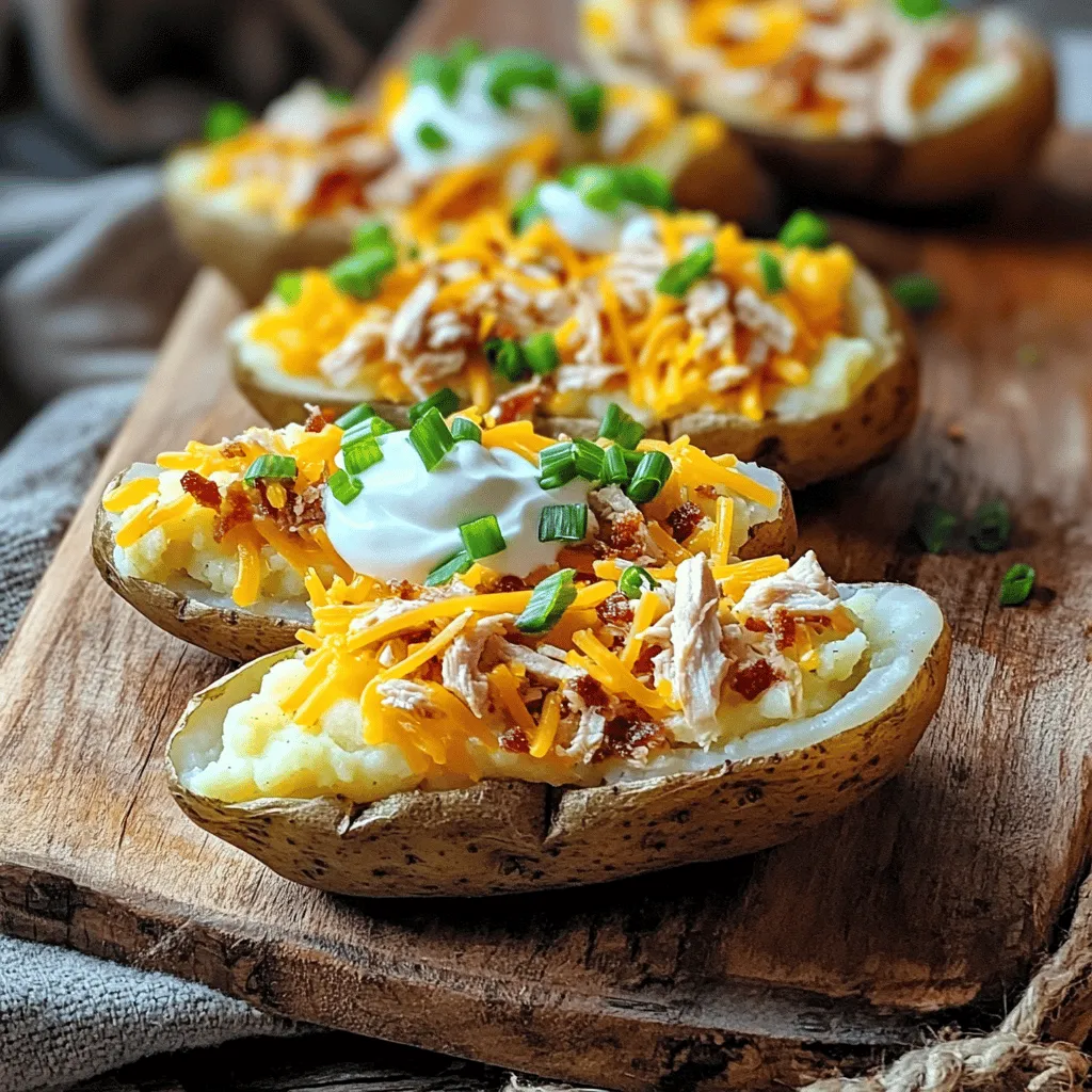 - 4 large russet potatoes - 1 cup shredded sharp cheddar cheese - 1/2 cup crispy cooked chicken, chopped - 1/2 cup sour cream - 1/4 cup cooked and crumbled turkey bacon - 1/4 cup green onions, finely sliced - 1 teaspoon garlic powder - 1 teaspoon smoked paprika - Salt and pepper to taste - Olive oil for brushing When I make loaded potato skins, I focus on fresh, quality ingredients. The large russet potatoes serve as the perfect base. They bake up fluffy inside while the skins turn crisp. Using sharp cheddar cheese gives a strong flavor. I love the melted cheese that stretches as you pull a piece off. Crispy cooked chicken adds protein and texture. For a creamy finish, I top each skin with sour cream. Optional ingredients can elevate the dish. Turkey bacon adds a smoky crunch and pairs well with the potato. Green onions bring a fresh bite. I also add garlic powder and smoked paprika for depth. These spices enhance the overall flavor. Seasoning is key. Salt and pepper bring out the taste of each ingredient. I brush the potatoes with olive oil to help them crisp up in the oven. This simple step makes a big difference. For the full recipe, follow the steps carefully. You’ll create a dish that impresses everyone! First, preheat your oven to 400°F (200°C). Scrub the potatoes under running water to remove dirt. Pat them dry with a kitchen towel. This step is key for a crisp skin. Next, prick each potato several times with a fork. This allows steam to escape while baking. Rub the potatoes with olive oil and sprinkle salt on top. This will help flavor the skin. Now, place the potatoes directly on the oven rack. Bake them for 45 to 60 minutes. You want them to be fork-tender. Test by inserting a fork; it should go in easily. Once baked, remove the potatoes from the oven. Let them cool for a few minutes until safe to handle. This cooling time is important for easy scooping. Cut each potato in half lengthwise. Carefully scoop out some of the flesh. Leave about 1/4 inch of potato on the skin. This helps keep the skin sturdy. In a bowl, mash the scooped potato flesh. Add garlic powder, smoked paprika, salt, and pepper. Mix until creamy and smooth. Spoon this mixture back into the skins. Top each filled potato with shredded cheddar cheese, crispy chicken, and turkey bacon if you like. Place the loaded potato skins back onto a baking sheet. Return them to the oven. Bake for 10 to 15 minutes, or until the cheese melts and bubbles. Once they look golden, remove them from the oven. Let them cool slightly before serving. Drizzle each potato skin with sour cream and sprinkle green onions on top. Enjoy your loaded potato skins as a savory treat! To get the best potato skin texture, choose large russet potatoes. They have thick skins that hold up well. Bake them until they are soft inside. This gives you a nice, fluffy filling. After baking, let them cool slightly before you scoop. This makes it easier to handle them. For a creamy mashed filling, scoop out the flesh gently. Leave about 1/4 inch of potato on the skin. Mash the scooped potato with garlic powder, smoked paprika, salt, and pepper. Mix until smooth and creamy. This adds a rich taste to your skins. Adding spices and herbs boosts the flavor of your loaded potato skins. Try garlic powder and smoked paprika for a savory kick. You can also add chili powder or cumin for a different twist. Fresh herbs like chives or parsley brighten up the dish. When it comes to toppings, think about the texture. Crispy toppings like bacon or fried onions add crunch. Soft toppings like sour cream or cheese provide a creamy contrast. Balance the textures for a delightful bite. Serving your loaded potato skins can be fun! Use a rustic wooden board or a stylish platter. This gives a warm feel to your meal. Arrange the skins neatly and add garnishes like green onions on top. A drizzle of sour cream enhances visual appeal and taste. You can even serve extra sour cream on the side for dipping. This makes it more interactive for guests. For a pop of color, add some fresh herbs or colorful vegetables around the skins. For the full recipe, check out the complete guide to making these delicious treats! {{image_2}} You can switch up the cheese in your loaded potato skins. Try using mozzarella for a gooey texture. It melts well and has a mild taste. Pepper jack adds a kick, perfect for spice lovers. Blend cheeses for a unique flavor. Mixing sharp cheddar with a creamy cheese can make every bite special. Want to change the protein? Use pulled pork for a smoky flavor. It pairs well with cheese and toppings. Ground beef is another great choice. It adds heartiness to each bite. For vegetarians, try black beans or lentils. They add protein and texture without meat. You can even use sautéed mushrooms for a savory twist. Get creative with toppings for your potato skins. Adding jalapeños gives a spicy bite. Diced avocado adds creaminess and freshness. For vegan options, try cashew sour cream. It’s a great substitute that still tastes amazing. Gluten-free eaters can enjoy these too! Just be sure to check all your ingredients. You can have fun while making these tasty treats! To keep your loaded potato skins fresh, place them in an airtight container. This will help prevent drying or absorbing odors from the fridge. Store them in the refrigerator for up to three days. For the best taste, reheat them in the oven. Preheat your oven to 350°F (175°C) and bake for about 10-15 minutes. This makes the skins crispy again, and the cheese melts nicely. You can freeze loaded potato skins for later enjoyment. First, let them cool completely. Then, wrap each skin in plastic wrap or aluminum foil. Place them in a freezer-safe bag or container. They can last in the freezer for up to three months. When ready to eat, remove the skins from the freezer and thaw them in the fridge overnight. To reheat, pop them in the oven at 350°F (175°C) for 15-20 minutes. This keeps them tasty and warm, just like when they were fresh. You can prepare Loaded Potato Skins in advance. First, bake the potatoes as normal. After they cool, scoop out the insides and store the skins in an airtight container. Keep them in the fridge for up to two days. You can also prepare the filling ahead of time. Mix the scooped potato with seasonings and store it in another container. When you are ready to cook, fill the skins and bake them. This way, you save time and enjoy a quick treat! Yes, you can make Loaded Potato Skins healthier. Start by using sweet potatoes instead of russet potatoes. They add more nutrients and fiber. You can also reduce cheese or use low-fat cheese. Replace sour cream with Greek yogurt for protein and creaminess. Add more veggies like bell peppers or spinach to the filling. These changes help cut calories while keeping flavor. Loaded Potato Skins pair well with many sides. A fresh green salad adds crunch and color. You can also serve a bowl of chili for warmth. If you want something lighter, try a vegetable platter with dip. For a classic touch, serve some chicken wings or a hearty soup. All these options make for a great meal together! Loaded potato skins are a tasty treat you can easily make at home. We covered the key ingredients and shared step-by-step instructions to achieve perfect results. You learned how to boost flavor and try fun toppings. Remember, leftovers can be stored or frozen for later. Be creative with your toppings, and enjoy experimenting with flavors. This recipe is not just a meal; it's a fun way to gather and share joy with family and friends. Take a chance and create your own loaded potato skins today!
