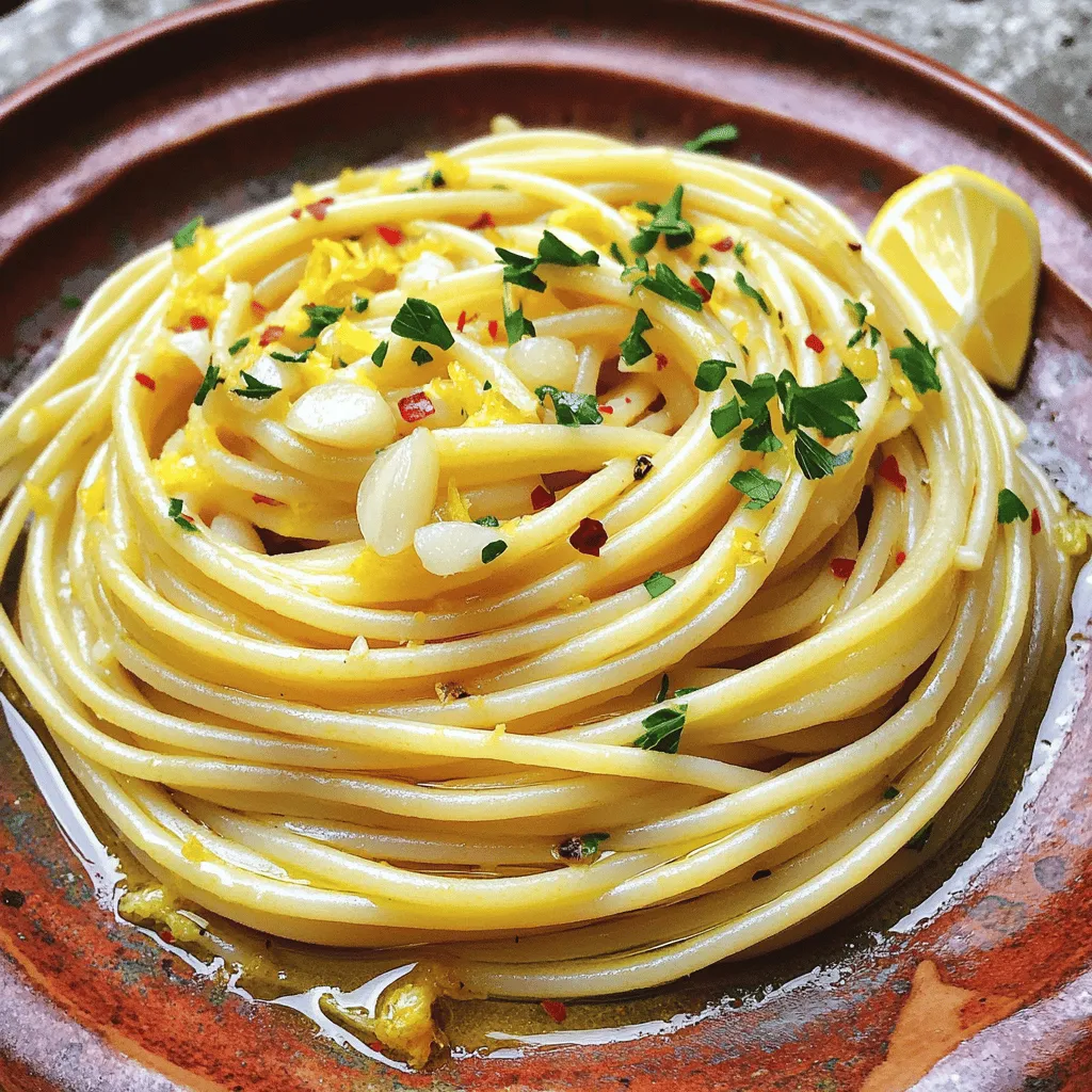To make a great Spaghetti Aglio e Olio, you need simple, quality ingredients. Here’s what I use: - 400g spaghetti - 6 cloves garlic, thinly sliced - 1/2 cup extra virgin olive oil - 1 teaspoon red pepper flakes - 1/4 cup fresh parsley, chopped - Salt, to taste - Zest of 1 lemon These ingredients create a dish full of flavor. The garlic gives the pasta its signature taste. The olive oil adds richness, while the red pepper flakes bring heat. You can adjust the recipe with a few optional ingredients. Here are some I love to add: - Grated Parmesan cheese (for serving) - Lemon juice (for extra brightness) Adding these can elevate the dish. Cheese adds creaminess, and lemon juice brightens the flavors even more. Spaghetti Aglio e Olio pairs well with several sides. Here are my top picks: - A fresh green salad - Garlic bread - Steamed vegetables These sides balance the meal. A salad adds crunch, and garlic bread complements the pasta nicely. You can enjoy this dish with any of these options to complete your meal. For the full recipe, check out the detailed steps and tips. First, gather all your ingredients. You need: - 400g spaghetti - 6 cloves garlic, thinly sliced - 1/2 cup extra virgin olive oil - 1 teaspoon red pepper flakes - 1/4 cup fresh parsley, chopped - Salt, to taste - Zest of 1 lemon - Grated Parmesan cheese (optional) Make sure to measure everything out. This will help you cook faster. Start by boiling a large pot of salted water. Once it boils, add the spaghetti. Cook it according to the package instructions until it's al dente. This usually takes around 8-10 minutes. While the pasta cooks, heat the olive oil in a large skillet over medium heat. Add the sliced garlic and sauté it gently. Keep an eye on it! Cook for about 2-3 minutes until the garlic turns golden and smells great. Be careful not to burn it. Next, stir in the red pepper flakes. This will add a nice kick to the oil. Cook for another 30 seconds to let the flavors blend. After the pasta is ready, reserve one cup of the pasta water. Then, drain the spaghetti. Add the spaghetti to the skillet with the garlic oil. Toss everything together. If the pasta seems dry, add a bit of the reserved pasta water to loosen it up. Remove the skillet from heat. Now, stir in the fresh parsley, lemon zest, and salt. Mix everything well to make sure the flavors combine. To serve, place the spaghetti on plates. You can arrange it in a nest shape for a nice look. Drizzle some extra virgin olive oil on top. If you want, add grated Parmesan cheese for creaminess. For a fun touch, garnish with more parsley and a lemon wedge. This makes the dish bright and inviting. Enjoy your savory spaghetti aglio e olio! To get the best garlic flavor, always use fresh garlic. Thinly slice the cloves to release their oils. Heat the olive oil gently before adding garlic. This helps the garlic cook evenly. Stir often to avoid burning. Cook until golden, not brown. A little patience makes a big difference. To cook al dente pasta, start with a large pot of salted water. Bring it to a rolling boil before adding the spaghetti. Follow the package instructions, but check a minute early. The pasta should be firm yet tender. Remember to reserve some pasta water before draining. This water can help adjust the sauce later. For a beautiful presentation, twist the spaghetti into nests on the plate. Drizzle a little extra virgin olive oil on top. Add fresh parsley for color and flavor. A wedge of lemon adds a nice touch too. If you like cheese, sprinkle grated Parmesan on top. It makes the dish look and taste even better. {{image_2}} You can easily add proteins to your spaghetti aglio e olio. Shrimp cooks fast and adds a nice flavor. Just sauté the shrimp for a few minutes before adding the garlic. Chicken is another great choice. Use small pieces and cook them until they’re golden. For a plant-based option, try tofu. Press it to remove extra water, then cube and sauté until crispy. Each protein brings a unique twist to this classic dish. Making spaghetti aglio e olio vegetarian is simple. Just skip the cheese or use a vegan version. You can also add vegetables like spinach or cherry tomatoes for added color and taste. If you want to make it vegan, use nutritional yeast instead of cheese. This adds a cheesy flavor without any dairy. These options keep the dish light but full of flavor. Don't be afraid to have fun with flavors! Fresh herbs like basil or oregano can change the taste a lot. You can toss them in at the end for freshness. A bit of lemon juice enhances the dish too. For spice lovers, try adding more red pepper flakes or even a dash of smoked paprika. Each adjustment can create a new favorite version of this dish. Experiment and find what you love best! For the full recipe, check out the details above. After enjoying your spaghetti, let the leftovers cool down. Place the spaghetti in an airtight container. This keeps it fresh and tasty. You can store it in the fridge for up to three days. If you want to keep it longer, consider freezing it. Make sure to leave some space in the container. The pasta will expand as it freezes. When you're ready to eat your leftovers, reheating is key. For best results, use the stove. Put the spaghetti in a skillet over low heat. Add a splash of water or olive oil. Stir often to heat evenly. This helps keep the pasta moist and soft. You can also use the microwave. Just cover the dish and add a little water. Heat it in short bursts to avoid drying it out. If you choose to freeze your spaghetti, follow these steps. First, let the dish cool completely. Then, portion it into containers or freezer bags. Make sure to squeeze out the air before sealing. Label the bags with the date. Frozen spaghetti can last up to three months. When you’re ready to eat, thaw it in the fridge overnight. Then, reheat as mentioned above. Enjoy your easy and delicious spaghetti anytime! Spaghetti Aglio e Olio is a simple Italian pasta dish. It uses just a few ingredients: spaghetti, garlic, olive oil, and red pepper flakes. The name means "spaghetti with garlic and oil" in Italian. This dish is quick to make, yet full of flavor. You can find it in many Italian restaurants. It’s popular because it’s easy and uses pantry staples. To avoid burning garlic, you need to watch it carefully. Start with medium heat when you cook the garlic in olive oil. Add the sliced garlic to the oil and stir often. Cook it for 2-3 minutes until it turns golden and fragrant. Remove it from the heat before it gets too dark. If you smell a strong burning scent, it’s too late. Remember, burnt garlic tastes bitter. Yes, you can customize Spaghetti Aglio e Olio easily. For a milder dish, reduce the red pepper flakes. You can add more garlic for a stronger flavor. If you like tang, add lemon zest or juice. Fresh herbs like basil or oregano can bring in new flavors. You can also add protein like shrimp or chicken for a heartier meal. The choice is yours! For more details, check the Full Recipe. Spaghetti Aglio e Olio is simple yet delightful. You learned about key ingredients and optional extras for flavor. You discovered step-by-step instructions for perfect pasta and serving tips. I shared ways to enhance garlic flavor and ensure your pasta is al dente. You can also explore variations with proteins and herbs. Remember to store leftovers properly and keep meal quality high. Enjoy your cooking journey, and feel free to tweak the recipe to fit your taste!