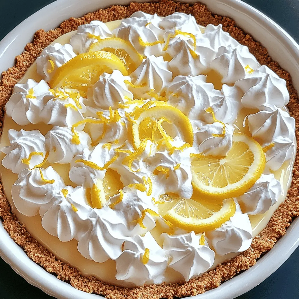 To make a No-Bake Lemon Icebox Pie, you will need the following ingredients: - 1 cup graham cracker crumbs - 1/2 cup unsweetened shredded coconut - 1/3 cup granulated sugar - 1/2 cup unsalted butter, melted - 1 cup heavy whipping cream - 1 (14 oz) can sweetened condensed milk - 1/2 cup freshly squeezed lemon juice - Zest of 2 lemons - A pinch of salt Each ingredient plays a key role in making this pie tasty. The graham cracker crumbs form a sweet, crunchy crust. Coconut adds a nice texture and flavor. Sugar balances the tartness of the lemon. Butter helps hold the crust together. Heavy cream gives the pie a light and fluffy filling. Sweetened condensed milk adds creaminess and sweetness. Fresh lemon juice and zest bring a bright, citrus flavor. Finally, a pinch of salt enhances the overall taste. If you need to swap some ingredients, here are some ideas: - Graham Cracker Crumbs: Use crushed cookies or vanilla wafers instead. - Unsweetened Shredded Coconut: Omit it for a classic crust or use sweetened coconut for a sweeter touch. - Granulated Sugar: You can use brown sugar for a deeper flavor. - Unsalted Butter: Substitute with coconut oil or a plant-based butter for a dairy-free option. - Heavy Whipping Cream: Use whipped coconut cream for a vegan version. - Sweetened Condensed Milk: Try a dairy-free condensed milk alternative. - Fresh Lemon Juice: Bottled lemon juice works, but fresh is best for taste. - Lemon Zest: You can skip it, but zest adds extra lemon flavor. - Salt: If you’re watching your salt intake, you can leave it out. Using these substitutions, you can still create a delicious No-Bake Lemon Icebox Pie. For the full recipe, refer to the recipe details above. Mixing Dry Ingredients Start by gathering your graham cracker crumbs, shredded coconut, and sugar. In a bowl, combine these dry ingredients. Stir with a fork until they mix well. The mixture should look even, like sandy soil. Forming and Chilling the Crust Next, add the melted butter to your crumb mixture. Mix until it feels moist, like wet sand. Grab a 9-inch pie dish and press the crumb mixture firmly into the bottom and up the sides. You can use the back of a measuring cup for an even press. Once the crust is packed tight, place it in the fridge for 15 minutes. This helps it set up nicely. Whipping the Cream In a clean bowl, pour your heavy whipping cream. Using an electric mixer, beat it until stiff peaks form. This usually takes about 3-5 minutes. The cream should be thick and hold its shape. Set it aside carefully. Mixing the Lemon Filling In another bowl, add the sweetened condensed milk, freshly squeezed lemon juice, lemon zest, and a pinch of salt. Whisk these ingredients together until they blend smoothly. This mixture should taste bright and zesty. Combining the Mixtures Now it's time to fold the whipped cream into the lemon mixture. Do this gently, using a spatula. Be careful not to deflate the whipped cream. You want a light and airy filling. Filling the Crust and Final Chilling Pour the lemon filling into the chilled crust. Use a spatula to smooth the top. Once it's even, cover the pie with plastic wrap. Place it back in the fridge for at least 4 hours to set. For the best flavor, chill it overnight. This simple process leads to a refreshing dessert that everyone loves! For the full recipe, check out the details above. - Achieving the Right Texture For the crust, you want it to feel like wet sand. Use finely crushed graham crackers. Mix them well with melted butter and coconut. This creates a firm base for your pie. - Adjusting for Sweetness If you find the crust too sweet, cut back on sugar. You can also add a pinch of salt to balance flavors. Taste as you go to find the right mix. - The Role of Fresh Ingredients Fresh lemon juice makes a big difference. Bottled juice lacks the bright taste you want. Use the zest too; it adds extra zing and aroma. - Optional Add-ins To boost flavor, consider adding a bit of lime juice. You might even try a hint of vanilla extract. These small tweaks can create a unique twist. - Presentation Ideas For a pretty look, garnish your pie with lemon slices or zest. You can also add whipped cream on top. Serve it cold for a refreshing treat. - Pairing with Beverages This pie pairs well with iced tea or lemonade. A light white wine can also enhance the flavors. Choose drinks that complement the tangy notes of the pie. For the full recipe, check out No-Bake Lemon Icebox Pie. {{image_2}} You can change the flavor of your no-bake lemon icebox pie in fun ways. One great idea is adding other citrus fruits. Oranges, limes, or grapefruits can brighten the taste. Just use the same amount of juice as you do with lemons. This swap gives you a fresh twist. Another option is to create chocolate or berry swirls. For chocolate, melt some dark or milk chocolate. Drizzle it into the pie filling before it sets. For berries, mash fresh strawberries or blueberries. Fold them into the filling gently. Both options add color and richness. If you need gluten-free options, swap the graham cracker crumbs for gluten-free ones. You can use crushed nuts or gluten-free cookies instead. This keeps the crust tasty and safe for everyone. For vegan adaptations, use coconut cream instead of heavy whipping cream. Replace sweetened condensed milk with coconut milk mixed with a bit of sugar. This makes the pie creamy and plant-based. Be sure to use a dairy-free butter substitute for the crust too. These changes keep your dessert delicious while meeting dietary needs. To keep your No-Bake Lemon Icebox Pie fresh, refrigerate it right away. Cover the pie with plastic wrap or aluminum foil. This will help avoid any strange smells or tastes from your fridge. The pie can stay in the fridge for up to three days. If you want to save some for later, you can also freeze it. Make sure to wrap it tightly in plastic wrap and then in foil. It will keep well for about two months in the freezer. To ensure the best taste, always check the pie before eating. If it has any off smells or looks watery, it's time to toss it. Fresh pies will have a bright lemon scent and a firm texture. If you see any visible mold or the crust feels soggy, you should not eat it. Keeping the pie stored properly will help it stay fresh longer. Always remember, fresh is best! How long does it need to chill? This pie needs to chill for at least four hours. For the best taste and texture, chill it overnight. This time allows the filling to set properly, giving you a smooth slice. Can I use bottled lemon juice instead? Yes, you can use bottled lemon juice. However, fresh lemon juice gives a brighter taste. If you use bottled juice, choose one with no added sugar for the best flavor. Why won’t my pie set? If your pie doesn’t set, it might need more time in the fridge. It could also be due to too much liquid in the filling. Make sure to measure the lemon juice carefully. Can I make this pie ahead of time? Absolutely! This pie is perfect for making ahead. You can prepare it up to two days in advance. Just keep it covered in the fridge until you're ready to serve. Best ways to serve the pie Slice the pie into wedges for serving. Garnish with lemon zest or whipped cream for a fresh touch. You can also serve it with fresh berries on the side for added flavor. Can I double the recipe? Yes, you can double the recipe easily. Just make sure you have a larger pie dish or two dishes. Adjust the chilling time as needed for thicker layers. For the full recipe, check out the details above! In this blog post, I covered the key steps for making a No-Bake Lemon Icebox Pie. We explored ingredients, from detailed breakdowns to tasty substitutions. I shared tips for perfecting the crust and enhancing the lemon flavor. You can also experiment with different variations, dietary adjustments, and clever storage tips. Remember, this pie is easy and fun to make. Enjoy experimenting and serving this delightful treat! Keep it fresh, and savor every slice.