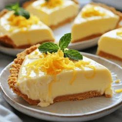 To make No Bake Lemon Icebox Pie, you need these ingredients: - 1 cup graham cracker crumbs - 1/2 cup unsalted butter, melted - 1/2 cup granulated sugar - 1 can (14 oz) sweetened condensed milk - 1/2 cup fresh lemon juice (about 3-4 lemons) - Zest of 1 lemon - 1/4 teaspoon salt - 1 cup heavy whipping cream - 2 tablespoons powdered sugar - Extra lemon zest for garnish (optional) You can swap some ingredients if needed. For graham cracker crumbs, use crushed cookies or oats. If you want a lighter pie, use low-fat cream cheese instead of heavy cream. For sweetness, try honey or maple syrup in place of granulated sugar. You can also use dairy-free options like coconut cream for a vegan version. Using fresh ingredients always gives the best flavor. Fresh lemons make the pie bright and zesty. However, if you are short on time, store-bought lemon juice works too. Just check for a pure product without added sugars. For the crust, store-bought graham cracker crusts are convenient but may lack the homemade touch. Making your crust from scratch allows you to control the taste. By following these tips, you can make this pie your own while keeping it delicious. For the full recipe, check out the complete instructions to create this easy dessert. 1. Make the crust: In a medium bowl, mix graham cracker crumbs and melted butter. Stir until well combined. Press this mixture into a 9-inch pie dish. Make sure it is firm and even. Place the crust in the fridge for 15 minutes to set. 2. Prepare the filling: In a clean bowl, whisk together sweetened condensed milk, lemon juice, lemon zest, granulated sugar, and salt. Mix until smooth. The acidity from the lemon will thicken it a bit. 3. Whip the cream: Take another bowl and add heavy whipping cream and powdered sugar. Use an electric mixer to beat it until you see stiff peaks. This gives the pie a light texture. 4. Combine mixtures: Gently fold the whipped cream into the lemon mixture. Be careful not to lose the fluffiness of the whipped cream. You want a creamy, light filling. 5. Fill the crust: Pour the lemon filling into your chilled graham cracker crust. Use a spatula to smooth the top. 6. Chill the pie: Cover the pie with plastic wrap and place it in the fridge. Let it chill for at least 4 hours or overnight if you can. This helps the pie set perfectly. 7. Serve: Once set, take it out of the fridge. If you want, sprinkle some extra lemon zest on top for a bright touch. I recommend checking out video tutorials online. Watching someone make the pie can really help. You can see how the mixture looks at each step. This adds a fun layer to learning. Look for videos that show the folding technique too. It’s a key part to keep the filling light. - Not chilling the crust: Skipping this step can make the crust fall apart when you cut the pie. Always chill it! - Overmixing the whipped cream: Be gentle when folding. Overmixing can turn it into butter, and we want it fluffy. - Using old lemons: Fresh lemons give the best flavor. Check for firmness and scent before using them. - Skipping the chill time: Patience is key! Don’t rush the chilling. It helps the pie set well, ensuring a great texture. This No Bake Lemon Icebox Pie is easy and fun to make! Follow these steps, and you will impress everyone with your skills. For more details, check out the Full Recipe. To get the best texture, use cold heavy cream. Chill your mixing bowl too. This helps the cream whip up nicely. When folding the whipped cream into the lemon mix, do it gently. You want to keep that airy lightness. If you mix too hard, your filling can become flat. Lemon is bright, but you can add more! Try mixing in some lime juice for a twist. You can also add a bit of vanilla extract to the lemon mix. For a sweeter pie, add a touch more sugar. Fresh herbs like mint can also brighten the flavor. Experiment and find your favorite! Serve this pie straight from the fridge. It’s cool and refreshing. For fun, use chilled plates to keep it extra cold. You can add a sprig of mint or extra lemon zest on top for style. Present each slice with a dollop of whipped cream for a treat. Explore different garnishes to make it your own. {{image_2}} You can change the crust for your No Bake Lemon Icebox Pie. Instead of graham crackers, use crushed cookies like Oreos or vanilla wafers. You can also try a nut crust made from almonds or pecans for a gluten-free option. Each crust gives a different flavor and texture. Experiment to find your favorite! Want to add more fun to your pie? Mix in fresh berries like blueberries or raspberries. You can also add shredded coconut for a tropical twist. Just fold them in gently with the lemon mix. This not only makes the pie colorful but adds a burst of flavor too! You can make this pie fit your dietary needs. For a vegan version, use coconut cream instead of heavy cream. Swap sweetened condensed milk with coconut milk and a thickener like cornstarch. For gluten-free, use a gluten-free cookie for the crust. These swaps keep the taste delicious while fitting your diet. Check out the Full Recipe for more ideas! To keep your No Bake Lemon Icebox Pie fresh, store it in the fridge. Cover it well with plastic wrap. This helps prevent it from absorbing other flavors in the fridge. For best taste, eat it within three days. You don’t need to reheat this pie. It tastes best cold. Just slice and serve straight from the fridge. If you want it softer, let it sit at room temperature for a few minutes before serving. You can freeze this pie if you want to save some for later. Wrap it tightly in plastic wrap and then in aluminum foil. This keeps it safe from freezer burn. It can last up to two months in the freezer. When ready to eat, thaw it in the fridge overnight. Do not refreeze after thawing. Enjoy the refreshing taste! For the full recipe, check out the steps above. No Bake Lemon Icebox Pie lasts about 3 to 5 days in the fridge. Keep it covered to stay fresh. The pie tastes best within the first few days. After that, the crust might get soggy. Yes, you can use bottled lemon juice. However, fresh juice has a better taste. Fresh lemons give the pie a bright flavor. If you use bottled juice, pick a brand that is 100% lemon juice. You can use crushed cookies or even vanilla wafers instead of graham crackers. You could also try crushed pretzels for a salty twist. Just make sure to adjust the butter and sugar as needed. The pie should feel firm when you gently shake it. The top will look slightly jiggly, but not too much. If it holds its shape when you slice it, it’s set. Chill it longer if it seems too soft. Absolutely! This pie is great for making ahead. You can prepare it a day or two in advance. Just make sure to cover it well in the fridge. This allows the flavors to blend nicely. For the best texture, serve it chilled after it has set. For the full recipe, check out the No Bake Lemon Icebox Pie instructions above. We've covered the essential ingredients for your No Bake Lemon Icebox Pie, from lists to swaps. I shared step-by-step instructions, so you can avoid common mistakes. Additionally, I offered tips for the best texture, flavor, and fun variations. Finally, I provided storage tips to keep your pie fresh. With this knowledge, you can make a delicious pie that everyone will love. Enjoy your baking adventure!