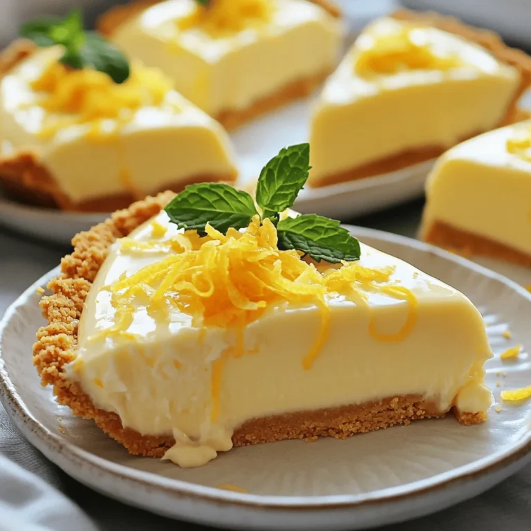 To make No Bake Lemon Icebox Pie, you need these ingredients: - 1 cup graham cracker crumbs - 1/2 cup unsalted butter, melted - 1/2 cup granulated sugar - 1 can (14 oz) sweetened condensed milk - 1/2 cup fresh lemon juice (about 3-4 lemons) - Zest of 1 lemon - 1/4 teaspoon salt - 1 cup heavy whipping cream - 2 tablespoons powdered sugar - Extra lemon zest for garnish (optional) You can swap some ingredients if needed. For graham cracker crumbs, use crushed cookies or oats. If you want a lighter pie, use low-fat cream cheese instead of heavy cream. For sweetness, try honey or maple syrup in place of granulated sugar. You can also use dairy-free options like coconut cream for a vegan version. Using fresh ingredients always gives the best flavor. Fresh lemons make the pie bright and zesty. However, if you are short on time, store-bought lemon juice works too. Just check for a pure product without added sugars. For the crust, store-bought graham cracker crusts are convenient but may lack the homemade touch. Making your crust from scratch allows you to control the taste. By following these tips, you can make this pie your own while keeping it delicious. For the full recipe, check out the complete instructions to create this easy dessert. 1. Make the crust: In a medium bowl, mix graham cracker crumbs and melted butter. Stir until well combined. Press this mixture into a 9-inch pie dish. Make sure it is firm and even. Place the crust in the fridge for 15 minutes to set. 2. Prepare the filling: In a clean bowl, whisk together sweetened condensed milk, lemon juice, lemon zest, granulated sugar, and salt. Mix until smooth. The acidity from the lemon will thicken it a bit. 3. Whip the cream: Take another bowl and add heavy whipping cream and powdered sugar. Use an electric mixer to beat it until you see stiff peaks. This gives the pie a light texture. 4. Combine mixtures: Gently fold the whipped cream into the lemon mixture. Be careful not to lose the fluffiness of the whipped cream. You want a creamy, light filling. 5. Fill the crust: Pour the lemon filling into your chilled graham cracker crust. Use a spatula to smooth the top. 6. Chill the pie: Cover the pie with plastic wrap and place it in the fridge. Let it chill for at least 4 hours or overnight if you can. This helps the pie set perfectly. 7. Serve: Once set, take it out of the fridge. If you want, sprinkle some extra lemon zest on top for a bright touch. I recommend checking out video tutorials online. Watching someone make the pie can really help. You can see how the mixture looks at each step. This adds a fun layer to learning. Look for videos that show the folding technique too. It’s a key part to keep the filling light. - Not chilling the crust: Skipping this step can make the crust fall apart when you cut the pie. Always chill it! - Overmixing the whipped cream: Be gentle when folding. Overmixing can turn it into butter, and we want it fluffy. - Using old lemons: Fresh lemons give the best flavor. Check for firmness and scent before using them. - Skipping the chill time: Patience is key! Don’t rush the chilling. It helps the pie set well, ensuring a great texture. This No Bake Lemon Icebox Pie is easy and fun to make! Follow these steps, and you will impress everyone with your skills. For more details, check out the Full Recipe. To get the best texture, use cold heavy cream. Chill your mixing bowl too. This helps the cream whip up nicely. When folding the whipped cream into the lemon mix, do it gently. You want to keep that airy lightness. If you mix too hard, your filling can become flat. Lemon is bright, but you can add more! Try mixing in some lime juice for a twist. You can also add a bit of vanilla extract to the lemon mix. For a sweeter pie, add a touch more sugar. Fresh herbs like mint can also brighten the flavor. Experiment and find your favorite! Serve this pie straight from the fridge. It’s cool and refreshing. For fun, use chilled plates to keep it extra cold. You can add a sprig of mint or extra lemon zest on top for style. Present each slice with a dollop of whipped cream for a treat. Explore different garnishes to make it your own. {{image_2}} You can change the crust for your No Bake Lemon Icebox Pie. Instead of graham crackers, use crushed cookies like Oreos or vanilla wafers. You can also try a nut crust made from almonds or pecans for a gluten-free option. Each crust gives a different flavor and texture. Experiment to find your favorite! Want to add more fun to your pie? Mix in fresh berries like blueberries or raspberries. You can also add shredded coconut for a tropical twist. Just fold them in gently with the lemon mix. This not only makes the pie colorful but adds a burst of flavor too! You can make this pie fit your dietary needs. For a vegan version, use coconut cream instead of heavy cream. Swap sweetened condensed milk with coconut milk and a thickener like cornstarch. For gluten-free, use a gluten-free cookie for the crust. These swaps keep the taste delicious while fitting your diet. Check out the Full Recipe for more ideas! To keep your No Bake Lemon Icebox Pie fresh, store it in the fridge. Cover it well with plastic wrap. This helps prevent it from absorbing other flavors in the fridge. For best taste, eat it within three days. You don’t need to reheat this pie. It tastes best cold. Just slice and serve straight from the fridge. If you want it softer, let it sit at room temperature for a few minutes before serving. You can freeze this pie if you want to save some for later. Wrap it tightly in plastic wrap and then in aluminum foil. This keeps it safe from freezer burn. It can last up to two months in the freezer. When ready to eat, thaw it in the fridge overnight. Do not refreeze after thawing. Enjoy the refreshing taste! For the full recipe, check out the steps above. No Bake Lemon Icebox Pie lasts about 3 to 5 days in the fridge. Keep it covered to stay fresh. The pie tastes best within the first few days. After that, the crust might get soggy. Yes, you can use bottled lemon juice. However, fresh juice has a better taste. Fresh lemons give the pie a bright flavor. If you use bottled juice, pick a brand that is 100% lemon juice. You can use crushed cookies or even vanilla wafers instead of graham crackers. You could also try crushed pretzels for a salty twist. Just make sure to adjust the butter and sugar as needed. The pie should feel firm when you gently shake it. The top will look slightly jiggly, but not too much. If it holds its shape when you slice it, it’s set. Chill it longer if it seems too soft. Absolutely! This pie is great for making ahead. You can prepare it a day or two in advance. Just make sure to cover it well in the fridge. This allows the flavors to blend nicely. For the best texture, serve it chilled after it has set. For the full recipe, check out the No Bake Lemon Icebox Pie instructions above. We've covered the essential ingredients for your No Bake Lemon Icebox Pie, from lists to swaps. I shared step-by-step instructions, so you can avoid common mistakes. Additionally, I offered tips for the best texture, flavor, and fun variations. Finally, I provided storage tips to keep your pie fresh. With this knowledge, you can make a delicious pie that everyone will love. Enjoy your baking adventure!