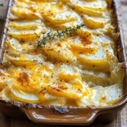 - 4 large russet potatoes, thinly sliced - 2 cups sharp cheddar cheese, grated - 1 cup mozzarella cheese, grated - 1 medium onion, finely chopped - 3 cloves garlic, minced - 2 cups heavy cream - 2 tablespoons unsalted butter - 1 teaspoon dried thyme - 1 teaspoon paprika - Salt and pepper to taste Cheesy scalloped potatoes need the right mix of tasty ingredients. Each one plays a vital role. The russet potatoes give a great texture. The sharp cheddar and mozzarella create a rich, gooey cheese layer. The onion and garlic add depth to the flavor. Heavy cream makes everything creamy and dreamy. - Options for cheese variations: You can use gouda or fontina for a different taste. Mixing cheeses can add fun flavors. - Alternative potatoes for different textures: Yukon gold potatoes work well too. They are creamier and add a different taste. - Dairy-free alternatives for cream: Use coconut cream or almond milk for a dairy-free option. These can still give you that rich feel without dairy. For the full recipe, check the details included earlier. This dish is all about balance. Enjoy the creamy, cheesy goodness with your own twist! To start, you need to prep the potatoes. Take 4 large russet potatoes and slice them thin. Aim for about 1/8 inch thick. Thin slices cook evenly and soak up the creamy goodness. Next, let's layer the potatoes. In a greased baking dish (9x13 inches), lay half of the potato slices. Overlap them slightly for even cooking. Pour half of the cream mixture over these potatoes and then add half of the cheese. You want to use both cheddar and mozzarella for the best flavor. Repeat this process with the remaining potatoes, cream, and cheese. The top layer should be cheesy and inviting. Now, let’s make the cream mixture. In a large bowl, combine 2 cups of heavy cream, 1 teaspoon dried thyme, 1 teaspoon paprika, and salt and pepper to taste. Whisk it all together until blended. Preheat your oven to 375°F (190°C). This is key for the perfect bake. Cover the baking dish with aluminum foil. This helps trap steam, allowing the potatoes to cook without drying out. Bake for 45 minutes. After 45 minutes, remove the foil. Continue baking for 20 to 25 minutes. This step is crucial for that golden and bubbly finish. The cooking time can vary, so check the potatoes with a fork. They should be tender. To get a golden top, keep an eye on the dish in the last few minutes of baking. If you want an extra crispy finish, you can broil it for the last 2 minutes. Just watch it closely so it doesn't burn. Before serving, let the cheesy scalloped potatoes cool for about 10 minutes. This helps the layers set and makes serving easier. Enjoy your rich and creamy delight, perfect for any occasion! For the full recipe, check out the details provided above. To make cheesy scalloped potatoes, I follow a few steps. First, I ensure even cooking of the potatoes. Thinly slice the potatoes to about 1/8 inch. This helps them cook uniformly. Layer them well in the baking dish, with some space between the slices. This allows heat to circulate and cook them properly. Next, I focus on the cheese blend. I mix sharp cheddar and mozzarella for the perfect taste and texture. The sharp cheddar adds a rich flavor, while mozzarella gives it a creamy melt. Feel free to experiment with other cheeses, but a mix works best. When making scalloped potatoes, I see two common mistakes. The first is overcooking or undercooking. If you cook them too long, the potatoes will turn mushy. If you don’t cook them long enough, they will be hard. I recommend checking for doneness after the initial cooking time. The potatoes should be tender but not falling apart. The second mistake is not seasoning enough. Always add salt and pepper to the cream mixture. You can also sprinkle extra seasoning between the layers. Don't be shy with the spices; they enhance the flavors. For presentation, I love serving cheesy scalloped potatoes in the baking dish. It looks rustic and inviting. If you want a more elegant touch, scoop portions onto plates. Garnish with fresh thyme leaves or chopped parsley. This adds color and freshness. Pair scalloped potatoes with roasted meats or a fresh salad. They complement many dishes, making them a perfect side. Enjoy your rich and creamy delight! For the full recipe, check the recipe section. {{image_2}} You can make cheesy scalloped potatoes even better by adding veggies. Spinach or broccoli brings color and nutrition. Chop them finely and layer them with the potatoes. Bacon or ham adds a savory touch. Cook the bacon crisp, then crumble it. Mix it in or sprinkle it on top before baking. This will make each bite extra special. Try a slow cooker for a hands-off approach. Just layer the ingredients like the full recipe says. Cook on low for about 6-8 hours. The potatoes get soft and the cheese melts perfectly. If you’re short on time, use an Instant Pot. Layer the potatoes and cream mixture in the pot. Use the pressure cook setting for about 25 minutes. This creates creamy and tender potatoes in no time. Don't be afraid to experiment with herbs and spices. Adding rosemary or basil can change the whole dish. Just sprinkle them in with the cream mixture for a fresh taste. You can also try different cheeses. Gouda, Gruyère, or even pepper jack can add unique flavors. Mix and match to find your favorite blend. Each cheese brings its own charm to cheesy scalloped potatoes. To keep your cheesy scalloped potatoes fresh, store leftovers in an airtight container. Place them in the fridge within two hours of cooking. They should last for about three to four days. If you want to keep them longer, freeze the leftovers. Cut them into smaller portions for easy thawing. Wrap each portion well in plastic wrap, then place it in a freezer-safe bag. This way, you can enjoy them later. When reheating, you want to keep the cheese creamy. The best way is to use the oven. Preheat it to 350°F (175°C). Place the potatoes in an oven-safe dish, cover it with foil, and heat for about 20 minutes. You can also use a microwave. Just add a splash of cream or milk to keep the cheese from drying out. Heat in 30-second bursts until warm. For the best taste, eat your cheesy scalloped potatoes within four days if stored in the fridge. If frozen, they can last for two to three months. However, for the best flavor and texture, consume them within one month. Always check for signs of spoilage, like off smells or discoloration, before eating. Scalloped potatoes use cream and no cheese. They are soft and smooth. Au gratin potatoes have cheese baked on top. This gives them a crispy, cheesy crust. Both are rich and tasty, but the main difference is the cheese. Yes, you can prep cheesy scalloped potatoes in advance. Slice the potatoes and layer them in the dish. Pour the cream mixture over the layers. Cover it tightly with plastic wrap. Store it in the fridge. When ready, bake it straight from the fridge. You may need to add some time to bake. Cheesy scalloped potatoes pair well with many dishes. Try serving them with roasted chicken or grilled steak. They also go well with a fresh salad. You can add some steamed veggies for color and flavor. The creamy potatoes balance well with lighter dishes. To avoid watery scalloped potatoes, start by draining the sliced potatoes. Rinse them under cold water and pat them dry. This helps remove extra starch. Also, use a good quality heavy cream. A thicker cream helps keep the dish creamy without being runny. Cheesy scalloped potatoes are a great comfort food. We covered key ingredients, from potatoes to the right cheese. You learned about easy steps to prepare and bake them perfectly. I shared tips to avoid common mistakes and ways to present your dish. Don't forget the fun variations and how to store leftovers. Experiment with flavors and enjoy a great meal. With these ideas, you can impress anyone at your table. Keep cooking and enjoy every bite!