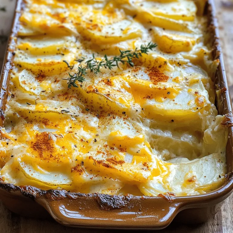 - 4 large russet potatoes, thinly sliced - 2 cups sharp cheddar cheese, grated - 1 cup mozzarella cheese, grated - 1 medium onion, finely chopped - 3 cloves garlic, minced - 2 cups heavy cream - 2 tablespoons unsalted butter - 1 teaspoon dried thyme - 1 teaspoon paprika - Salt and pepper to taste Cheesy scalloped potatoes need the right mix of tasty ingredients. Each one plays a vital role. The russet potatoes give a great texture. The sharp cheddar and mozzarella create a rich, gooey cheese layer. The onion and garlic add depth to the flavor. Heavy cream makes everything creamy and dreamy. - Options for cheese variations: You can use gouda or fontina for a different taste. Mixing cheeses can add fun flavors. - Alternative potatoes for different textures: Yukon gold potatoes work well too. They are creamier and add a different taste. - Dairy-free alternatives for cream: Use coconut cream or almond milk for a dairy-free option. These can still give you that rich feel without dairy. For the full recipe, check the details included earlier. This dish is all about balance. Enjoy the creamy, cheesy goodness with your own twist! To start, you need to prep the potatoes. Take 4 large russet potatoes and slice them thin. Aim for about 1/8 inch thick. Thin slices cook evenly and soak up the creamy goodness. Next, let's layer the potatoes. In a greased baking dish (9x13 inches), lay half of the potato slices. Overlap them slightly for even cooking. Pour half of the cream mixture over these potatoes and then add half of the cheese. You want to use both cheddar and mozzarella for the best flavor. Repeat this process with the remaining potatoes, cream, and cheese. The top layer should be cheesy and inviting. Now, let’s make the cream mixture. In a large bowl, combine 2 cups of heavy cream, 1 teaspoon dried thyme, 1 teaspoon paprika, and salt and pepper to taste. Whisk it all together until blended. Preheat your oven to 375°F (190°C). This is key for the perfect bake. Cover the baking dish with aluminum foil. This helps trap steam, allowing the potatoes to cook without drying out. Bake for 45 minutes. After 45 minutes, remove the foil. Continue baking for 20 to 25 minutes. This step is crucial for that golden and bubbly finish. The cooking time can vary, so check the potatoes with a fork. They should be tender. To get a golden top, keep an eye on the dish in the last few minutes of baking. If you want an extra crispy finish, you can broil it for the last 2 minutes. Just watch it closely so it doesn't burn. Before serving, let the cheesy scalloped potatoes cool for about 10 minutes. This helps the layers set and makes serving easier. Enjoy your rich and creamy delight, perfect for any occasion! For the full recipe, check out the details provided above. To make cheesy scalloped potatoes, I follow a few steps. First, I ensure even cooking of the potatoes. Thinly slice the potatoes to about 1/8 inch. This helps them cook uniformly. Layer them well in the baking dish, with some space between the slices. This allows heat to circulate and cook them properly. Next, I focus on the cheese blend. I mix sharp cheddar and mozzarella for the perfect taste and texture. The sharp cheddar adds a rich flavor, while mozzarella gives it a creamy melt. Feel free to experiment with other cheeses, but a mix works best. When making scalloped potatoes, I see two common mistakes. The first is overcooking or undercooking. If you cook them too long, the potatoes will turn mushy. If you don’t cook them long enough, they will be hard. I recommend checking for doneness after the initial cooking time. The potatoes should be tender but not falling apart. The second mistake is not seasoning enough. Always add salt and pepper to the cream mixture. You can also sprinkle extra seasoning between the layers. Don't be shy with the spices; they enhance the flavors. For presentation, I love serving cheesy scalloped potatoes in the baking dish. It looks rustic and inviting. If you want a more elegant touch, scoop portions onto plates. Garnish with fresh thyme leaves or chopped parsley. This adds color and freshness. Pair scalloped potatoes with roasted meats or a fresh salad. They complement many dishes, making them a perfect side. Enjoy your rich and creamy delight! For the full recipe, check the recipe section. {{image_2}} You can make cheesy scalloped potatoes even better by adding veggies. Spinach or broccoli brings color and nutrition. Chop them finely and layer them with the potatoes. Bacon or ham adds a savory touch. Cook the bacon crisp, then crumble it. Mix it in or sprinkle it on top before baking. This will make each bite extra special. Try a slow cooker for a hands-off approach. Just layer the ingredients like the full recipe says. Cook on low for about 6-8 hours. The potatoes get soft and the cheese melts perfectly. If you’re short on time, use an Instant Pot. Layer the potatoes and cream mixture in the pot. Use the pressure cook setting for about 25 minutes. This creates creamy and tender potatoes in no time. Don't be afraid to experiment with herbs and spices. Adding rosemary or basil can change the whole dish. Just sprinkle them in with the cream mixture for a fresh taste. You can also try different cheeses. Gouda, Gruyère, or even pepper jack can add unique flavors. Mix and match to find your favorite blend. Each cheese brings its own charm to cheesy scalloped potatoes. To keep your cheesy scalloped potatoes fresh, store leftovers in an airtight container. Place them in the fridge within two hours of cooking. They should last for about three to four days. If you want to keep them longer, freeze the leftovers. Cut them into smaller portions for easy thawing. Wrap each portion well in plastic wrap, then place it in a freezer-safe bag. This way, you can enjoy them later. When reheating, you want to keep the cheese creamy. The best way is to use the oven. Preheat it to 350°F (175°C). Place the potatoes in an oven-safe dish, cover it with foil, and heat for about 20 minutes. You can also use a microwave. Just add a splash of cream or milk to keep the cheese from drying out. Heat in 30-second bursts until warm. For the best taste, eat your cheesy scalloped potatoes within four days if stored in the fridge. If frozen, they can last for two to three months. However, for the best flavor and texture, consume them within one month. Always check for signs of spoilage, like off smells or discoloration, before eating. Scalloped potatoes use cream and no cheese. They are soft and smooth. Au gratin potatoes have cheese baked on top. This gives them a crispy, cheesy crust. Both are rich and tasty, but the main difference is the cheese. Yes, you can prep cheesy scalloped potatoes in advance. Slice the potatoes and layer them in the dish. Pour the cream mixture over the layers. Cover it tightly with plastic wrap. Store it in the fridge. When ready, bake it straight from the fridge. You may need to add some time to bake. Cheesy scalloped potatoes pair well with many dishes. Try serving them with roasted chicken or grilled steak. They also go well with a fresh salad. You can add some steamed veggies for color and flavor. The creamy potatoes balance well with lighter dishes. To avoid watery scalloped potatoes, start by draining the sliced potatoes. Rinse them under cold water and pat them dry. This helps remove extra starch. Also, use a good quality heavy cream. A thicker cream helps keep the dish creamy without being runny. Cheesy scalloped potatoes are a great comfort food. We covered key ingredients, from potatoes to the right cheese. You learned about easy steps to prepare and bake them perfectly. I shared tips to avoid common mistakes and ways to present your dish. Don't forget the fun variations and how to store leftovers. Experiment with flavors and enjoy a great meal. With these ideas, you can impress anyone at your table. Keep cooking and enjoy every bite!