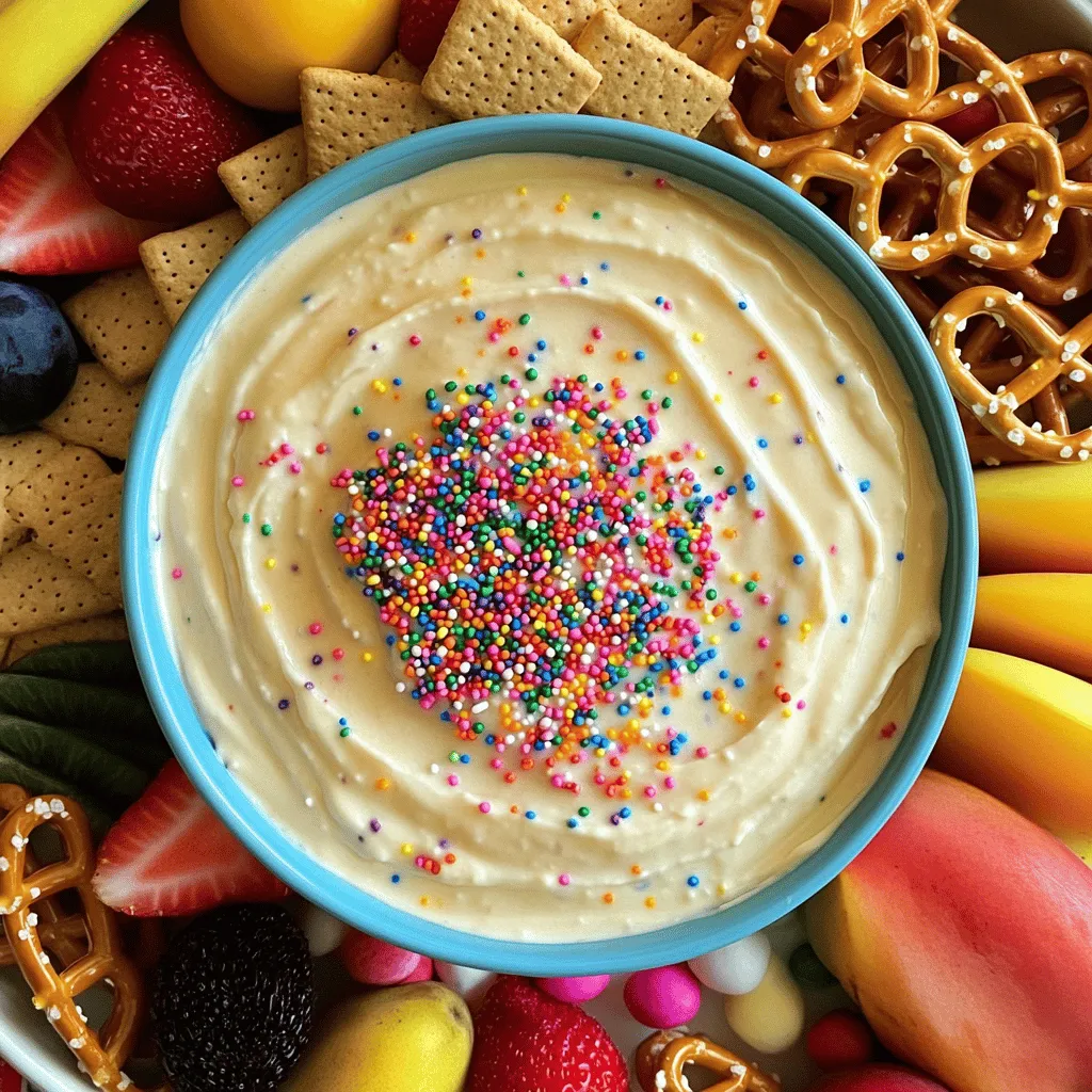 To make Funfetti Cake Batter Dip, you'll need these simple ingredients: - 1 cup all-purpose flour, heat-treated - 1 cup powdered sugar - 1/2 cup unsalted butter, softened - 1/4 cup granulated sugar - 1 teaspoon vanilla extract - 1/4 cup milk (adjust for desired consistency) - 1/2 cup rainbow sprinkles - 1/4 teaspoon salt Possible substitutions for dietary needs include: - Use gluten-free flour for a gluten-free version. - Replace unsalted butter with coconut oil for a dairy-free option. - You can swap powdered sugar with a sugar alternative to cut calories. You can make your dip even more fun by adding extra flavors! Here are some ideas: - Chocolate chips: Mix in mini chocolate chips for a sweet twist. - Peanut butter: Add a couple of tablespoons of peanut butter for a nutty taste. - Flavored extracts: Try almond or coconut extract to change the flavor profile. - More sprinkles: Up the sprinkle game with themed colors for holidays or parties. These add-ins can enhance your Funfetti Cake Batter Dip and make it even more unique. Enjoy experimenting! To make Funfetti Cake Batter Dip, start with the mixing process. First, grab a large mixing bowl. Add the softened butter, powdered sugar, and granulated sugar. Use an electric mixer on medium speed. Mix until the blend is creamy and fluffy. This step is key for a light dip. Next, add the heat-treated flour and salt to the bowl. Mix again until everything is well combined. This helps avoid lumps. Pour in the vanilla extract and milk. Adjust the milk to get the right consistency. You want it smooth but not runny. Keep mixing until all is well incorporated. Finally, add the rainbow sprinkles. Gently fold them in with a spatula. Make sure they are evenly spread throughout the dip. This will give your dip a fun look and taste. Now it’s time to transfer your dip. Use a spatula to scoop the dip into a serving bowl. Smooth the top for a nice finish. Once done, chill the dip in the refrigerator. Let it sit for at least 30 minutes. This chilling time helps the flavors meld together. Before serving, check the dip's texture. If it’s too thick, you can add a little more milk. Stir gently to mix. Serve this dip with graham crackers, pretzels, or fresh fruit. Add more sprinkles on top for a festive touch. Enjoy this sweet and fun treat! For the complete recipe, check the Full Recipe section. To get the right texture for your Funfetti Cake Batter Dip, you may need to adjust the milk. Start with 1/4 cup of milk. If the dip feels too thick, add more milk, one tablespoon at a time. Mix after each addition. You want it smooth and easy to dip. Common mistakes include using cold butter or adding too much flour. Cold butter does not mix well. It can lead to lumps. Also, be sure to use heat-treated flour. Regular flour can be unsafe to eat raw. Serving your dip in a fun way makes it more inviting. Use a colorful bowl to show off the dip’s bright colors. You can also layer the dip in a clear glass. This adds some flair and lets guests see the sprinkles. For garnishes, sprinkle more rainbow sprinkles on top. You can also add whipped cream for a fluffy touch. Serve with a variety of dippers. Try graham crackers, pretzels, or fresh fruit for a tasty mix. Each option adds a new flavor to this fun treat. {{image_2}} You can easily change the flavor of Funfetti Cake Batter Dip. For a chocolate twist, mix in cocoa powder or melted chocolate. This gives the dip a rich taste. If you love vanilla, use vanilla bean paste instead of extract. This adds a deeper flavor. You can also try seasonal sprinkles. For holidays, use red and green sprinkles for Christmas or pastel colors for Easter. This makes your dip festive and fun. If you need gluten-free options, you can use gluten-free flour. Just ensure it is heat-treated. For a vegan version, substitute the butter with a plant-based butter. You can use almond milk or another non-dairy milk in place of regular milk. These swaps keep the dip tasty while meeting dietary needs. You can still enjoy a fun treat with these adaptations. To keep your Funfetti Cake Batter Dip fresh, refrigerate it right away. Place it in an airtight container. This helps prevent the dip from drying out or picking up other smells from the fridge. I recommend using glass or plastic containers with tight lids. If you are using a bowl, cover it tightly with plastic wrap. This keeps the dip creamy and tasty. Can you freeze Funfetti Cake Batter Dip? Yes, you can! However, the texture may change a little. If you decide to freeze it, place the dip in a freezer-safe container. Leave some space at the top because it may expand when frozen. When you want to enjoy it again, thaw it in the fridge overnight. After thawing, give it a good stir. You may need to add a splash of milk to get the right consistency. Serve it with your favorite dippers like graham crackers or fruit. Enjoy every bite of this sweet treat! What if I don’t have heat-treated flour? You can make your own heat-treated flour. Spread regular flour on a baking sheet. Bake it at 350°F for about 5-10 minutes. Let it cool before using it in the dip. This will kill any bacteria and make it safe to eat raw. How long can the dip last in the fridge? The dip can last up to five days in the fridge if stored in an airtight container. Just make sure to keep it covered. If you notice any change in smell or texture, it's best to toss it. What are the best dippers for this dip? I love serving this dip with graham crackers, pretzels, and fresh fruit. You can also try vanilla wafers or animal crackers. Each option adds a fun crunch and flavor that pairs well with the sweet dip. Can it be served as a cake frosting alternative? Yes! This dip can be a fun twist on traditional frosting. Spread it on cupcakes or layer it in a cake. Just keep in mind that it is sweeter than regular frosting, so a little goes a long way! You now have all the tools to make the perfect Funfetti Cake Batter Dip. We covered the ingredients, from measurements to substitutions. You learned how to mix, chill, and serve for the best results. We explored tips for achieving the right texture and creative presentation ideas. You can customize flavors and adapt for diets, too. Remember, the right storage keeps your dip fresh for days. Whether you enjoy it with friends or alone, this dip is a treat. Dive in and make your next gathering a hit!