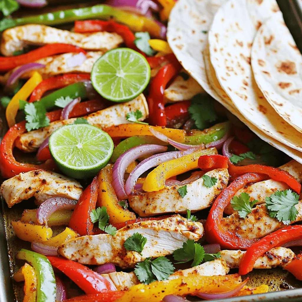 - 1 lb boneless, skinless chicken breasts - Assorted bell peppers (red, yellow, green) - 1 red onion - Olive oil and fajita seasoning To make these fajitas tasty, start with fresh chicken. I like using 1 lb of boneless, skinless chicken breasts. Slice them into thin strips for even cooking. Next, grab assorted bell peppers. I use red, yellow, and green for color and flavor. A red onion adds sweetness and depth to the dish. Don't forget the olive oil and fajita seasoning. The oil helps everything cook evenly and adds flavor. You can use store-bought seasoning or make your own. - Lime juice - Fresh cilantro - Tortillas and toppings (sour cream, guacamole, etc.) For a zesty kick, consider adding lime juice. It brightens up the flavors and makes the dish pop. Fresh cilantro is great for garnish. It adds a fresh taste and looks pretty too. You can serve these fajitas with warm tortillas. Add toppings like sour cream or guacamole for extra creaminess. This makes a fun meal for everyone! If you want the complete details, check the Full Recipe. 1. Preheat your oven to 425°F (220°C). This hot temperature helps cook everything fast. 2. Grease a large sheet pan with cooking spray or olive oil. This step keeps your food from sticking. 3. In a big bowl, add the sliced chicken, red, yellow, and green bell peppers, and red onion. These veggies give color and taste. 4. Drizzle three tablespoons of olive oil over the mixture. This oil helps the food cook well. 5. Sprinkle two tablespoons of fajita seasoning, plus a pinch of salt and pepper. Mix it all together until everything looks coated. 1. Spread the chicken and veggie mix evenly on the greased sheet pan. Make sure they’re not piled up. 2. Bake in your hot oven for 20-25 minutes. Check if the chicken is cooked through and the veggies are tender and slightly charred. This gives them a nice flavor. 3. The aroma during baking will make your kitchen smell amazing! 1. When you take the pan out, squeeze fresh lime juice over your fajitas. This adds a bright taste. 2. Garnish with chopped cilantro for a fresh touch. 3. Serve hot with warm tortillas on the side. You can add toppings like sour cream, guacamole, shredded cheese, or salsa. Enjoy your meal with friends and family! For the full recipe, check out the detailed instructions. To ensure even cooking for chicken and veggies, cut them into similar sizes. This helps them cook at the same rate. I recommend slicing chicken into thin strips. For the veggies, aim for thin slices as well. This way, every bite is tender and juicy. To achieve the best char on vegetables, spread them out in a single layer on the pan. Crowding the pan leads to steaming instead of roasting. I like to toss the veggies in oil and seasoning before baking. This gives them a lovely flavor and color. Choosing the right chicken cut for fajitas is key. I prefer boneless, skinless chicken breasts for their tenderness. They cook quickly and soak up flavor well. Thighs are another option. They stay juicy and add a richer taste. For fajita seasoning, store-bought blends work great. Look for ones that have strong flavors. If you want to make your own, combine chili powder, cumin, garlic powder, and paprika. This mix gives your fajitas a nice kick. Pairing suggestions for side dishes include rice, beans, or a fresh salad. These sides balance the flavors of the fajitas. You can also serve them with chips and salsa for a fun touch. For leftovers, I suggest making fajita bowls. Just layer the chicken and veggies over rice or quinoa. You can also wrap them in tortillas for a quick lunch. They stay tasty and satisfying. You can find the Full Recipe in the previous sections. {{image_2}} You can easily swap the chicken for steak or shrimp. Both options work well. Steak gives a rich flavor, while shrimp cooks fast. If you choose shrimp, reduce the baking time to about 10-15 minutes. For a vegetarian twist, use black beans or tofu. Tofu absorbs flavors well and adds protein. Just make sure to press the tofu to remove excess water before cooking. Want more heat? Adjust the fajita seasoning. You can add cayenne pepper or chili powder for a kick. If you prefer milder fajitas, use less seasoning. Also, consider adding spicy toppings. Jalapeños, hot sauce, or a zesty chipotle cream can spice things up. Try serving fajitas as bowls instead of in tortillas. Add rice or quinoa for a filling meal. This method is fun and lets you layer flavors. Another option is using lettuce wraps. They are low-carb and fresh. Just fill the leaves with the chicken and veggies, then add your favorite toppings. For the full recipe, check out the complete instructions. After you enjoy your sheet pan fajitas, store any leftovers right away. First, let them cool to room temperature. Then, place the fajitas in an airtight container. This keeps them fresh and tasty. In the fridge, they last about 3 to 4 days. Just remember to label the container with the date, so you know when to eat them. When you're ready to eat your leftovers, reheating is easy. You can use the microwave, oven, or stovetop. For the microwave, place the fajitas on a plate and heat them for 1-2 minutes. If you prefer the oven, spread them on a sheet pan and bake at 350°F for about 10 minutes. To keep the flavor and texture, add a splash of water before reheating. This helps keep them moist and delicious. If you want to save some fajitas for later, freezing is a great option. First, let the cooked fajitas cool completely. Then, place them in freezer-safe bags or containers. Remove as much air as possible before sealing. You can freeze them for up to 3 months. When you’re ready to eat, thaw them in the fridge overnight. Reheat as mentioned above, and enjoy your fajitas again! To cut chicken for fajitas, slice it against the grain. This helps keep the meat tender. Aim for strips about half an inch thick. The thinner, the better. This size cooks evenly and absorbs flavors well. Always use a sharp knife for clean cuts. Yes, you can make Sheet Pan Fajitas in advance. Prepare the chicken and veggies the night before. Store them in the fridge until you are ready to cook. This saves you time on busy days. Just remember to add the seasoning right before cooking for maximum flavor. Sheet Pan Fajitas pair well with many sides. Consider serving them with: - Spanish rice - Refried beans - Corn on the cob - A fresh salad - Chips and salsa You can also enjoy them with drinks like iced tea or margaritas. You can create your own fajita seasoning. Start with basic spices like: - Chili powder - Cumin - Garlic powder - Onion powder Add salt and pepper to taste. For more heat, include cayenne pepper. Mix and match spices to find your perfect blend. You can use frozen vegetables, but they may not cook the same. Frozen veggies often release extra water. This can make your fajitas soggy. If you use frozen, cook them a bit longer to get rid of moisture. Fresh veggies give a better texture and flavor, so use them if you can. The blog post covered how to make tasty sheet pan fajitas. We started with essential ingredients like chicken, peppers, and onion. I shared clear steps for prep and cooking. You learned tips for perfecting your fajitas and how to store leftovers. I also explored ingredient and protein variations. Fajitas are easy to make and fun to customize. Enjoy your cooking, and don’t forget to experiment!
