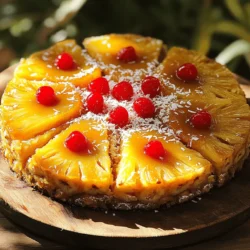 To create the perfect pineapple upside-down cake, you need some key ingredients. Each one plays an important role in making this treat delicious and fun to bake. Here’s what you’ll need: - 1 cup all-purpose flour - 1 teaspoon baking powder - 1/2 teaspoon baking soda - 1/4 teaspoon salt - 1/2 cup unsalted butter, softened - 1 cup brown sugar, packed - 2 large eggs - 1 teaspoon vanilla extract - 1/2 cup milk - 1 can (20 oz) sliced pineapple, drained (reserve juice) - Maraschino cherries, for garnish - 1/4 cup shredded coconut (optional, for added crunch) Each ingredient adds flavor and texture. The butter gives richness, while the brown sugar creates a lovely caramel flavor. The pineapple adds a tropical twist, and the cherries make it look pretty. If you want a bit more crunch, consider adding shredded coconut. Always remember to measure your ingredients correctly. This ensures the cake rises nicely and has the right texture. For the full recipe, follow the steps carefully to enjoy a delightful dessert. - First, preheat your oven to 350°F (175°C) and prepare your cake pan. You can grease and flour a 9-inch round cake pan or use non-stick spray. - Next, in a medium bowl, mix the dry ingredients. Combine 1 cup of all-purpose flour, 1 teaspoon of baking powder, 1/2 teaspoon of baking soda, and 1/4 teaspoon of salt. Set this aside. - In a large mixing bowl, cream together the softened butter and 1 cup of packed brown sugar. Beat until the mixture is light and fluffy. - Now, add 2 large eggs, one at a time, mixing well after each addition. Then, stir in 1 teaspoon of vanilla extract. - Begin adding the flour mixture to the butter mixture. Alternate this with 1/2 cup of milk. Start and end with the flour mixture. Mix until just combined. - Pour a small amount of the reserved pineapple juice into the bottom of the prepared cake pan. - Arrange the drained pineapple slices in a single layer on the bottom. Place a maraschino cherry in the center of each pineapple slice. If you like, sprinkle 1/4 cup of shredded coconut over the pineapples for added texture. - Gently pour the cake batter over the pineapples, spreading it evenly with a spatula. - Bake in the preheated oven for 35 to 40 minutes. Check with a toothpick; it should come out clean. - Once baked, let the cake cool in the pan for about 10 minutes. Carefully invert the cake onto a serving plate, so the pineapple side is facing up. Enjoy your delightful pineapple upside down cake! For more details, check the Full Recipe. To ensure your cake is fully baked, you want it to rise and turn golden brown. The edges will pull away from the pan slightly as it bakes. To check for doneness, use a toothpick. Insert it in the center of the cake. If it comes out clean, your cake is ready. If it has batter on it, bake for a few more minutes. Serving suggestions can elevate your cake. Top it with fresh whipped cream or a scoop of vanilla ice cream. Both add a rich touch. For visual appeal, garnish the cake with coconut and mint leaves. This adds color and texture, making your cake look even more inviting. One common mistake is overmixing the batter. This can make your cake dense. Mix until just combined to keep it light and fluffy. Not greasing the pan properly can also lead to trouble. Always grease or use non-stick spray. This ensures your cake comes out easily without sticking. For the full recipe, check out the Tropical Pineapple Upside Down Delight. {{image_2}} You can easily change the flavor of your pineapple upside down cake. Try adding other fruits. Peaches or cherries work well. They add a sweet twist. You can also use nuts or coconut on top. Nuts give a nice crunch, and coconut adds a tropical feel. Mix and match to find your favorite combo. If you need a gluten-free cake, you can still enjoy this treat. Use almond flour or a gluten-free mix instead of regular flour. Be sure to check if the mix contains xantham gum. This helps with texture. Also, keep a close eye on the baking time. Gluten-free cakes can bake faster, so check for doneness early. You can serve this cake in many fun ways. A drizzle of caramel or chocolate sauce makes it extra special. You can also add fresh whipped cream or vanilla ice cream. This cake is great for brunch or dessert. It’s a hit at gatherings. Serve it warm for the best taste! For the full recipe, check out the Tropical Pineapple Upside Down Delight ! To keep your pineapple upside down cake fresh, store it in an airtight container. This will prevent it from drying out. If you don't have a container, wrap it tightly with plastic wrap. Make sure it's at room temperature before you cover it. You can freeze this cake for later enjoyment. First, let the cake cool completely. Then, wrap it well in plastic wrap. Place it in a freezer-safe bag or container. For best results, use it within three months. When you’re ready to eat it, thaw the cake in the fridge overnight. This keeps it moist and tasty. Your pineapple upside down cake can stay fresh for about 3 to 4 days at room temperature. If you keep it in the fridge, it can last up to a week. Look for signs that it has spoiled, like a sour smell or mold. If you see these, it’s best to toss it. Enjoy your delicious treat while it’s fresh! Pineapple Upside Down Cake has a rich history. It first appeared in the early 1900s. Canned pineapple became popular in the United States during this time. People used it in many sweet dishes. The cake gained fame at the 1925 Pineapple Festival in Hawaii. It became a staple in American homes after World War II. The bright, sweet flavor and easy prep made it a hit. Yes, you can make this cake ahead of time. Bake the cake and let it cool completely. Wrap it tightly in plastic wrap. Store it in the fridge for up to three days. You can also freeze the cake for up to three months. Just remember to thaw it in the fridge overnight before serving. This method keeps it fresh and tasty. If your cake turns out soggy, don’t worry. You can improve its texture. First, check if it was underbaked. Next time, bake it a bit longer. If it is baked but still soggy, let it cool completely. Then, slice it and toast the pieces in a toaster or oven. This will give it a nice crispness. Serve it warm with ice cream for best results. You can get creative with your toppings! Here are some fun ideas: - Fresh sliced strawberries or peaches - Chopped nuts like walnuts or pecans - Cream cheese frosting for a rich twist - Chocolate chips for a sweet surprise - A drizzle of caramel or chocolate sauce Feel free to mix and match to find your favorite flavor combination. For a full recipe, check out the Tropical Pineapple Upside Down Delight. This blog post shared how to make a delicious Pineapple Upside Down Cake. You learned about the ingredients, step-by-step instructions, and tips to avoid common mistakes. I also discussed fun variations and storage methods to keep your cake fresh. Remember, baking is fun and offers room for creativity. Try different fruits or toppings to make it your own. Enjoy your time in the kitchen and share this treat with friends and family. Happy baking!