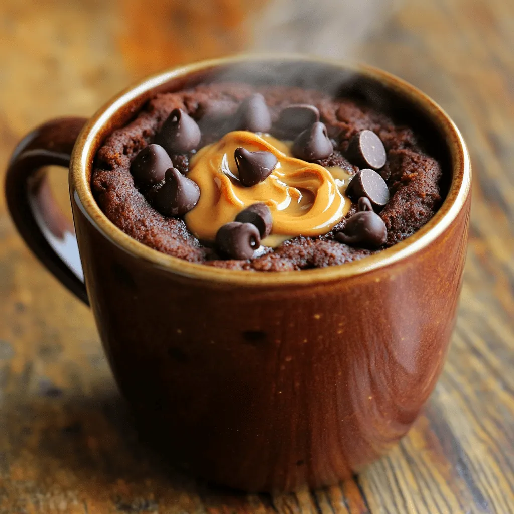 Creating a rich Chocolate Peanut Butter Mug Cake is simple and fun. Here’s what you need: - 4 tablespoons all-purpose flour - 4 tablespoons sugar - 2 tablespoons cocoa powder - 1/8 teaspoon baking powder - 1/8 teaspoon salt - 3 tablespoons milk - 2 tablespoons peanut butter (creamy or crunchy) - 2 tablespoons vegetable oil - 1/4 teaspoon vanilla extract - Optional: Chocolate chips or chopped nuts for topping These ingredients come together to create a warm, gooey treat. Each bite offers a delightful mix of chocolate and peanut butter flavors. You can play with this recipe by adding chocolate chips or nuts for a fun twist. Using creamy peanut butter gives a smooth texture, while crunchy adds a nice bite. Feel free to explore the Full Recipe for step-by-step instructions to bring this mug cake to life. Enjoy the ease of making a tasty dessert in just a few minutes! - In a microwave-safe mug, combine: - 4 tablespoons all-purpose flour - 4 tablespoons sugar - 2 tablespoons cocoa powder - 1/8 teaspoon baking powder - 1/8 teaspoon salt - Mix well until there are no lumps. This step is crucial. You want a smooth base for your cake. - Add these wet ingredients to your dry mix: - 3 tablespoons milk - 2 tablespoons peanut butter (creamy or crunchy) - 2 tablespoons vegetable oil - 1/4 teaspoon vanilla extract - Stir until you have a smooth batter. Mixing well ensures your cake will rise and taste great. - Microwave the mug cake on high for about 1 minute and 30 seconds. - Keep an eye on it as it cooks. Microwaves can vary in power. Adjust the time if needed. - The cake should rise and look set on top when done. - Carefully remove the mug from the microwave. It will be hot! Let it cool for a minute or so before enjoying. - For extra flavor, sprinkle chocolate chips on top while the cake is warm. Enjoy it straight from the mug with a spoon! For the full recipe, check out the section above. To get the best mug cake, watch your cooking time. Different microwaves have different wattages. If yours is strong, cook for about 1 minute and 15 seconds. If it’s weaker, aim for 1 minute and 45 seconds. Always check the cake. It should rise and look set on top. Mixing is also key. Make sure to stir the dry ingredients well before adding the wet ones. This helps avoid lumps. A smooth batter ensures a fluffy cake. Want to make your mug cake even better? Add chocolate chips or nuts to the batter. They give extra flavor and texture. Mix in a tablespoon for a tasty surprise. After cooking, you can top your cake with more chocolate chips, whipped cream, or even a scoop of ice cream. This makes your treat rich and fun. Serve your mug cake warm. It pairs wonderfully with ice cream or whipped cream. This combination makes a perfect dessert. For a special touch, use decorative mugs. They make the cake look fancy and festive. You can find the full recipe for this chocolate peanut butter mug cake above. Enjoy your delicious creation! {{image_2}} You can change up your chocolate peanut butter mug cake by swapping out ingredients. If you don't have peanut butter, try almond butter or Nutella. They both add a nice touch. For those on a gluten-free diet, use almond flour instead of all-purpose flour. This keeps the cake tasty while meeting dietary needs. Change the flavor of your mug cake by adding different extracts. Mint or coffee extracts can give it a unique twist. You can also add spices like cinnamon or espresso powder for depth. A little cinnamon can warm it up, while espresso powder adds a rich coffee taste. If you're vegan, you can still enjoy this treat! Use plant-based milk in place of regular milk. There are also low-sugar options for those who want to cut back on sweeteners. Try using stevia or monk fruit sweetener. This way, you can enjoy a delicious dessert that fits your diet. For the full recipe, check the previous section. If you have any leftover mug cake, store it in an airtight container. This keeps it fresh for longer. You can also cover the mug with plastic wrap. If you want to reheat it, place it back in the microwave for about 10 to 15 seconds. This should warm it up nicely without drying it out. You can refrigerate the mug cake for up to three days. Just make sure it is sealed well. If you want to save it for later, freezing is a great option. Wrap the cooled mug cake in plastic wrap, then place it in a freezer-safe bag. It can last in the freezer for about a month. When you need it, thaw it in the fridge overnight before reheating. For the best taste, eat your mug cake within two days of making it. After that, it may lose its flavor and texture. Signs that your mug cake is no longer fresh include a dry or hard texture. If it smells off or has visible mold, it's best to throw it away. Enjoy the full flavor experience by eating it fresh! A mug cake usually takes about 1 minute and 30 seconds in the microwave. However, cooking time can change based on your microwave's wattage. If your microwave is stronger, check it after 1 minute. If it is weaker, it may need an extra 30 seconds. The cake should rise and look set when it’s done. You can use a larger mug, but keep in mind the cake's size. A bigger mug may spread the batter too thin, affecting how it cooks. This could mean a longer cooking time. For best results, stick to a standard-sized mug. You can adjust the recipe to fit your needs. If you're avoiding sugar, use a sugar substitute. For gluten-free options, swap all-purpose flour for almond flour. If you have a nut allergy, try sunflower seed butter instead of peanut butter. Just remember, changes may alter the final flavor and texture. You learned how to make a quick and tasty mug cake. We covered the ingredients, steps, and easy tips to perfect it. You can also tweak recipes for different diets or flavors. It's simple to store leftovers, too. Remember, creativity can make this mug cake even better. Experiment and have fun with it. Enjoy your delicious treat, and share it with others!
