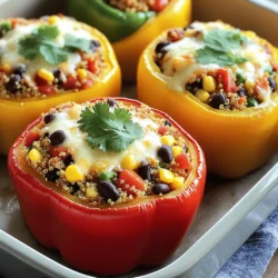 To make stuffed bell peppers, gather these ingredients: - 4 large bell peppers (any color) - 1 cup quinoa, rinsed - 2 cups vegetable broth - 1 can (15 oz) black beans, drained and rinsed - 1 cup corn kernels (fresh or frozen) - 1 cup diced tomatoes (canned or fresh) - 1 teaspoon cumin - 1 teaspoon smoked paprika - 1 teaspoon garlic powder - Salt and pepper to taste - 1 cup shredded cheese (cheddar or mozzarella) - Fresh cilantro or parsley for garnish You can change some ingredients for your tastes. Here are some ideas: - Use brown rice or couscous instead of quinoa. - Swap black beans for kidney beans or lentils. - Try different vegetables like zucchini or spinach. - Use chicken or beef broth for added flavor. - Change the cheese to feta or goat cheese for a tangy taste. Stuffed bell peppers are healthy and filling. Here's a quick look at the nutrition: - Calories: About 400 per serving - Protein: 18 grams - Carbohydrates: 60 grams - Fiber: 12 grams - Fat: 12 grams - Vitamins and Minerals: Rich in vitamin C and potassium These values can vary based on your ingredient choices. For the full recipe, check out the complete guide. First, preheat your oven to 375°F (190°C). This helps the peppers cook just right. Next, take your bell peppers and slice off the tops. Be careful while cutting. Remove the seeds and membranes inside. Now, place the peppers upright in a baking dish. This keeps them steady while baking. In a medium saucepan, add 1 cup of rinsed quinoa and 2 cups of vegetable broth. Bring this to a boil. Once it boils, turn down the heat. Cover the pot and let it simmer for about 15 minutes. The quinoa will be fluffy when done. Make sure all the liquid is absorbed. In a large mixing bowl, combine the cooked quinoa, black beans, corn, and diced tomatoes. Add cumin, smoked paprika, garlic powder, salt, and pepper to taste. Mix everything well to blend the flavors. Now, it's time to stuff the peppers. Take each bell pepper and fill it with the quinoa mixture. Press down gently to pack it in. Top each pepper with shredded cheese. Cover the dish with aluminum foil and bake for 25 minutes. After that, remove the foil and bake for another 10 to 15 minutes. Look for bubbly, golden cheese on top. Once done, let them cool a bit before serving. Add fresh cilantro or parsley for a nice touch. For the full recipe, check out the details above. When you pick bell peppers, look for ones that feel firm. The skin should be smooth and shiny. Avoid peppers that have soft spots or wrinkles. These signs mean they are not fresh. Color also matters. Bright colors show that the pepper is ripe and full of flavor. Green, red, yellow, or orange peppers all bring different tastes. Choose the color you like best for your stuffed bell peppers. To cook quinoa well, rinse it first. Rinsing removes a bitter coating called saponin. Use two cups of vegetable broth for each cup of quinoa. This adds great flavor. Bring the broth to a boil. Then, lower the heat and cover the pot. Let it simmer for about 15 minutes. After that, fluff the quinoa with a fork. This makes it light and fluffy, perfect for stuffing. Serve your stuffed bell peppers warm. They look great on a plate and taste even better. You can pair them with a fresh salad or some crusty bread. A dollop of yogurt or sour cream on top adds creaminess. If you want a kick, try adding hot sauce or salsa. These sides enhance the meal and make it more filling. For more ideas, check out the Full Recipe! {{image_2}} For a tasty vegetarian option, you can load your peppers with veggies and grains. Try using cooked rice, lentils, or even couscous. You can mix in chopped spinach, zucchini, or mushrooms for added nutrition. Add your favorite spices like oregano or chili powder for extra flavor. I love using black beans and corn, as they provide great texture and taste. Don't forget to top with cheese for a nice melt! If you prefer meat, ground beef, turkey, or chicken work well. Begin by browning the meat in a pan before mixing it with other ingredients. You can add onions and garlic for a savory base. For a kick, include diced jalapeños or hot sauce. Meat adds richness and makes the dish more filling. Use the same cooking method as with the vegetarian version. To keep your stuffed peppers gluten-free, use quinoa or rice as your base. Both are great options that keep the dish hearty. Always check labels on canned products, as some may contain gluten. You can also explore using gluten-free grains like millet or farro. They offer unique flavors and textures. This way, everyone can enjoy stuffed peppers without worry! To store leftover stuffed bell peppers, wait until they cool down. Place them in an airtight container. You can keep them in the fridge for up to four days. If you want to enjoy them later, consider freezing them. To freeze stuffed bell peppers, wrap each pepper tightly in plastic wrap. Then, place them in a freezer-safe bag or container. Label the bag with the date. They can stay good in the freezer for up to three months. When you are ready to eat, just thaw them in the fridge overnight. To reheat, you can use the oven or microwave. For the oven, preheat it to 375°F (190°C). Place the peppers in a baking dish and cover with foil. Bake for about 20 minutes until heated through. If using a microwave, place one pepper on a microwave-safe plate. Heat for about 2-3 minutes, checking to see if it is hot. Enjoy your meal! For the full recipe, check back to the beginning. You can tell when the peppers are done by checking their texture. They should be soft but still hold their shape. The cheese on top should be melted and golden. If you poke a fork into a pepper, it should go in easily. This usually takes about 35 to 40 minutes in the oven. Yes, you can use other grains. Brown rice, couscous, or farro work well too. Each grain adds a unique taste and texture. Just make sure to cook the grain before stuffing the peppers. Follow package instructions for cooking times and water amounts. Reheating stuffed bell peppers is easy. You can use a microwave or an oven. For the microwave, place them on a plate and heat for about 2-3 minutes. If you prefer the oven, set it to 350°F (175°C) and bake for about 10-15 minutes. Cover with foil to keep them moist. For more details, check out the Full Recipe. This blog post offered a simple guide to making stuffed bell peppers. We discussed key ingredients, prep steps, and cooking methods. I shared tips for selecting fresh peppers and cooking quinoa perfectly. You learned about variations, storage, and how to reheat leftovers. Stuffed bell peppers are versatile and easy to customize. Enjoy this nutritious dish in your way!