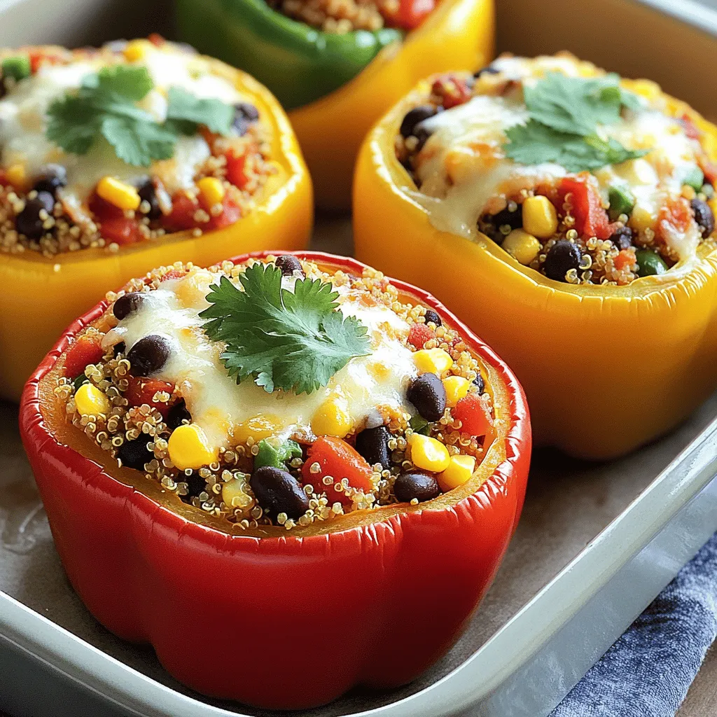To make stuffed bell peppers, gather these ingredients: - 4 large bell peppers (any color) - 1 cup quinoa, rinsed - 2 cups vegetable broth - 1 can (15 oz) black beans, drained and rinsed - 1 cup corn kernels (fresh or frozen) - 1 cup diced tomatoes (canned or fresh) - 1 teaspoon cumin - 1 teaspoon smoked paprika - 1 teaspoon garlic powder - Salt and pepper to taste - 1 cup shredded cheese (cheddar or mozzarella) - Fresh cilantro or parsley for garnish You can change some ingredients for your tastes. Here are some ideas: - Use brown rice or couscous instead of quinoa. - Swap black beans for kidney beans or lentils. - Try different vegetables like zucchini or spinach. - Use chicken or beef broth for added flavor. - Change the cheese to feta or goat cheese for a tangy taste. Stuffed bell peppers are healthy and filling. Here's a quick look at the nutrition: - Calories: About 400 per serving - Protein: 18 grams - Carbohydrates: 60 grams - Fiber: 12 grams - Fat: 12 grams - Vitamins and Minerals: Rich in vitamin C and potassium These values can vary based on your ingredient choices. For the full recipe, check out the complete guide. First, preheat your oven to 375°F (190°C). This helps the peppers cook just right. Next, take your bell peppers and slice off the tops. Be careful while cutting. Remove the seeds and membranes inside. Now, place the peppers upright in a baking dish. This keeps them steady while baking. In a medium saucepan, add 1 cup of rinsed quinoa and 2 cups of vegetable broth. Bring this to a boil. Once it boils, turn down the heat. Cover the pot and let it simmer for about 15 minutes. The quinoa will be fluffy when done. Make sure all the liquid is absorbed. In a large mixing bowl, combine the cooked quinoa, black beans, corn, and diced tomatoes. Add cumin, smoked paprika, garlic powder, salt, and pepper to taste. Mix everything well to blend the flavors. Now, it's time to stuff the peppers. Take each bell pepper and fill it with the quinoa mixture. Press down gently to pack it in. Top each pepper with shredded cheese. Cover the dish with aluminum foil and bake for 25 minutes. After that, remove the foil and bake for another 10 to 15 minutes. Look for bubbly, golden cheese on top. Once done, let them cool a bit before serving. Add fresh cilantro or parsley for a nice touch. For the full recipe, check out the details above. When you pick bell peppers, look for ones that feel firm. The skin should be smooth and shiny. Avoid peppers that have soft spots or wrinkles. These signs mean they are not fresh. Color also matters. Bright colors show that the pepper is ripe and full of flavor. Green, red, yellow, or orange peppers all bring different tastes. Choose the color you like best for your stuffed bell peppers. To cook quinoa well, rinse it first. Rinsing removes a bitter coating called saponin. Use two cups of vegetable broth for each cup of quinoa. This adds great flavor. Bring the broth to a boil. Then, lower the heat and cover the pot. Let it simmer for about 15 minutes. After that, fluff the quinoa with a fork. This makes it light and fluffy, perfect for stuffing. Serve your stuffed bell peppers warm. They look great on a plate and taste even better. You can pair them with a fresh salad or some crusty bread. A dollop of yogurt or sour cream on top adds creaminess. If you want a kick, try adding hot sauce or salsa. These sides enhance the meal and make it more filling. For more ideas, check out the Full Recipe! {{image_2}} For a tasty vegetarian option, you can load your peppers with veggies and grains. Try using cooked rice, lentils, or even couscous. You can mix in chopped spinach, zucchini, or mushrooms for added nutrition. Add your favorite spices like oregano or chili powder for extra flavor. I love using black beans and corn, as they provide great texture and taste. Don't forget to top with cheese for a nice melt! If you prefer meat, ground beef, turkey, or chicken work well. Begin by browning the meat in a pan before mixing it with other ingredients. You can add onions and garlic for a savory base. For a kick, include diced jalapeños or hot sauce. Meat adds richness and makes the dish more filling. Use the same cooking method as with the vegetarian version. To keep your stuffed peppers gluten-free, use quinoa or rice as your base. Both are great options that keep the dish hearty. Always check labels on canned products, as some may contain gluten. You can also explore using gluten-free grains like millet or farro. They offer unique flavors and textures. This way, everyone can enjoy stuffed peppers without worry! To store leftover stuffed bell peppers, wait until they cool down. Place them in an airtight container. You can keep them in the fridge for up to four days. If you want to enjoy them later, consider freezing them. To freeze stuffed bell peppers, wrap each pepper tightly in plastic wrap. Then, place them in a freezer-safe bag or container. Label the bag with the date. They can stay good in the freezer for up to three months. When you are ready to eat, just thaw them in the fridge overnight. To reheat, you can use the oven or microwave. For the oven, preheat it to 375°F (190°C). Place the peppers in a baking dish and cover with foil. Bake for about 20 minutes until heated through. If using a microwave, place one pepper on a microwave-safe plate. Heat for about 2-3 minutes, checking to see if it is hot. Enjoy your meal! For the full recipe, check back to the beginning. You can tell when the peppers are done by checking their texture. They should be soft but still hold their shape. The cheese on top should be melted and golden. If you poke a fork into a pepper, it should go in easily. This usually takes about 35 to 40 minutes in the oven. Yes, you can use other grains. Brown rice, couscous, or farro work well too. Each grain adds a unique taste and texture. Just make sure to cook the grain before stuffing the peppers. Follow package instructions for cooking times and water amounts. Reheating stuffed bell peppers is easy. You can use a microwave or an oven. For the microwave, place them on a plate and heat for about 2-3 minutes. If you prefer the oven, set it to 350°F (175°C) and bake for about 10-15 minutes. Cover with foil to keep them moist. For more details, check out the Full Recipe. This blog post offered a simple guide to making stuffed bell peppers. We discussed key ingredients, prep steps, and cooking methods. I shared tips for selecting fresh peppers and cooking quinoa perfectly. You learned about variations, storage, and how to reheat leftovers. Stuffed bell peppers are versatile and easy to customize. Enjoy this nutritious dish in your way!