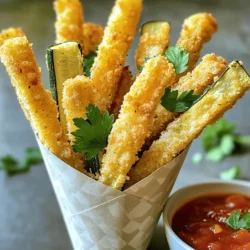 - 2 medium zucchinis - 1 cup breadcrumbs (preferably whole wheat) - ½ cup freshly grated Parmesan cheese - 1 teaspoon garlic powder - 1 teaspoon onion powder - ½ teaspoon dried oregano - ½ teaspoon salt - ¼ teaspoon black pepper - 2 large eggs - Olive oil spray or drizzle - Baking sheet - Parchment paper - Medium bowls - Whisk or fork - How to measure breadcrumbs accurately: Use a dry measuring cup. Scoop the breadcrumbs, then level off with a knife. This ensures you get the right amount without packing them down. - Grating Parmesan cheese by hand vs. using pre-grated: Freshly grated Parmesan gives better flavor and melts nicely. Pre-grated cheese often has anti-caking agents that can change the texture. If you can, grate it fresh for the best taste! These ingredients and tools will help you create tasty Baked Parmesan Zucchini Fries. For the full recipe, check out the detailed instructions. Enjoy cooking! - Preheat the oven to 425°F (220°C). - Prepare a baking sheet with parchment paper. - Rinse the zucchinis and slice them into fries. Start by preheating your oven. This step ensures that your fries cook evenly. Next, line your baking sheet with parchment paper. This will help the fries crisp up and make clean-up easy. Now, wash the zucchinis under cold water. Cut off both ends, and slice each zucchini into quarter-inch thick fries. Aim for uniform sizes to ensure they bake evenly. - Mix breadcrumb mixture ingredients. - Beat eggs in a separate bowl. - Coat zucchini fries in egg and then in breadcrumb mixture. In a medium bowl, combine the breadcrumbs, grated Parmesan, garlic powder, onion powder, oregano, salt, and pepper. Stir it well to mix all the flavors. In another bowl, beat the eggs. This will help the breadcrumbs stick to the zucchini. Take each zucchini fry, dip it into the egg, letting the extra egg drip off. Then, roll it in the breadcrumb mixture until it's fully coated. Place the coated fries on your prepared baking sheet. - Arrange fries on the baking sheet. - Apply olive oil spray. - Bake for 20-25 minutes, flipping halfway. Make sure to arrange the fries in a single layer on the baking sheet. This avoids steaming and helps them stay crispy. Lightly spray or drizzle olive oil over the fries. This will add flavor and help them crisp up. Now, bake them in your preheated oven for 20 to 25 minutes. Flip them halfway through baking to ensure even browning. Once they are golden brown and crispy, they are ready to enjoy! For the full recipe, check out the earlier section. To get that nice crunch, oil is key. It helps the fries get golden and crispy. I suggest using olive oil spray or a light drizzle. This way, you coat them without making them too greasy. Place your baking sheet on the middle rack of the oven. This allows for even heat, making the fries crisp up nicely. Zucchini fries taste amazing with dips. I love pairing them with marinara or ranch. They add a creamy or tangy touch. For a fun twist, serve them in a cone-shaped holder. This adds a nice visual and is easy to grab. You can also sprinkle some chopped parsley on top for color. One big mistake is overcrowding the baking sheet. If you put too many fries close together, they will steam instead of bake. Make sure to space them out. Another mistake is not preheating the oven. Preheating is crucial for that perfect crisp. Without it, the fries may end up soggy. {{image_2}} You can make your Baked Parmesan Zucchini Fries even better with some tasty tweaks. Adding spices like paprika or cayenne gives them a kick. You just sprinkle a bit into the breadcrumb mix. If you want a different cheese flavor, try Asiago or pecorino. Both options melt well and add depth to your fries. For those who need gluten-free options, use almond flour or gluten-free breadcrumbs. Both work well and keep that crunch. If you're looking for a vegan version, swap the eggs for flax eggs. Just mix one tablespoon of ground flaxseed with three tablespoons of water. Let it sit for a few minutes to thicken. It binds the breadcrumbs just like eggs do. Baked Parmesan Zucchini Fries can also be a canvas for other vegetables. Add eggplant or sweet potatoes for a colorful twist. Slice them up like zucchini for even cooking. Fresh herbs can elevate the fries too. Basil or thyme adds a fragrant touch. Just chop a bit and sprinkle it on before baking. For the full recipe, check out the details above. To keep your baked Parmesan zucchini fries fresh, store them in an airtight container. Place a paper towel inside to absorb moisture. This helps them stay crispy. You can keep them in the fridge for about 3 to 4 days. If they start to lose crunch, don’t worry; you can revive them! If you have extra zucchini fries, freezing is a great option. First, let them cool completely after baking. Then, arrange them in a single layer on a baking sheet. Freeze for about an hour, then transfer them to a freezer bag. This way, they won’t stick together. You can keep them frozen for up to 3 months. When you want to eat them, reheat in the oven at 400°F (200°C) for about 10-15 minutes. This keeps them from getting soggy. There are many fun ways to enjoy your leftovers! You can chop them up and toss them into a salad for extra crunch. They also make a great topping for pizza. Just sprinkle them on before baking for a tasty twist. You can even blend them into a dip or serve them with a sauce for a snack. The options are endless! For the full recipe, check out [Full Recipe]. Baked Parmesan zucchini fries stay fresh in the fridge for about 3 days. Place them in an airtight container. You can freeze them for up to 2 months. For best results, freeze them after baking. This keeps their taste and texture. Yes, you can prepare zucchini fries ahead of time. You can pre-assemble them by coating the zucchini and placing them on the baking sheet. Cover the sheet with plastic wrap and store it in the fridge. You can also bake them a day before. Just reheat them in the oven for a crispy finish. Zucchini fries are a great healthy snack. Zucchini has low calories and high water content. It is a good source of vitamins A and C, which help with eye health and immunity. Using whole wheat breadcrumbs adds fiber, making them even better for you. Plus, you can control the amount of oil and salt used. This way, you enjoy a tasty treat that’s also good for you. This blog post covers how to make tasty baked zucchini fries, from ingredients to storage tips. You learned about the right tools and steps for a crunchy texture. We shared simple ways to boost flavor and avoid common mistakes. Remember, the key is in the details, from oil use to baking method. Enjoy experimenting with different flavors and sharing this healthy snack! With practice, you’ll master these fries and impress anyone who tries them.