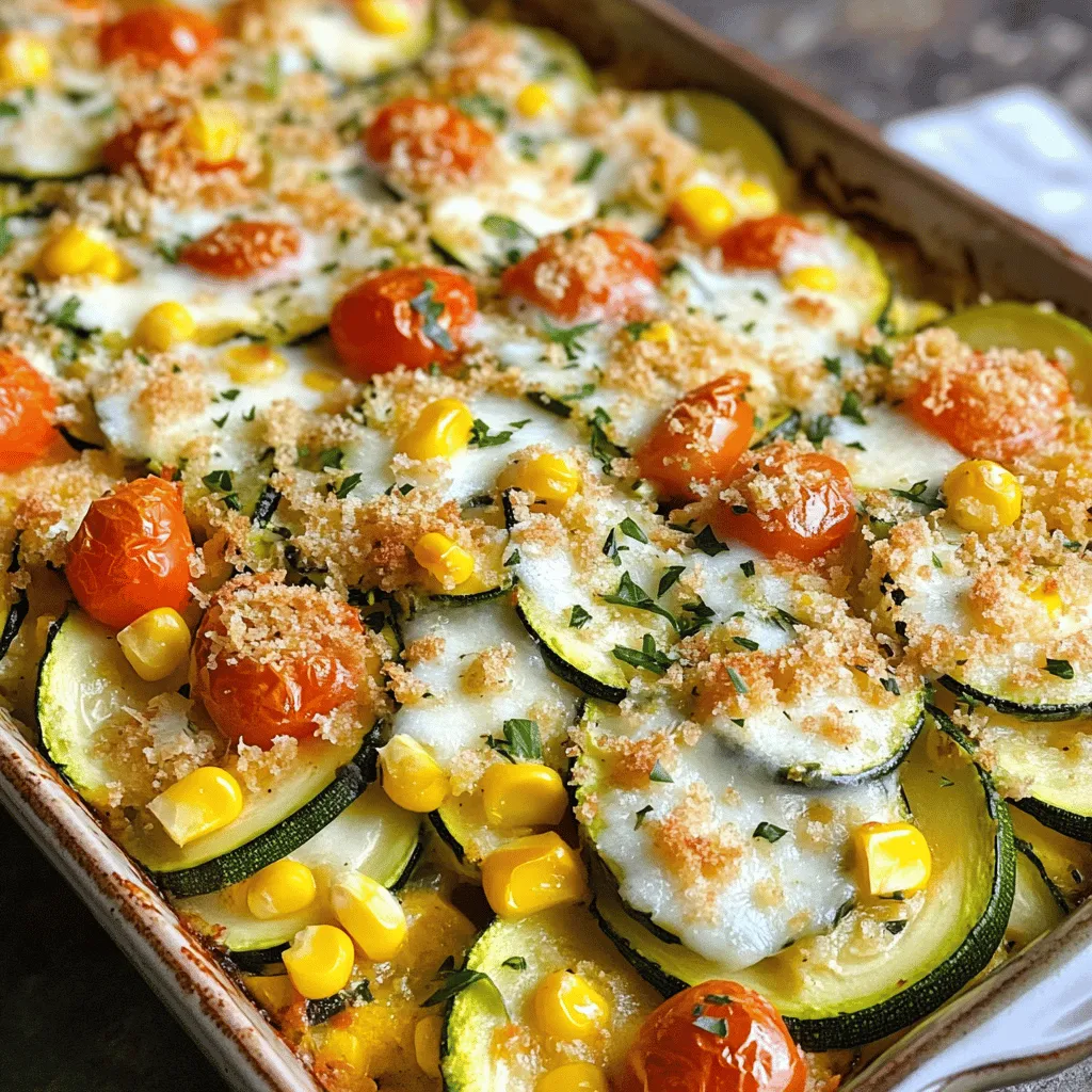 To make an easy zucchini casserole, you need a few key ingredients. Here’s what I use: - 4 medium zucchinis, sliced - 1 cup cherry tomatoes, halved - 1 cup corn kernels (fresh or frozen) - 1 bell pepper (red or yellow), diced - 1 onion, finely chopped - 2 cloves garlic, minced - 1 cup shredded mozzarella cheese - ½ cup grated Parmesan cheese - 1 cup breadcrumbs (preferably whole wheat) - 2 tablespoons olive oil - 1 teaspoon dried oregano - 1 teaspoon dried basil - Salt and pepper to taste These ingredients create a colorful and delicious base for the casserole. The zucchinis add moisture and texture, while the tomatoes and corn bring sweetness. The cheese gives a creamy finish, making every bite rich and savory. You can add your favorite flavors to make this dish unique. Here are some optional ingredients: - Spinach or kale for added greens - Mushrooms for a hearty touch - Ground turkey or beef for protein - Different cheeses like cheddar or feta - Spices like red pepper flakes for heat These options let you mix and match based on what you enjoy or have on hand. Feel free to experiment and find your favorite combination! A serving of this zucchini casserole is not only tasty but also healthy. Here’s a quick look at its nutritional benefits: - High in vitamins A and C from the vegetables - Good source of fiber from zucchini and corn - Contains protein from cheese and optional meat This dish can fit well in many diets. It’s filling, flavorful, and packed with nutrients. For the full recipe, check the section above! Start by washing the zucchinis. Slice them into thin rounds. Next, chop the onion and garlic. Dice the bell pepper. Halve the cherry tomatoes. If you use frozen corn, no need to thaw it. Fresh corn works well, too. In a skillet, heat olive oil over medium heat. Add the chopped onion and garlic. Sauté for about 3-4 minutes until they smell great. Add the sliced zucchini and bell pepper next. Cook this for about 5-7 minutes. Stir often until they soften. Then, mix in the cherry tomatoes and corn. Season with oregano, basil, salt, and pepper. Cook for another 2-3 minutes to blend the flavors. In a large bowl, combine the veggie mixture with half of the mozzarella and half of the Parmesan. Stir this well until everything is mixed. Grease a 9x13 inch casserole dish. Pour the veggie mixture into it and spread it evenly. In a separate bowl, mix the breadcrumbs with the remaining mozzarella and Parmesan. Sprinkle this over the top of the casserole. Now, it’s time to bake! Preheat your oven to 375°F (190°C). Place the casserole in the oven and bake for 25-30 minutes. Look for a golden top and melted cheese. Once done, let it cool for about 5 minutes before you serve. Enjoy your Easy Zucchini Casserole! For the complete recipe, check out the Full Recipe. To make your zucchini casserole shine, focus on the slicing. Cut the zucchinis evenly. This helps them cook at the same rate. Use fresh veggies for the best taste. Fresh zucchini and tomatoes bring great flavor and texture. When sautéing, don’t rush the process. Letting the onion and garlic get fragrant adds depth. Mix in herbs like oregano and basil early. This helps release their oils and flavor. One common mistake is overcooking the zucchini. If you cook it too long, it gets mushy. Aim for a tender but firm texture. Another error is not seasoning enough. A pinch of salt and pepper makes a big difference. Be careful not to skip the breadcrumbs. They add a nice crunch and texture on top. Lastly, avoid skipping the cooling step after baking. Letting it rest helps the casserole set and slice better. Serve your zucchini casserole with a side salad. A fresh green salad complements the dish well. You can also pair it with crusty bread for a filling meal. For extra flavor, drizzle with a bit of balsamic glaze. This adds a tangy kick that enhances the dish. If you have leftovers, try them cold in a wrap. It makes a tasty lunch the next day. For more ideas, check out the Full Recipe. {{image_2}} You can make this dish even more veggie-friendly! Swap out the zucchini for other great vegetables. Try eggplant, mushrooms, or spinach. You can also add in some herbs like thyme or parsley for more flavor. This keeps the dish light and fresh while still being filling. If you love meat, you can easily add it to your casserole. Ground turkey or chicken works well. Simply brown the meat in the skillet before adding the veggies. You can also use cooked sausage or diced ham. This gives the dish a hearty twist and extra flavor. For a gluten-free version, you can substitute the breadcrumbs with gluten-free breadcrumbs or crushed rice crackers. You can also omit the breadcrumbs for a lighter option. Just make sure to check labels on all your ingredients to keep it gluten-free. Enjoy this tasty dish without worry! For the full recipe, check out the Zesty Zucchini Delight Casserole. To keep your zucchini casserole fresh, let it cool first. Then, place it in an airtight container. You can store it in the fridge for up to three days. If you want to save it longer, consider freezing it. When you're ready to enjoy leftovers, preheat your oven to 350°F (175°C). Place the casserole in an oven-safe dish. Cover it with foil to keep it moist. Heat for about 20 minutes. If you like it crispy, remove the foil for the last 5 minutes. To freeze your casserole, let it cool completely. Cut it into portions for easy thawing. Wrap each portion tightly in plastic wrap, then place them in a freezer bag. Label the bag with the date. It will stay good for up to three months. When ready to eat, thaw in the fridge overnight and reheat as mentioned. Enjoy your delicious zucchini casserole anytime! Yes, you can use other vegetables. Try bell peppers, spinach, or mushrooms. Each adds its own taste and texture. Mixing in your favorites can make this dish special for you. Just remember to cut them into small pieces for even cooking. You can store zucchini casserole for about three to five days. Keep it in an airtight container in the fridge. This helps keep the flavors fresh. If you want to keep it longer, consider freezing it. Absolutely! You can prepare the casserole a day ahead. Just follow the steps until you are ready to bake it. Cover it well and place it in the fridge. When you’re ready, bake it straight from the fridge; it may need a few extra minutes. The best way to reheat it is in the oven. Preheat your oven to 350°F (175°C). Place the casserole in a baking dish and cover it with foil. Heat it for about 20 minutes. This helps keep it moist and warm. Yes, zucchini casserole is healthy! It includes fresh veggies and low-fat cheese. You can also use whole wheat breadcrumbs for extra fiber. This dish is a great way to enjoy vegetables while getting important nutrients. It’s perfect for a balanced meal. For the full recipe, check the Zesty Zucchini Delight Casserole. Enjoy! You learned about zucchini casserole's key ingredients and easy steps to make it. We discussed tips for perfecting your dish and avoiding common mistakes. You can also customize it with different proteins and veggies. Zucchini casserole is versatile and simple to prepare. Try making it tonight for a tasty meal. You can also store leftovers for easy future meals. Enjoy experimenting with your own flavors!