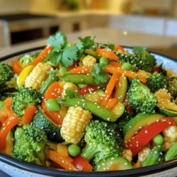 For a vibrant vegetable stir fry, use these fresh veggies: - 1 cup broccoli florets - 1 bell pepper (any color), sliced - 1 carrot, julienned - 1 cup snap peas - 1 zucchini, sliced - 1 cup baby corn, chopped These vegetables add color and crunch to the dish. You can mix and match based on your taste or what you have at home. Fresh veggies ensure the best flavor and texture. Aromatics enhance the dish's flavor. Use these: - 3 cloves garlic, minced - 1 tablespoon fresh ginger, grated Garlic gives a savory depth, while ginger adds a nice zing. These two are key for a fragrant stir fry. Seasoning balances flavors. For this stir fry, gather: - 3 tablespoons soy sauce (or tamari for gluten-free) - 1 tablespoon sesame oil - Salt and pepper to taste - 1 tablespoon sesame seeds (for garnish) - Fresh cilantro, for garnish Soy sauce brings umami, while sesame oil adds richness. Adjust salt and pepper to your liking. Don't forget the sesame seeds and cilantro for a fresh finish. This blend ensures a delicious result every time. For the full recipe, check out the complete guide. Start by washing all your vegetables. Cut them into bite-sized pieces. For even cooking, make sure they are similar in size. Use a sharp knife to julienne the carrot and slice the zucchini. This makes them easy to eat. Keep your cutting board clean to avoid cross-contamination. Heat a large skillet or wok over medium-high heat. Add vegetable oil and let it warm up. Once hot, toss in minced garlic and grated ginger. Stir them for about a minute. This brings out their flavor. Add the tougher vegetables first, like broccoli and bell pepper. Stir-fry these for about 3 to 4 minutes. Then, add snap peas and baby corn. Keep stirring for another 2 minutes. Finally, add the zucchini and cook for 2 minutes more. Drizzle soy sauce and sesame oil over your stir-fried veggies. Stir well to mix everything. Let it cook for one more minute. This helps the flavors blend. Season with salt and pepper to taste. Remove from heat and sprinkle sesame seeds and fresh cilantro on top. This gives your dish a bright look and taste. You can find the full recipe for this vibrant stir-fry online! To get the best texture in your stir fry, cut your veggies into uniform pieces. This helps them cook evenly. Cook them over high heat for a short time. Aim for a tender-crisp bite. Broccoli and carrots need a bit more time, while snap peas and zucchini cook faster. Stir often to keep them from burning. Boost the flavor of your stir fry with fresh herbs and spices. Garlic and ginger add a nice kick. Consider adding a splash of lime juice for brightness. You can also try chili flakes for heat. For a hint of sweetness, toss in a bit of honey or maple syrup. Just a small amount can make a big difference. One common mistake is overcrowding the pan. If you add too many veggies at once, they will steam instead of fry. This changes their texture. Another mistake is not prepping ingredients ahead of time. Having everything ready allows you to focus on cooking. Lastly, don’t skip the seasoning. Proper seasoning at the end is key to a great taste. For the full recipe, check out the instructions above. {{image_2}} You can use many types of veggies in your stir fry. Feel free to mix and match based on your taste. Here are some great choices: - Cauliflower florets - Green beans - Bell peppers in different colors - Mushrooms, sliced - Bok choy - Spinach or kale Each option adds a unique taste and texture. Adding more colors makes your dish look even better and more fun. Adding protein boosts flavor and makes your meal heartier. Here are some easy options: - Tofu, cubed and sautéed until golden - Cooked chicken, thinly sliced - Shrimp, peeled and deveined - Beef strips, marinated and cooked Just make sure to cook the protein first before adding the vegetables. This keeps everything fresh and tasty. The sauce can change the whole dish. If you want to switch it up, try these options: - Teriyaki sauce for a sweet twist - Hoisin sauce for a rich flavor - Peanut sauce for a creamy touch - Coconut aminos for a soy-free option Feel free to mix sauces too! A bit of soy and a splash of sesame oil can create a delightful blend. For the full recipe, check out the details above. After making your savory vegetable stir fry, let it cool first. Transfer the leftovers to an airtight container. Store them in the fridge. This keeps your stir fry fresh for up to three days. If you want, you can also keep it in a bowl covered with plastic wrap. To reheat your stir fry, use a skillet or a microwave. If you use a skillet, add a splash of water or oil. Heat it on medium until it's warm. Stir it often to heat evenly. In the microwave, place your stir fry in a safe bowl. Heat it for one to two minutes. Check it and stir halfway through. If you want to save your stir fry for later, freezing is a great option. Pack cooled stir fry into freezer-safe bags or containers. Remove as much air as possible before sealing. Label the bags with the date. Your stir fry will stay good for about two months. When you're ready to eat it, thaw it in the fridge overnight. Then, reheat as usual. Enjoy the full recipe for a colorful and tasty meal! Vegetable stir fry lasts about 3 to 5 days in the fridge. Make sure you store it in an airtight container. This keeps it fresh and prevents odors from mixing with other foods. To enjoy it fully, eat it within this time frame. Reheat only what you need to keep leftovers tasty. Yes, you can use frozen vegetables for stir fry! They are quick and convenient. Just add them directly to your hot pan. Cook them a bit longer than fresh veggies. This ensures they heat through. Frozen vegetables can save you prep time while still being healthy and tasty. Some great side dishes for vegetable stir fry include: - Steamed rice - Quinoa - Noodles - Crispy tofu - Spring rolls - Asian-style salads These sides complement the flavors of the stir fry well. They help create a balanced meal. For more ideas, check out the Full Recipe for more inspirations! In this blog post, we explored how to make a great vegetable stir fry. We covered fresh veggies, essential aromatics, and the right seasonings to use. You learned step-by-step instructions for prepping, stir-frying, and combining your ingredients. We shared tips for perfect texture and flavor, plus common mistakes to avoid. You can try different veggies, add proteins, and switch sauces for variety. Remember how to store leftovers and reheat them properly. Enjoy your stir fry adventures, and let your creativity shine in the kitchen!