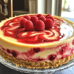 To make a delightful raspberry swirl cheesecake, you will need the following ingredients: - 1 ½ cups graham cracker crumbs - ½ cup unsalted butter, melted - 2 tablespoons sugar - 16 oz cream cheese, softened - 1 cup sugar - 1 teaspoon vanilla extract - 3 large eggs - 1 cup sour cream - 1 cup fresh raspberries - 2 tablespoons raspberry jam Each ingredient plays a key role in creating the creamy texture and fruity flavor. The graham cracker crumbs create a crunchy base. The melted butter binds the crumbs together, making a firm crust. The cream cheese is the star of the show; it gives the cheesecake its rich and smooth texture. Sugar sweetens the cheesecake. You can adjust the amount to fit your taste. Vanilla extract adds warmth and depth. Eggs help it set, giving it a soft yet stable structure. Sour cream enhances the creaminess and provides a slight tang. Raspberries bring a burst of flavor. They add color and a sweet-tart contrast. Raspberry jam helps to intensify that fruity flavor while making the swirling easy. This combination of ingredients makes the cheesecake truly special. For the full recipe, you can refer to the [Full Recipe]. - Preheat the oven to 325°F (163°C). - In a bowl, mix 1 ½ cups of graham cracker crumbs, ½ cup of melted unsalted butter, and 2 tablespoons of sugar. - Press this mixture firmly into the bottom of a 9-inch springform pan to form the crust. Bake for 10 minutes, then cool it completely. - In a large bowl, beat 16 oz of softened cream cheese until it is very smooth. - Gradually add 1 cup of sugar and 1 teaspoon of vanilla extract, mixing well. - Add 3 large eggs one at a time, mixing after each egg. Then, gently fold in 1 cup of sour cream until just mixed. - In a small bowl, mash 1 cup of fresh raspberries with a fork. Mix in 2 tablespoons of raspberry jam until smooth. - Pour half of the cheesecake batter over the cooled crust. Then, dollop half of the raspberry mixture on top. - Use a knife or toothpick to swirl the raspberry into the batter gently. - Add the remaining cheesecake batter and dollop the rest of the raspberry mix on top. Swirl again for a pretty marbled effect. Enjoy making this treat! For the complete recipe, check the Full Recipe section above. To achieve a creamy texture, start with room-temperature cream cheese. This helps blend smoothly. Always mix at low speed to avoid air bubbles. Too much air makes cracks possible. To avoid cracks on the surface, do not overmix. Overmixing adds air, which can cause cracks while baking. Also, bake slowly at a lower temperature. This helps the cheesecake set evenly. Cooling is essential for a flawless finish. After baking, turn off the oven and crack the door. Let the cheesecake cool in the oven for an hour. Then, refrigerate for at least four hours. Creating the perfect swirl takes practice. Start by dolloping your raspberry mixture onto the cheesecake batter. Use a knife or toothpick to swirl gently. Don’t overdo it; a little goes a long way. Tools that help with swirling include a toothpick or a skewer. These let you control the swirl better. You can also use a butter knife for larger swirls. Timing is key for best results. Swirl just before baking. If you wait too long, the mixture will blend too much. A vibrant swirl makes your cheesecake stand out. For the full recipe, check out the Raspberry Swirl Cheesecake section. {{image_2}} You can swap raspberries for other berries. Strawberries and blueberries work great! Each berry gives a unique flavor. Strawberries add sweetness, while blueberries add a mild tartness. Mixing berries can create a fun twist. Think about what you love most. This lets you play with taste and color in your cheesecake. Want to change the flavor? Add chocolate or lemon zest for a new spin. Chocolate brings a rich depth, while lemon zest adds brightness. You can also try different crusts. Instead of graham crackers, use crushed cookies, like Oreos or gingersnaps. These small changes can make your cheesecake special and exciting. How you serve raspberry swirl cheesecake matters. I recommend adding fresh whipped cream on top. A drizzle of chocolate sauce or raspberry sauce is also a nice touch. Fresh mint leaves can brighten up your plate. You can even pair it with a scoop of vanilla ice cream. These choices make each slice even more delightful! For the complete process of making this delicious dessert, check out the Full Recipe. To keep your raspberry swirl cheesecake fresh, store it in the fridge. Place it in an airtight container. If you don't have one, wrap it tightly in plastic wrap. This method keeps the cheesecake moist and prevents it from absorbing odors. A springform pan is great for storage if you can't find a container. Just cover it with plastic wrap. If you want to slice it before storing, use a glass or ceramic dish. These materials help maintain flavor and texture. You can freeze your cheesecake! It freezes well and stays tasty for up to three months. To freeze, let the cheesecake cool completely. Wrap it in plastic wrap, then foil. This double layer prevents freezer burn. When you’re ready to eat, move it to the fridge for a night to thaw. Enjoy your creamy and delightful treat! For the full recipe, check out the Raspberry Swirl Cheesecake section. Cheesecake texture comes from key factors. The amount of cream cheese affects density. More cream cheese creates a denser cake. Mixing method also matters. Overmixing introduces air and can make it lighter. Eggs add structure, but too many can also lead to a lighter cake. Baking time is crucial; underbaking can leave it soft, while overbaking makes it dense. I suggest using room temperature ingredients for the best blend. This helps create that creamy, smooth texture we all love. Homemade cheesecake can last about a week in the fridge. Store it in an airtight container to keep it fresh. Look for signs of spoilage, like an off smell or a change in texture. If you see any cracks or water forming on top, it’s best to toss it. Always check the cheesecake before serving. If you want to keep it longer, freeze it! It can last up to three months in the freezer. Yes, you can use frozen raspberries! They work well in this recipe. Just make sure to thaw them first. Drain any extra liquid before mixing them in to avoid a watery cheesecake. When you mash them, they will blend nicely with the raspberry jam. This can add a great flavor and color to your swirl. Just remember, the texture may be a bit different than fresh raspberries, but the taste will still be delicious. This blog post covered all you need for a perfect raspberry swirl cheesecake. We explored the key ingredients, step-by-step instructions, and helpful tips. You learned how to make a creamy cheesecake with a beautiful raspberry swirl. Remember the variations and storage tips for best results. Enjoy making this treat for friends or family. Cheesecake is always a hit! Try different flavors to keep it fun. Your baking journey can be delicious and rewarding. Happy baking!