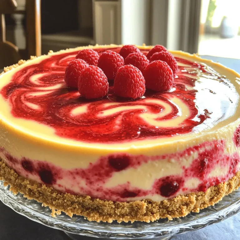 To make a delightful raspberry swirl cheesecake, you will need the following ingredients: - 1 ½ cups graham cracker crumbs - ½ cup unsalted butter, melted - 2 tablespoons sugar - 16 oz cream cheese, softened - 1 cup sugar - 1 teaspoon vanilla extract - 3 large eggs - 1 cup sour cream - 1 cup fresh raspberries - 2 tablespoons raspberry jam Each ingredient plays a key role in creating the creamy texture and fruity flavor. The graham cracker crumbs create a crunchy base. The melted butter binds the crumbs together, making a firm crust. The cream cheese is the star of the show; it gives the cheesecake its rich and smooth texture. Sugar sweetens the cheesecake. You can adjust the amount to fit your taste. Vanilla extract adds warmth and depth. Eggs help it set, giving it a soft yet stable structure. Sour cream enhances the creaminess and provides a slight tang. Raspberries bring a burst of flavor. They add color and a sweet-tart contrast. Raspberry jam helps to intensify that fruity flavor while making the swirling easy. This combination of ingredients makes the cheesecake truly special. For the full recipe, you can refer to the [Full Recipe]. - Preheat the oven to 325°F (163°C). - In a bowl, mix 1 ½ cups of graham cracker crumbs, ½ cup of melted unsalted butter, and 2 tablespoons of sugar. - Press this mixture firmly into the bottom of a 9-inch springform pan to form the crust. Bake for 10 minutes, then cool it completely. - In a large bowl, beat 16 oz of softened cream cheese until it is very smooth. - Gradually add 1 cup of sugar and 1 teaspoon of vanilla extract, mixing well. - Add 3 large eggs one at a time, mixing after each egg. Then, gently fold in 1 cup of sour cream until just mixed. - In a small bowl, mash 1 cup of fresh raspberries with a fork. Mix in 2 tablespoons of raspberry jam until smooth. - Pour half of the cheesecake batter over the cooled crust. Then, dollop half of the raspberry mixture on top. - Use a knife or toothpick to swirl the raspberry into the batter gently. - Add the remaining cheesecake batter and dollop the rest of the raspberry mix on top. Swirl again for a pretty marbled effect. Enjoy making this treat! For the complete recipe, check the Full Recipe section above. To achieve a creamy texture, start with room-temperature cream cheese. This helps blend smoothly. Always mix at low speed to avoid air bubbles. Too much air makes cracks possible. To avoid cracks on the surface, do not overmix. Overmixing adds air, which can cause cracks while baking. Also, bake slowly at a lower temperature. This helps the cheesecake set evenly. Cooling is essential for a flawless finish. After baking, turn off the oven and crack the door. Let the cheesecake cool in the oven for an hour. Then, refrigerate for at least four hours. Creating the perfect swirl takes practice. Start by dolloping your raspberry mixture onto the cheesecake batter. Use a knife or toothpick to swirl gently. Don’t overdo it; a little goes a long way. Tools that help with swirling include a toothpick or a skewer. These let you control the swirl better. You can also use a butter knife for larger swirls. Timing is key for best results. Swirl just before baking. If you wait too long, the mixture will blend too much. A vibrant swirl makes your cheesecake stand out. For the full recipe, check out the Raspberry Swirl Cheesecake section. {{image_2}} You can swap raspberries for other berries. Strawberries and blueberries work great! Each berry gives a unique flavor. Strawberries add sweetness, while blueberries add a mild tartness. Mixing berries can create a fun twist. Think about what you love most. This lets you play with taste and color in your cheesecake. Want to change the flavor? Add chocolate or lemon zest for a new spin. Chocolate brings a rich depth, while lemon zest adds brightness. You can also try different crusts. Instead of graham crackers, use crushed cookies, like Oreos or gingersnaps. These small changes can make your cheesecake special and exciting. How you serve raspberry swirl cheesecake matters. I recommend adding fresh whipped cream on top. A drizzle of chocolate sauce or raspberry sauce is also a nice touch. Fresh mint leaves can brighten up your plate. You can even pair it with a scoop of vanilla ice cream. These choices make each slice even more delightful! For the complete process of making this delicious dessert, check out the Full Recipe. To keep your raspberry swirl cheesecake fresh, store it in the fridge. Place it in an airtight container. If you don't have one, wrap it tightly in plastic wrap. This method keeps the cheesecake moist and prevents it from absorbing odors. A springform pan is great for storage if you can't find a container. Just cover it with plastic wrap. If you want to slice it before storing, use a glass or ceramic dish. These materials help maintain flavor and texture. You can freeze your cheesecake! It freezes well and stays tasty for up to three months. To freeze, let the cheesecake cool completely. Wrap it in plastic wrap, then foil. This double layer prevents freezer burn. When you’re ready to eat, move it to the fridge for a night to thaw. Enjoy your creamy and delightful treat! For the full recipe, check out the Raspberry Swirl Cheesecake section. Cheesecake texture comes from key factors. The amount of cream cheese affects density. More cream cheese creates a denser cake. Mixing method also matters. Overmixing introduces air and can make it lighter. Eggs add structure, but too many can also lead to a lighter cake. Baking time is crucial; underbaking can leave it soft, while overbaking makes it dense. I suggest using room temperature ingredients for the best blend. This helps create that creamy, smooth texture we all love. Homemade cheesecake can last about a week in the fridge. Store it in an airtight container to keep it fresh. Look for signs of spoilage, like an off smell or a change in texture. If you see any cracks or water forming on top, it’s best to toss it. Always check the cheesecake before serving. If you want to keep it longer, freeze it! It can last up to three months in the freezer. Yes, you can use frozen raspberries! They work well in this recipe. Just make sure to thaw them first. Drain any extra liquid before mixing them in to avoid a watery cheesecake. When you mash them, they will blend nicely with the raspberry jam. This can add a great flavor and color to your swirl. Just remember, the texture may be a bit different than fresh raspberries, but the taste will still be delicious. This blog post covered all you need for a perfect raspberry swirl cheesecake. We explored the key ingredients, step-by-step instructions, and helpful tips. You learned how to make a creamy cheesecake with a beautiful raspberry swirl. Remember the variations and storage tips for best results. Enjoy making this treat for friends or family. Cheesecake is always a hit! Try different flavors to keep it fun. Your baking journey can be delicious and rewarding. Happy baking!