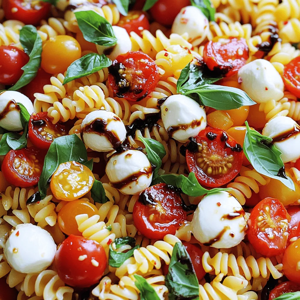 For a delightful Caprese Pasta Salad, you need fresh and simple ingredients. Here’s what you need: - 8 oz fusilli or rotini pasta - 1 cup cherry tomatoes, halved - 1 cup fresh mozzarella balls (bocconcini), halved - 1/2 cup fresh basil leaves, torn - 1/4 cup extra virgin olive oil - 2 tablespoons balsamic glaze - Salt and pepper to taste - Optional: 1/4 teaspoon red pepper flakes for a kick Each ingredient plays a key role in making this dish fresh and vibrant. The pasta serves as a hearty base, while cherry tomatoes add sweetness. Fresh mozzarella brings creaminess, and basil contributes a fragrant touch. The olive oil and balsamic glaze tie it all together with richness and tang. You can also add red pepper flakes if you like a bit of heat. Using high-quality ingredients matters. Fresh mozzarella and ripe tomatoes make a big difference in taste. When you get these ingredients right, your salad will shine. For the full recipe, check the details above. Enjoy your cooking adventure! 1. Start by boiling a large pot of water. Make sure to add salt. This helps flavor the pasta. 2. Add your fusilli or rotini pasta to the boiling water. Cook it until it is al dente. This means it should be firm but not hard. Check the package for the right cooking time. 3. Once done, drain the pasta. Rinse it under cold water. This stops the cooking process and cools it down quickly. 1. In a large mixing bowl, combine the cooled pasta, halved cherry tomatoes, mozzarella balls, and torn basil leaves. Toss gently to mix them well. 2. To make the dressing, take a small bowl. Whisk together the extra virgin olive oil, balsamic glaze, salt, and pepper. If you want a spicy kick, add red pepper flakes. 1. Pour the dressing over the pasta mixture. Toss everything gently. Make sure all the ingredients are coated with the dressing. 2. Taste the salad and adjust the seasoning if needed. You may want a bit more salt or pepper. 3. Let the salad rest for about 15 to 20 minutes. This helps the flavors blend together. Serve it in a large bowl or in individual portions. Enjoy this Caprese Pasta Salad Delight! For the full recipe, check out the details above. To make your Caprese pasta salad shine, use fresh ingredients. Fresh basil, ripe tomatoes, and good mozzarella are key. I recommend adding a pinch of salt and pepper to taste. For a bit of heat, try red pepper flakes. Letting the salad sit for 15-20 minutes is crucial. This time allows the flavors to blend well. You’ll notice a big difference in taste. Presentation makes your dish inviting. Use a large, colorful bowl to serve. Scatter extra basil leaves on top for a fresh look. Drizzle balsamic glaze over the salad before serving. This adds a nice touch and enhances the flavor. Serve chilled or at room temperature for the best experience. You want your guests to enjoy every bite. {{image_2}} You can easily change the pasta in this dish. Try penne or farfalle for a fun twist. Each shape holds the dressing differently, adding to your meal's taste. You can also switch up the cheese. Instead of mozzarella, use feta or goat cheese for a tangy flavor. For a heartier dish, add grilled chicken or chickpeas. This change boosts protein and makes the salad more filling. Feel free to add more veggies too. Bell peppers, cucumbers, or spinach can brighten the dish and add crunch. To give your Caprese pasta salad a kick, add spices or herbs. Fresh oregano or thyme can add depth. A pinch of garlic powder can also enhance the taste. You might want to try different dressings too. Swap balsamic glaze with a lemon vinaigrette for a zesty twist. A splash of pesto can also add richness and flavor. Experimenting with these swaps and enhancements will make your dish truly yours. For the full recipe, check out the details above. To keep your Caprese Pasta Salad fresh, use airtight containers. Glass or plastic containers work well. Make sure to seal them tightly. This salad can last in the fridge for about three days. Check for freshness before serving it again. For best results, serve the salad cold. If you prefer it warm, gently heat it in a pan. Use low heat to avoid overcooking the pasta. Stir it often, and watch closely. You can also enjoy it at room temperature. Just let it sit for a bit before serving. Caprese pasta salad is a bright and fresh dish. It combines pasta, tomatoes, mozzarella, and basil. This dish comes from Italy, inspired by the classic Caprese salad. It captures the flavors of summer with its simple ingredients. The salad is colorful and perfect for gatherings or picnics. You can tweak this recipe to fit your diet. Try using gluten-free pasta for a gluten-free option. Swap fresh mozzarella for feta cheese for a tangy twist. You can also add more veggies like bell peppers or cucumbers. For protein, grill chicken or shrimp to include in the salad. Yes, you can prepare this salad a few hours ahead. Just make the salad and store it in the fridge. The flavors will blend nicely as it sits. However, add the dressing just before serving. This keeps the pasta and veggies fresh and crisp. This Caprese pasta salad is fresh, tasty, and easy to make. We covered the ingredients and steps to create this dish. You learned how to mix the pasta, tomatoes, and cheese with a simple dressing. I shared tips for better flavors and how to present your salad. You can also swap ingredients and store leftovers effectively. Try this recipe today. Enjoy its fresh taste and vibrant flavors at your next meal!