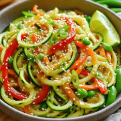 To make a tasty zucchini noodle stir fry, you need a few key items. Here’s a list of what I use: - 2 medium zucchinis, spiralized into noodles - 1 red bell pepper, sliced - 1 cup snap peas - 1 carrot, julienned - 1/2 onion, thinly sliced - 3 cloves garlic, minced - 1 tablespoon ginger, grated - 3 tablespoons soy sauce (or tamari for gluten-free) - 1 tablespoon sesame oil - 1 tablespoon olive oil - 1 tablespoon sesame seeds - 2 green onions, chopped, for garnish - Salt and pepper, to taste These ingredients work together to give you bright colors and bold flavors. The zucchini noodles provide a nice base, while the other veggies add crunch and sweetness. You can also add more to your stir fry for extra flavor. Here are some ideas: - Mushrooms for an earthy taste - Broccoli florets for added crunch - Spinach or kale for more greens - Cooked chicken, shrimp, or tofu for protein - Chili flakes for some heat Feel free to mix and match according to your taste. These add-ins can make your dish even more fun and flavorful! I prefer using fresh ingredients whenever possible. Fresh veggies have better flavor and texture. However, frozen vegetables can save time and are convenient. If you choose frozen, make sure to thaw and drain them first. This helps keep your stir fry from getting soggy. You can still make a great dish with frozen veggies, but fresh ones will shine more in this recipe. For the full recipe, you can check the main article. Enjoy your cooking! To start, you need zucchini noodles. I use a spiralizer for this. It makes perfect, thin noodles. If you don’t have one, a vegetable peeler works too. Just peel long strips. Aim for about two medium zucchinis. This will give you enough noodles for four servings. Now, let’s cook! Heat olive oil in a large skillet over medium heat. Add the thinly sliced onion and sauté for two minutes. The onion should look a bit clear. Then, toss in minced garlic and grated ginger. Stir them for about 30 seconds until they smell so good! Next, add red bell pepper, snap peas, and carrot. Stir-fry the veggies for 3 to 4 minutes. They should soften but still be a bit crisp. After that, add your zucchini noodles, soy sauce, and sesame oil. Mix everything well! Cook for 2 to 3 minutes more. You want those noodles warm but not mushy. Keep them al dente for the best bite. Once everything is mixed, taste it! Add salt and pepper if you want. A sprinkle of sesame seeds makes it look good too. Serve your stir fry in shallow bowls. Garnish with chopped green onions for color. Want a fresh twist? Add a lime wedge on the side. For the full recipe, check out the recipe above. Enjoy your tasty and easy zucchini noodle stir fry! When making zucchini noodle stir fry, some mistakes can ruin the dish. One big mistake is overcooking the zucchini noodles. Zucchini cooks fast. If you cook them too long, they become mushy. Instead, aim for a quick stir-fry. This keeps them firm and tasty. Another mistake is cutting your veggies unevenly. If you cut them in different sizes, they won’t cook at the same rate. Make sure all the pieces are similar in size. This way, they cook evenly and taste great. Different vegetables need different cooking times. For soft veggies like bell peppers and snap peas, cook for about 3 to 4 minutes. They should be tender but still crisp. For harder veggies like carrots, you may need to cook them a minute or two longer. If you add protein like chicken or shrimp, make sure it cooks fully. Use a meat thermometer. Chicken should reach 165°F, while shrimp should turn pink. Always adjust your cooking time based on what you add. To boost flavor, consider adding a splash of rice vinegar or lime juice. This gives a tangy kick. You can also add a teaspoon of chili paste for heat. If you like nuts, sprinkle in some chopped peanuts or cashews for crunch. For depth, add a bit of sesame oil. It gives a lovely nutty taste. Experiment with fresh herbs, like basil or cilantro, for freshness. These secret ingredients can take your stir fry from good to great. For the complete dish, check the Full Recipe. Enjoy cooking! {{image_2}} You can easily add protein to your zucchini noodle stir fry. Chicken is a great option. Dice it into small pieces and cook it first. This way, the chicken stays juicy. If you prefer plant-based options, try tofu. Firm tofu works best. Press it to remove extra water, then cube it. Sauté it until golden brown. Shrimp is another tasty choice. Add shrimp to the skillet after the veggies. Cook until they turn pink. Each protein adds a unique flavor, making your dish even better. This dish is very flexible. You can make it vegetarian or vegan without losing flavor. Simply omit any animal protein. You can also add more vegetables. Try adding broccoli, mushrooms, or bell peppers. These give great texture and nutrition. For a vegan twist, replace soy sauce with tamari or coconut aminos. Both options keep it tasty and gluten-free. Don’t forget to check your ingredients for any hidden animal products. If you like heat, add some spice! You can use red pepper flakes or sriracha. Both bring a kick to the dish. Start with a small amount. You can always add more if you want it spicier. Another great idea is to use fresh chili peppers. Slice them thin and toss them in with the garlic. This gives the dish a fresh, spicy flavor. Experiment with different spices to find your perfect blend. Each addition can make your stir fry unique and exciting. For the full recipe, check out the details above. When you have leftover zucchini noodle stir fry, store it in an airtight container. This keeps it fresh. Place the stir fry in the fridge. It can last for 3 to 4 days. Make sure it's cooled before sealing it. This helps avoid moisture build-up, which can make it soggy. Reheating zucchini noodles is easy. Use a skillet on medium heat. Add a splash of olive oil. This helps prevent sticking. Toss in the stir fry and heat for about 3 to 5 minutes. Stir often to ensure even warming. You can also microwave it. Just cover it loosely and heat in 30-second intervals, stirring in between. Freezing zucchini noodles is a bit different. You can freeze them, but it's best to blanch first. Boil the noodles for 1 to 2 minutes. Then, cool them in ice water. This helps keep their texture. Drain and pat them dry. Place in a freezer bag, removing as much air as possible. They can last for up to 3 months in the freezer. When you're ready to use them, just thaw and cook as you like. For the full recipe of zucchini noodle stir fry, check back to the main content. The best way to spiralize zucchini is to use a spiralizer. It turns zucchini into fun noodles. You can also use a vegetable peeler for thin strips if you lack a spiralizer. Just hold the zucchini firmly and peel it into long, thin pieces. This technique gives you a great base for stir-fry. Yes, you can use other noodles if you like. Rice noodles, soba noodles, or even egg noodles work well. Just remember that using regular noodles will change the dish’s flavor and texture. You can mix and match to find what you love best. For a healthier option, try whole grain or veggie-based noodles. To keep zucchini noodles from getting soggy, you must remove excess water. After spiralizing, sprinkle salt on the noodles and let them sit for about 10 minutes. This draws out moisture. Pat them dry with a paper towel before cooking. Cook them briefly in the stir-fry to maintain a firm texture. Follow the Full Recipe for the best results. In this guide, we explored the essential and optional ingredients for zucchini noodle stir fry. I shared step-by-step instructions to prepare and cook your dish. We also discussed tips to avoid common mistakes and ways to add protein for variety. Finally, you learned how to store and reheat your leftovers effectively. Cooking with zucchini noodles can be fun and tasty. With these tips, you can create a dish that impresses and satisfies. Enjoy your delicious meal!