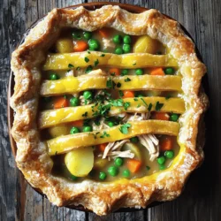 To make a classic chicken pot pie, gather these key ingredients: - 2 cups cooked chicken, shredded - 1 cup carrots, diced - 1 cup peas (fresh or frozen) - 1 cup potatoes, diced (optional) - 1/2 cup celery, diced - 1/3 cup butter - 1/3 cup all-purpose flour - 2 cups chicken broth - 1 cup whole milk - 1 teaspoon dried thyme - 1 teaspoon garlic powder - Salt and pepper to taste - 1 package (2 crusts) refrigerated pie crusts or homemade pie crust - 1 egg, beaten (for egg wash) You will need some basic tools to make this dish: - Large skillet - Mixing spoon - Pie dish (9-inch) - Measuring cups and spoons - Knife and cutting board - Rolling pin (if making crust from scratch) Using fresh, high-quality ingredients makes a big difference. Here are some tips: - Use rotisserie chicken or homemade chicken for the best flavor. - Choose fresh vegetables for a brighter taste and better texture. - Opt for unsalted butter to control the salt level in your dish. - For a richer filling, use whole milk rather than low-fat options. These choices will enhance your chicken pot pie, making it a truly comforting meal. Check out the Full Recipe for detailed steps. To begin, gather all your ingredients. This makes cooking easier. You will need: - 2 cups cooked chicken, shredded - 1 cup carrots, diced - 1 cup peas (fresh or frozen) - 1 cup potatoes, diced (optional) - 1/2 cup celery, diced - 1/3 cup butter - 1/3 cup all-purpose flour - 2 cups chicken broth - 1 cup whole milk - 1 teaspoon dried thyme - 1 teaspoon garlic powder - Salt and pepper to taste - 1 package (2 crusts) refrigerated pie crusts or homemade pie crust - 1 egg, beaten (for egg wash) Chop the vegetables into small pieces. This helps them cook evenly. Shred the chicken into bite-sized bits. If you use rotisserie chicken, make sure to remove the skin. Now, heat a large skillet over medium heat. Add the butter and let it melt. Once melted, toss in the carrots, celery, and optional potatoes. Cook this mix for about 5-7 minutes until it softens slightly. This step adds flavor and texture. Next, stir in the shredded chicken and peas. Add thyme, garlic powder, salt, and pepper. Mix it well. Now, sprinkle the flour over the mixture. Stir to coat everything, cooking for 2 more minutes. This forms a roux that thickens the filling. Slowly pour in the chicken broth and milk. Stir constantly until the mixture thickens and bubbles. Remove from heat. Set it aside to cool slightly. Unroll one pie crust into a 9-inch pie dish. Make sure it fits well. Then, pour the chicken filling into the crust. Spread it evenly. Next, place the second pie crust over the filling. Seal the edges by crimping with your fingers or using a fork. Don’t forget to cut a few slits in the top crust. This allows steam to escape while baking. Brush the top crust with the beaten egg for a nice golden finish. Preheat your oven to 425°F (220°C). Once ready, place your pot pie in the oven. Bake for 30-35 minutes or until the crust turns golden brown. Keep an eye on it to prevent burning. After baking, let the pot pie rest for about 10 minutes. This helps the filling set. When you slice it, the filling stays in place. Serve it warm, and enjoy your comforting meal. For the full recipe, check the earlier section. A flaky crust makes your chicken pot pie shine. Here are some tips to help you achieve that perfect texture: - Use cold butter. Cold butter makes the crust flaky. - Don’t overwork the dough. Mix just until it forms a ball. - Chill the dough. Let it rest in the fridge for at least 30 minutes. - Roll out gently. Use light pressure to keep the layers intact. Learning from mistakes helps you improve. Here are common pitfalls to watch out for: - Skipping the pie crust chill. This can lead to a tough crust. - Overfilling the pie. Too much filling can make it spill over. - Not sealing the edges properly. This can cause leaks during baking. - Baking without slits. Always cut slits for steam to escape. A thick filling keeps your pot pie from being soupy. Here’s how to do it right: - Use flour to create a roux. Cook flour with butter for a few minutes. - Add liquids slowly. Stir while adding chicken broth and milk. - Cook until bubbling. Let it bubble for a few minutes to thicken. - Check consistency. If too thin, add more flour mixed with water. For a full recipe, check out the Comforting Chicken Pot Pie. It’s easy and delicious! {{image_2}} You can switch up the protein in your pot pie. Instead of chicken, try turkey. It works great. You can also use beef for a hearty twist. If you have leftover roast, this is a good use. Just shred or cube it and add it to the filling. Fish is another fun choice. Salmon or cod can give a fresh taste. If you want a meat-free option, you can make a tasty vegetarian pot pie. Start with the same base of veggies like carrots, peas, and celery. Add mushrooms for a rich flavor. You can also include lentils for protein. They add a nice texture. Use vegetable broth instead of chicken broth for the sauce. This keeps it hearty and satisfying. Get creative with your flavors! You can add herbs like rosemary or parsley for a fresh taste. A splash of white wine can enhance the filling's depth. For a spicy kick, try adding a dash of hot sauce or red pepper flakes. You could even mix in some cheese, like cheddar or Gruyère, for creaminess. These little changes can make your dish unique and exciting. For the full recipe and more ideas, check out the Comforting Chicken Pot Pie. After you make your chicken pot pie, let it cool first. Cover it with plastic wrap or foil. You can store it in the fridge for up to three days. If you want to save a slice for later, just make sure it’s sealed well. This keeps it fresh and tasty. To freeze your chicken pot pie, allow it to cool completely. Wrap it tightly with plastic wrap, then cover it with aluminum foil. This helps prevent freezer burn. It can stay in the freezer for up to two months. When you're ready to eat it, thaw it in the fridge overnight before baking. To reheat, preheat your oven to 350°F (175°C). Place the pot pie on a baking sheet. Cover it with foil to keep the crust from burning. Bake for about 25 to 30 minutes, or until it's hot inside. If you want a crispier crust, remove the foil for the last 10 minutes of baking. Enjoy your comforting chicken pot pie just like the first day! To make a gluten-free chicken pot pie, swap regular flour for a gluten-free blend. Use gluten-free pie crusts too. You can find these at most grocery stores. Be sure to check labels for any hidden gluten. Yes, rotisserie chicken works great! It saves time and adds flavor. Just shred the meat and mix it into your filling. This makes the cooking process much faster. Chicken pot pie pairs well with a fresh salad or roasted vegetables. You can also serve it with mashed potatoes or steamed green beans. These sides balance the richness of the pie. Homemade chicken pot pie lasts about 3 to 4 days in the fridge. Store it in an airtight container to keep it fresh. Reheat individual slices in the oven for the best taste. No, you don’t need to cover the pot pie while baking. Leaving it uncovered allows the crust to become golden and crispy. Just watch it closely to prevent over-browning. Chicken pot pie is a dish that warms the heart. The mix of chicken, veggies, and sauce in a flaky crust makes it so good. Here are the ingredients you will need: - 2 cups cooked chicken, shredded - 1 cup carrots, diced - 1 cup peas (fresh or frozen) - 1 cup potatoes, diced (optional) - 1/2 cup celery, diced - 1/3 cup butter - 1/3 cup all-purpose flour - 2 cups chicken broth - 1 cup whole milk - 1 teaspoon dried thyme - 1 teaspoon garlic powder - Salt and pepper to taste - 1 package (2 crusts) refrigerated pie crusts or homemade pie crust - 1 egg, beaten (for egg wash) Now, let’s go through the steps to make this dish. 1. Preheat your oven to 425°F (220°C). This helps cook the pie evenly. 2. Melt the butter in a large skillet over medium heat. Add the carrots, celery, and potatoes. Cook for 5-7 minutes until they begin to soften. 3. Now, add the shredded chicken, peas, thyme, garlic powder, salt, and pepper. Stir until mixed well. 4. Sprinkle the flour over the mixture. Stir to coat and cook for 2 more minutes. This forms a roux. 5. Slowly add the chicken broth and milk, stirring all the time until it thickens and bubbles. Then, take it off the heat. 6. Unroll one pie crust into a 9-inch pie dish. Pour the chicken filling into the crust. 7. Place the second pie crust over the filling. Seal the edges by crimping with your fingers. Cut a few slits in the top to let steam escape. 8. Brush the top crust with the beaten egg for a golden finish. 9. Bake for 30-35 minutes, or until the crust is golden brown. 10. Let it rest for 10 minutes before slicing. This helps the filling set. This comforting chicken pot pie recipe serves 6. Serve warm on plates with fresh parsley for color. Enjoy this classic dish with a light salad for a complete meal. We explored how to make a comforting chicken pot pie. You learned about essential ingredients and useful tools. Preparation, cooking, and baking steps guide you to a perfect dish. I shared tips for a flaky crust and common pitfalls to avoid. We also looked at tasty variations and smart storage ideas. Now, with these insights and techniques, you can create a delightful pot pie. Enjoy the process and savor the rewards of your cooking!