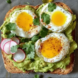 - 2 ripe avocados - 4 slices of whole grain bread - 4 large eggs - 1 tablespoon olive oil - 1 teaspoon garlic powder - 1 teaspoon smoked paprika - Salt and pepper to taste - Fresh cilantro leaves for garnish - Sliced radishes for topping - Squeeze of fresh lime juice When I make this avocado toast with egg, I love the vibrant flavors and simple steps. Each ingredient plays a vital role in creating a tasty dish. For the avocados, I pick ripe ones. They should feel soft but not mushy. The bread must be whole grain for that hearty texture. I often go with a thick slice, as it holds all the toppings well. The eggs bring protein and richness. I choose large eggs, which cook up nicely. Olive oil adds healthy fat and a bit of flavor. In terms of seasonings, garlic powder and smoked paprika add depth. I also use salt and pepper to enhance all the flavors. Fresh cilantro leaves provide a pop of color and freshness. Sliced radishes add crunch and a bright touch. Lastly, a squeeze of lime juice brightens the whole dish. With these ingredients, I feel confident that my avocado toast will turn out delicious. You can find the full recipe in this article, which guides you through each step. Toast the slices until golden brown and crispy. This step makes the toast crunchy and keeps it from getting soggy. I love using whole grain bread for added flavor and nutrients. Aim for a nice crispness; it makes a big difference in the dish. Scoop the ripe avocados into a bowl. Mash them with a fork until smooth. Add garlic powder, smoked paprika, salt, and pepper. Mix in a squeeze of fresh lime juice. This adds a bright flavor and keeps the avocado from browning. The seasoning gives the mash a nice kick. Heat olive oil in a non-stick skillet over medium heat. Crack the eggs into the skillet gently. Cook them sunny-side up until the whites are set. If you like them more done, cook a bit longer. Sprinkle with salt and pepper while cooking; it adds flavor to the eggs. Spread a generous amount of the avocado mix on each slice of toasted bread. Make sure to cover the toast well. This creamy layer is the star of the dish. It's important to get good coverage for every bite. Top each slice with a sunny-side-up egg. Add fresh cilantro leaves and sliced radishes for color. These garnishes add crunch and make the dish look beautiful. The radishes give a nice contrast to the creaminess of the avocado and egg. For the complete recipe, check out the [Full Recipe]. To make the best avocado mash, use ripe avocados. They should feel soft when you press them gently. If they are too firm, wait a few days for them to ripen. The right texture makes a big difference in flavor and creaminess. Mash them with a fork for a chunky mix or blend for a smooth finish. Add a squeeze of lime juice to keep the color bright and fresh. When cooking eggs for your toast, you can choose sunny-side up or scrambled. Sunny-side up gives you a nice runny yolk that flows over the avocado. Scrambled eggs offer a soft texture that mixes well with the avocado. Both styles are tasty, so pick what you like best. Cook the eggs in olive oil for added flavor and a smooth finish. To make your meal more balanced, add a side salad or fresh fruit. A simple green salad with lemon dressing pairs well. You can also choose seasonal fruits like berries or sliced oranges. These sides add color and nutrients to your plate. If you want to impress, serve the toast on a large platter. Drizzle extra olive oil on top and add lime wedges for a fun touch. For a detailed recipe, check out the [Full Recipe]. {{image_2}} You can make your avocado toast even better with tasty toppings. Feta cheese adds a creamy, salty kick. Cherry tomatoes bring a sweet burst of flavor. Try adding sliced radishes for a crunchy bite. You can also sprinkle some seeds or nuts for extra texture and nutrition. Want to spice things up? Add chili flakes for a kick of heat. A dash of cayenne pepper works well too. You can mix in fresh herbs like basil or dill for a fresh taste. Even a drizzle of balsamic glaze can add depth and sweetness to your dish. Experiment and find what excites your taste buds! The bread you choose can change your toast game. Whole grain is great, but don’t stop there! Try gluten-free bread if you need it. Sourdough adds a tangy flavor and chewy texture. You can even use bagels or English muffins for a fun twist. Choose your favorite, and enjoy your creation! For a full recipe, check out my Avocado Toast with a Twist. To keep leftover avocado toast fresh, store it in an airtight container. This helps prevent air from reaching the toast. If you have extra ingredients, store them separately. This way, your toast stays crisp and tasty. Try to eat leftovers within 1 day for the best flavor. To reheat avocado toast, use a toaster oven or regular oven. Heat it at a low temperature, around 300°F (150°C). This warms the toast without making it soggy. Avoid using a microwave, as it can ruin the texture. Just a few minutes in the oven will revive the crunch. To stop mashed avocado from browning, add lime juice. The acidity slows down oxidation. You can also cover the avocado tightly with plastic wrap. Press the wrap directly onto the surface to limit air exposure. Storing it in a sealed container with a piece of onion can help too. These tricks keep your avocado fresh and green. For the full recipe, check out the Avocado Toast with a Twist section. It takes about 10 minutes to prep and 20 minutes to cook. The total time is 30 minutes. You can serve four people with this quick meal. Just toast the bread, mash the avocado, and cook the eggs. Yes, you can make the avocado mix ahead of time. Store it in an airtight container. Add a bit of lime juice to keep it fresh. It stays good for about one day in the fridge. Avocado toast is very nutritious. Avocados are full of healthy fats. They help with heart health and keep you full longer. Eggs provide protein, which is great for muscles. Together, they make a balanced meal. Yes, it is great for meal prep! You can toast the bread and store it. Prepare the avocado mix and eggs in advance. Just assemble them when you are ready to eat. Enjoy fresh, easy meals all week long! This blog post covered how to make the perfect avocado toast with eggs. We explored ingredients, from ripe avocados to fresh lime juice. You learned to prepare the bread, mash the avocado, and cook the eggs. We also discussed tips for variations, storage, and reheating. Avocado toast is not just tasty; it’s good for you too. Enjoy making your own delicious, healthy meals!