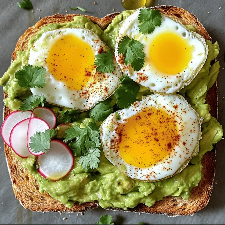 - 2 ripe avocados - 4 slices of whole grain bread - 4 large eggs - 1 tablespoon olive oil - 1 teaspoon garlic powder - 1 teaspoon smoked paprika - Salt and pepper to taste - Fresh cilantro leaves for garnish - Sliced radishes for topping - Squeeze of fresh lime juice When I make this avocado toast with egg, I love the vibrant flavors and simple steps. Each ingredient plays a vital role in creating a tasty dish. For the avocados, I pick ripe ones. They should feel soft but not mushy. The bread must be whole grain for that hearty texture. I often go with a thick slice, as it holds all the toppings well. The eggs bring protein and richness. I choose large eggs, which cook up nicely. Olive oil adds healthy fat and a bit of flavor. In terms of seasonings, garlic powder and smoked paprika add depth. I also use salt and pepper to enhance all the flavors. Fresh cilantro leaves provide a pop of color and freshness. Sliced radishes add crunch and a bright touch. Lastly, a squeeze of lime juice brightens the whole dish. With these ingredients, I feel confident that my avocado toast will turn out delicious. You can find the full recipe in this article, which guides you through each step. Toast the slices until golden brown and crispy. This step makes the toast crunchy and keeps it from getting soggy. I love using whole grain bread for added flavor and nutrients. Aim for a nice crispness; it makes a big difference in the dish. Scoop the ripe avocados into a bowl. Mash them with a fork until smooth. Add garlic powder, smoked paprika, salt, and pepper. Mix in a squeeze of fresh lime juice. This adds a bright flavor and keeps the avocado from browning. The seasoning gives the mash a nice kick. Heat olive oil in a non-stick skillet over medium heat. Crack the eggs into the skillet gently. Cook them sunny-side up until the whites are set. If you like them more done, cook a bit longer. Sprinkle with salt and pepper while cooking; it adds flavor to the eggs. Spread a generous amount of the avocado mix on each slice of toasted bread. Make sure to cover the toast well. This creamy layer is the star of the dish. It's important to get good coverage for every bite. Top each slice with a sunny-side-up egg. Add fresh cilantro leaves and sliced radishes for color. These garnishes add crunch and make the dish look beautiful. The radishes give a nice contrast to the creaminess of the avocado and egg. For the complete recipe, check out the [Full Recipe]. To make the best avocado mash, use ripe avocados. They should feel soft when you press them gently. If they are too firm, wait a few days for them to ripen. The right texture makes a big difference in flavor and creaminess. Mash them with a fork for a chunky mix or blend for a smooth finish. Add a squeeze of lime juice to keep the color bright and fresh. When cooking eggs for your toast, you can choose sunny-side up or scrambled. Sunny-side up gives you a nice runny yolk that flows over the avocado. Scrambled eggs offer a soft texture that mixes well with the avocado. Both styles are tasty, so pick what you like best. Cook the eggs in olive oil for added flavor and a smooth finish. To make your meal more balanced, add a side salad or fresh fruit. A simple green salad with lemon dressing pairs well. You can also choose seasonal fruits like berries or sliced oranges. These sides add color and nutrients to your plate. If you want to impress, serve the toast on a large platter. Drizzle extra olive oil on top and add lime wedges for a fun touch. For a detailed recipe, check out the [Full Recipe]. {{image_2}} You can make your avocado toast even better with tasty toppings. Feta cheese adds a creamy, salty kick. Cherry tomatoes bring a sweet burst of flavor. Try adding sliced radishes for a crunchy bite. You can also sprinkle some seeds or nuts for extra texture and nutrition. Want to spice things up? Add chili flakes for a kick of heat. A dash of cayenne pepper works well too. You can mix in fresh herbs like basil or dill for a fresh taste. Even a drizzle of balsamic glaze can add depth and sweetness to your dish. Experiment and find what excites your taste buds! The bread you choose can change your toast game. Whole grain is great, but don’t stop there! Try gluten-free bread if you need it. Sourdough adds a tangy flavor and chewy texture. You can even use bagels or English muffins for a fun twist. Choose your favorite, and enjoy your creation! For a full recipe, check out my Avocado Toast with a Twist. To keep leftover avocado toast fresh, store it in an airtight container. This helps prevent air from reaching the toast. If you have extra ingredients, store them separately. This way, your toast stays crisp and tasty. Try to eat leftovers within 1 day for the best flavor. To reheat avocado toast, use a toaster oven or regular oven. Heat it at a low temperature, around 300°F (150°C). This warms the toast without making it soggy. Avoid using a microwave, as it can ruin the texture. Just a few minutes in the oven will revive the crunch. To stop mashed avocado from browning, add lime juice. The acidity slows down oxidation. You can also cover the avocado tightly with plastic wrap. Press the wrap directly onto the surface to limit air exposure. Storing it in a sealed container with a piece of onion can help too. These tricks keep your avocado fresh and green. For the full recipe, check out the Avocado Toast with a Twist section. It takes about 10 minutes to prep and 20 minutes to cook. The total time is 30 minutes. You can serve four people with this quick meal. Just toast the bread, mash the avocado, and cook the eggs. Yes, you can make the avocado mix ahead of time. Store it in an airtight container. Add a bit of lime juice to keep it fresh. It stays good for about one day in the fridge. Avocado toast is very nutritious. Avocados are full of healthy fats. They help with heart health and keep you full longer. Eggs provide protein, which is great for muscles. Together, they make a balanced meal. Yes, it is great for meal prep! You can toast the bread and store it. Prepare the avocado mix and eggs in advance. Just assemble them when you are ready to eat. Enjoy fresh, easy meals all week long! This blog post covered how to make the perfect avocado toast with eggs. We explored ingredients, from ripe avocados to fresh lime juice. You learned to prepare the bread, mash the avocado, and cook the eggs. We also discussed tips for variations, storage, and reheating. Avocado toast is not just tasty; it’s good for you too. Enjoy making your own delicious, healthy meals!