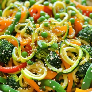 - Zucchini (3 medium, spiralized) - Bell peppers (1 cup, sliced) - Broccoli florets (1 cup) - Snap peas (1 cup) - Carrot (1, julienned) - Garlic (3 cloves, minced) - Sesame oil (3 tablespoons) - Soy sauce (2 tablespoons) - Honey or maple syrup (1 tablespoon) - Crushed red pepper flakes (1 teaspoon, optional) In this dish, the main stars are the fresh veggies. Zucchini noodles replace pasta, making this meal light and healthy. You can spiralize the zucchini with ease. It gives a fun twist to your dinner while keeping it low-carb. The bell peppers add a splash of color and sweetness. Broccoli brings a nice crunch and nutrients. Snap peas are a great addition for their crispness. The julienned carrot adds a hint of sweetness. Fresh garlic gives a nice kick and aroma that fills your kitchen. You can use three cloves for a bold flavor, but feel free to adjust it to your taste. Now, let's talk about the sauces. Sesame oil gives a nutty taste. It pairs well with soy sauce, which adds saltiness. Honey or maple syrup adds a touch of sweetness that balances the dish. If you like heat, a teaspoon of crushed red pepper flakes will spice things up. This recipe is simple and quick. You can find the full recipe details to guide you through the steps. Enjoy creating this colorful and tasty stir fry! To make zucchini noodles, you can spiralize them with a spiralizer. This tool creates long, noodle-like strands. If you don't have a spiralizer, use a vegetable peeler. Simply peel the zucchini to make thin strips. Both methods work well, so choose what you have. First, heat 2 tablespoons of sesame oil in a large skillet or wok over medium-high heat. Add minced garlic and grated ginger. Stir for about 30 seconds until you smell their aroma. Next, toss in sliced bell peppers, broccoli florets, snap peas, and julienned carrot. Stir-fry these veggies for 4 to 5 minutes. You want them tender but still crisp. Now, add the spiralized zucchini noodles to the skillet. Pour in the soy sauce and honey (or maple syrup). If you like heat, add crushed red pepper flakes. Mix everything well. Cook for an additional 2 to 3 minutes. The zucchini noodles should be warm but still firm. This keeps them from getting soggy. Turn off the heat and drizzle the last tablespoon of sesame oil over the stir fry. Toss everything again to coat. You can find the full recipe [here](#). To keep your zucchini noodles from getting soggy, salt them. After spiralizing, sprinkle salt over the noodles and let them sit for 10 minutes. This draws out moisture. Pat the noodles dry with a clean towel before cooking. For a perfect al dente texture, cook them only for a few minutes. Add them last to the stir fry. This way, they heat up without becoming mushy. To boost flavor, consider adding spices like garlic powder or onion powder. A splash of rice vinegar can add a nice tang. You can also use sauces like teriyaki or hoisin for a different twist. For a complete meal, add protein like chicken, shrimp, or tofu. Cook the protein first, then set aside. Add it back to the stir fry before serving. A good skillet or wok makes a big difference. I recommend using a non-stick skillet for easy cooking. A wok helps with even heat and quick cooking. You’ll also need a spiralizer for your zucchini noodles. If you don’t have one, a vegetable peeler works well too. A sturdy cutting board and sharp knife are must-haves for all your chopping needs. For the full recipe, check out the Zesty Zucchini Noodle Stir Fry. {{image_2}} You can add protein to your zucchini noodle stir fry. Options include chicken, shrimp, or tofu. For chicken, cut it into small pieces. Cook it for 5-7 minutes before adding veggies. Shrimp cooks fast, needing only 3-4 minutes. If using tofu, press it to remove water. Cook it until golden, about 5-6 minutes. Feel free to swap or add veggies. Carrots, bell peppers, and snap peas work well. You can try mushrooms, zucchini, or spinach too. In summer, use fresh corn or tomatoes. In winter, choose root vegetables like squash or sweet potatoes. The key is to keep the colors bright and flavors fresh. To make this dish gluten-free, use tamari instead of soy sauce. This simple swap keeps the flavor intact. For a vegan version, replace honey with maple syrup. You can also skip any animal products altogether. Enjoy this dish while keeping it healthy and tasty! To keep your Zucchini Noodle Stir Fry fresh, store leftovers in an airtight container. Place it in the fridge right away. This dish stays good for about 3 days. After that, the zucchini may get too soft. You can freeze this stir fry, but it needs care. First, let it cool completely. Then, pack it in a freezer-safe container. Make sure to remove as much air as you can. It will last for about 2 months in the freezer. When you’re ready to eat, thaw it overnight in the fridge. Reheat in a skillet over low heat. This helps keep the texture nice. For quick meals, you can prep this dish ahead of time. Spiralize the zucchinis and chop the veggies a day before. Store them in separate containers. Keep the sauce in another container. This way, everything stays fresh. When you’re ready to cook, just combine and stir-fry! This method saves you time and keeps flavors bright. If you don’t have a spiralizer, you can still make zucchini noodles. Use a vegetable peeler to create thin strips. You can also use a box grater to shred the zucchini. Both methods work well and give you a fun noodle shape. Yes, you can use frozen vegetables. However, they may make the dish a bit soggy. Frozen veggies often lose some crunch and flavor. If you use them, cook them less than fresh vegetables. This helps keep a nice texture in your stir fry. Zucchini noodles are low in carbs and calories. They are high in vitamins and fiber. This makes them a great choice for a healthy meal. They also help you feel full without adding extra calories. Zucchini noodles are a perfect swap for traditional pasta. To boost flavor, add fresh herbs like basil or cilantro. You can also use soy sauce or tamari for saltiness. Try adding a splash of rice vinegar for tang. For heat, sprinkle in crushed red pepper flakes. These simple tips will take your stir fry to the next level. You now have everything you need to create a delicious zucchini noodle stir fry. We covered main ingredients, step-by-step cooking, and helpful tips. Remember to balance the flavors with sauces and consider adding proteins to boost nutrition. You can easily adapt the recipe to fit your taste. Keep leftovers fresh and enjoy meal prep for quick meals later. With this guide, you can impress anyone with your cooking skills and enjoy healthy eating. Dive into your stir fry adventure today!
