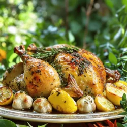 To make garlic herb roasted chicken, you need a few key items. Here’s what you’ll need: - 1 whole chicken (about 4-5 pounds) - 1 head of garlic, cloves peeled - 4 tablespoons olive oil - 2 tablespoons fresh rosemary, minced - 2 tablespoons fresh thyme, minced - 1 tablespoon fresh parsley, chopped - 1 lemon, quartered - Salt and black pepper to taste - 1 cup chicken broth Fresh herbs bring great flavor to your roasted chicken. I like to use: - Rosemary: It has a piney taste that pairs well with chicken. - Thyme: This herb adds a slight earthiness and depth. - Parsley: It brightens the dish with fresh notes. These herbs work together to create a delightful flavor. You can enhance your dish even more with a few extras. Consider adding: - Lemon zest: It gives a citrusy punch. - Paprika: This adds a smoky depth and color. - Red pepper flakes: For a touch of heat. Feel free to mix and match to suit your taste! For the full recipe, check out the detailed guide. First, you need to prep your chicken. Start by preheating your oven to 375°F (190°C). This helps cook the chicken evenly. Next, pat the whole chicken dry using paper towels. This step is key for crispy skin. Place the chicken in a large roasting pan. Gather your ingredients. You will need olive oil, fresh herbs, garlic, lemon, salt, and pepper. In a small bowl, mix the olive oil, minced rosemary, thyme, chopped parsley, salt, and pepper. Now comes the fun part: seasoning! Carefully loosen the skin of the chicken. Use your fingers to create pockets without tearing the skin. Rub the herb mixture generously under the skin. This helps infuse flavor into the meat. Next, stuff the cavity with the peeled garlic cloves and lemon quarters. The garlic will roast beautifully, adding flavor. It’s a simple step that makes a huge difference. Pour the chicken broth into the roasting pan. This will keep the chicken moist while it cooks. Place the chicken in the oven and roast for about 1.5 hours. Check the internal temperature using a meat thermometer. It should reach 165°F (74°C). To make it even juicier, baste the chicken with pan juices every 30 minutes. Once cooked, take the chicken out and let it rest for 10-15 minutes. This step is important for juicy meat. Finally, carve the chicken and serve it with roasted garlic and broth. For the full recipe, refer to the earlier section. Enjoy your flavorful garlic herb roasted chicken! To boost the taste of your garlic herb roasted chicken, use fresh herbs. Fresh rosemary, thyme, and parsley enhance the flavor. Mix these herbs with olive oil, salt, and pepper. This mix makes the chicken juicy and tasty. You can also add lemon for a fresh zing. Stuff the chicken with lemon and garlic. This adds depth to the flavor. For a richer taste, pour chicken broth in the pan. The broth keeps the meat moist as it cooks. Crispy skin is a must for great roasted chicken. Start by patting the chicken dry. Use paper towels to remove excess moisture. This helps the skin get crispy. Loosen the skin gently with your fingers. Rub the herb mixture under the skin. It gets flavor right where you want it. Roast the chicken at 375°F (190°C). Baste it every 30 minutes with the pan juices. This keeps the skin from drying out while still getting crispy. One common mistake is not drying the chicken. Wet skin leads to soggy results. Another mistake is overcooking. Use a meat thermometer to check the temperature. The chicken should reach 165°F (74°C). If you take it out too early, it will be undercooked. Also, don’t forget to let it rest after roasting. This step keeps the juices in the meat. Follow these tips, and you will enjoy a perfect garlic herb roasted chicken. For the full recipe, check out the recipe above. {{image_2}} You can switch up the herbs in this dish. Instead of rosemary and thyme, try using sage or oregano. Each herb brings a unique flavor. For a zesty kick, add basil or cilantro. Mix and match to find your favorite blend. Use what you have on hand for a fun twist. Want to add some extra flavor? Try adding spices like paprika or cumin. You can also use citrus zest for brightness. A splash of white wine or balsamic vinegar in the broth adds a new depth. Explore different flavors to make this dish your own. You don’t have to roast the chicken in the oven. An air fryer cooks it fast and makes the skin crispy. Just season the chicken as usual and set it in the fryer. For an easy method, use a slow cooker. It keeps the chicken juicy and tender. Just season the chicken, add broth, and let it cook low and slow. Check out the Full Recipe for more details! After your garlic herb roasted chicken cools, wrap it tightly in plastic wrap or foil. You can also place it in an airtight container. Store it in the fridge for up to three days. Make sure to keep any juices or broth in a separate jar. This keeps the chicken moist and tasty. To reheat the chicken, use a low oven heat. Set it to 325°F (160°C). Place the chicken in a baking dish and add a splash of chicken broth. Cover it with foil to keep moisture in. Heat for about 20-30 minutes or until warm. You want the chicken juicy, not dry. If you want to save leftovers for later, freezing works well. Remove the meat from the bones and cut it into pieces. Place the pieces in a freezer bag. Squeeze out all the air before sealing. Label the bag with the date. You can freeze the chicken for up to three months. When ready to eat, thaw it in the fridge overnight before reheating. For the full recipe, check out the Garlic Herb Roasted Chicken section. You should cook garlic herb roasted chicken for about 20 minutes per pound. For a 4 to 5-pound chicken, this means roughly 1.5 hours in the oven. Always check the internal temperature. It should reach 165°F (74°C) to be safe to eat. Use a meat thermometer to ensure perfect doneness. Yes, you can use dried herbs instead of fresh. Dried herbs are more potent, so use less. A good rule is to use one-third of the amount. For example, if the recipe calls for 2 tablespoons of fresh rosemary, use about 2 teaspoons of dried rosemary. The flavor will still be great! Roasted chicken pairs well with many sides. Here are some tasty options: - Roasted vegetables like carrots, potatoes, or Brussels sprouts - A fresh green salad with light dressing - Creamy mashed potatoes or garlic bread - Rice or quinoa for a healthy side These sides will complement your garlic herb roasted chicken nicely. For more ideas, check out the Full Recipe. In this blog post, we covered how to make garlic herb roasted chicken. You learned about the key ingredients, step-by-step instructions, and tips for success. We explored flavor variations and how to store your leftovers. Roasting chicken is easy and fun. With fresh herbs and careful seasoning, you'll impress your family. Always aim for crispy skin and avoid common mistakes. Enjoy a dish that brings warmth and flavor to your table!
