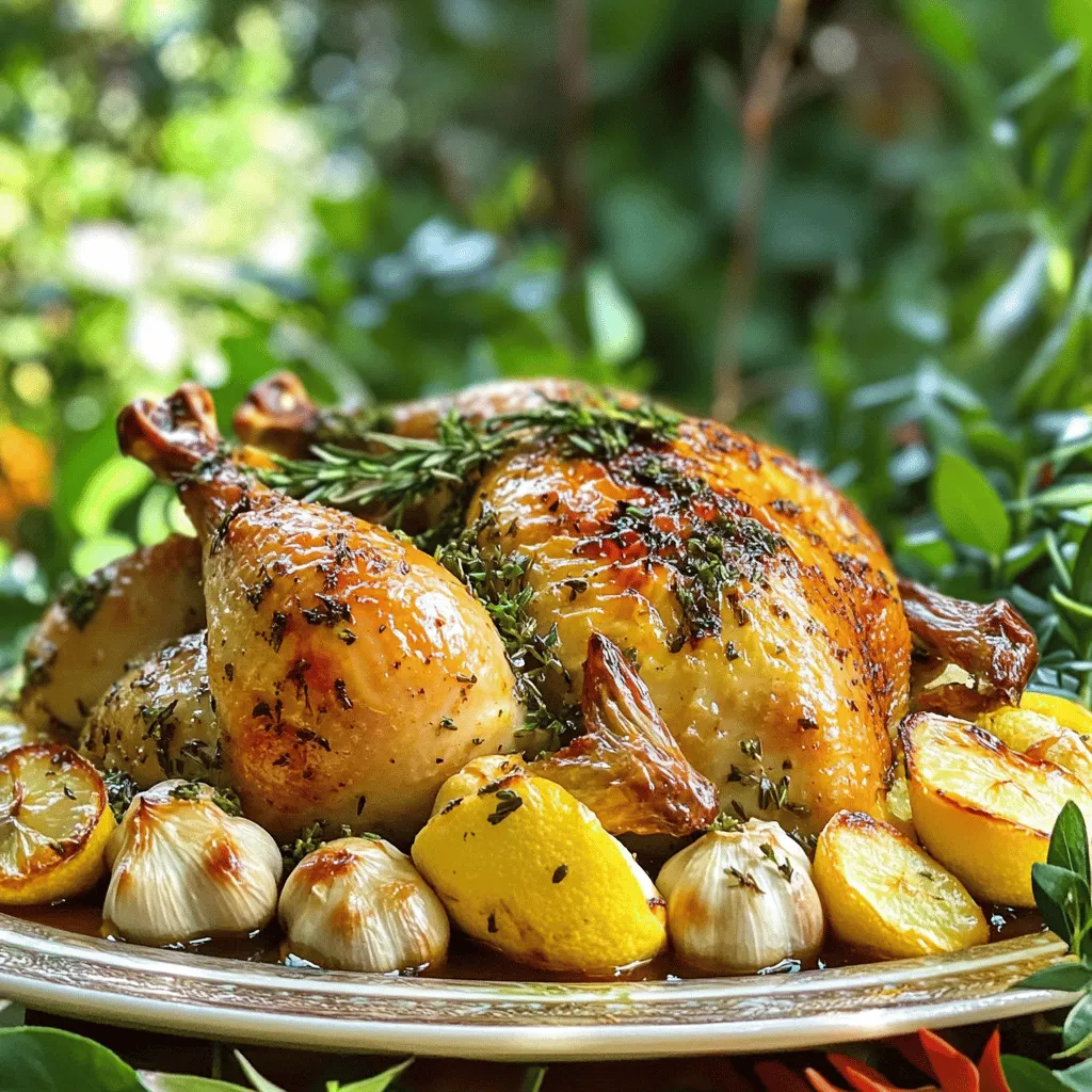 To make garlic herb roasted chicken, you need a few key items. Here’s what you’ll need: - 1 whole chicken (about 4-5 pounds) - 1 head of garlic, cloves peeled - 4 tablespoons olive oil - 2 tablespoons fresh rosemary, minced - 2 tablespoons fresh thyme, minced - 1 tablespoon fresh parsley, chopped - 1 lemon, quartered - Salt and black pepper to taste - 1 cup chicken broth Fresh herbs bring great flavor to your roasted chicken. I like to use: - Rosemary: It has a piney taste that pairs well with chicken. - Thyme: This herb adds a slight earthiness and depth. - Parsley: It brightens the dish with fresh notes. These herbs work together to create a delightful flavor. You can enhance your dish even more with a few extras. Consider adding: - Lemon zest: It gives a citrusy punch. - Paprika: This adds a smoky depth and color. - Red pepper flakes: For a touch of heat. Feel free to mix and match to suit your taste! For the full recipe, check out the detailed guide. First, you need to prep your chicken. Start by preheating your oven to 375°F (190°C). This helps cook the chicken evenly. Next, pat the whole chicken dry using paper towels. This step is key for crispy skin. Place the chicken in a large roasting pan. Gather your ingredients. You will need olive oil, fresh herbs, garlic, lemon, salt, and pepper. In a small bowl, mix the olive oil, minced rosemary, thyme, chopped parsley, salt, and pepper. Now comes the fun part: seasoning! Carefully loosen the skin of the chicken. Use your fingers to create pockets without tearing the skin. Rub the herb mixture generously under the skin. This helps infuse flavor into the meat. Next, stuff the cavity with the peeled garlic cloves and lemon quarters. The garlic will roast beautifully, adding flavor. It’s a simple step that makes a huge difference. Pour the chicken broth into the roasting pan. This will keep the chicken moist while it cooks. Place the chicken in the oven and roast for about 1.5 hours. Check the internal temperature using a meat thermometer. It should reach 165°F (74°C). To make it even juicier, baste the chicken with pan juices every 30 minutes. Once cooked, take the chicken out and let it rest for 10-15 minutes. This step is important for juicy meat. Finally, carve the chicken and serve it with roasted garlic and broth. For the full recipe, refer to the earlier section. Enjoy your flavorful garlic herb roasted chicken! To boost the taste of your garlic herb roasted chicken, use fresh herbs. Fresh rosemary, thyme, and parsley enhance the flavor. Mix these herbs with olive oil, salt, and pepper. This mix makes the chicken juicy and tasty. You can also add lemon for a fresh zing. Stuff the chicken with lemon and garlic. This adds depth to the flavor. For a richer taste, pour chicken broth in the pan. The broth keeps the meat moist as it cooks. Crispy skin is a must for great roasted chicken. Start by patting the chicken dry. Use paper towels to remove excess moisture. This helps the skin get crispy. Loosen the skin gently with your fingers. Rub the herb mixture under the skin. It gets flavor right where you want it. Roast the chicken at 375°F (190°C). Baste it every 30 minutes with the pan juices. This keeps the skin from drying out while still getting crispy. One common mistake is not drying the chicken. Wet skin leads to soggy results. Another mistake is overcooking. Use a meat thermometer to check the temperature. The chicken should reach 165°F (74°C). If you take it out too early, it will be undercooked. Also, don’t forget to let it rest after roasting. This step keeps the juices in the meat. Follow these tips, and you will enjoy a perfect garlic herb roasted chicken. For the full recipe, check out the recipe above. {{image_2}} You can switch up the herbs in this dish. Instead of rosemary and thyme, try using sage or oregano. Each herb brings a unique flavor. For a zesty kick, add basil or cilantro. Mix and match to find your favorite blend. Use what you have on hand for a fun twist. Want to add some extra flavor? Try adding spices like paprika or cumin. You can also use citrus zest for brightness. A splash of white wine or balsamic vinegar in the broth adds a new depth. Explore different flavors to make this dish your own. You don’t have to roast the chicken in the oven. An air fryer cooks it fast and makes the skin crispy. Just season the chicken as usual and set it in the fryer. For an easy method, use a slow cooker. It keeps the chicken juicy and tender. Just season the chicken, add broth, and let it cook low and slow. Check out the Full Recipe for more details! After your garlic herb roasted chicken cools, wrap it tightly in plastic wrap or foil. You can also place it in an airtight container. Store it in the fridge for up to three days. Make sure to keep any juices or broth in a separate jar. This keeps the chicken moist and tasty. To reheat the chicken, use a low oven heat. Set it to 325°F (160°C). Place the chicken in a baking dish and add a splash of chicken broth. Cover it with foil to keep moisture in. Heat for about 20-30 minutes or until warm. You want the chicken juicy, not dry. If you want to save leftovers for later, freezing works well. Remove the meat from the bones and cut it into pieces. Place the pieces in a freezer bag. Squeeze out all the air before sealing. Label the bag with the date. You can freeze the chicken for up to three months. When ready to eat, thaw it in the fridge overnight before reheating. For the full recipe, check out the Garlic Herb Roasted Chicken section. You should cook garlic herb roasted chicken for about 20 minutes per pound. For a 4 to 5-pound chicken, this means roughly 1.5 hours in the oven. Always check the internal temperature. It should reach 165°F (74°C) to be safe to eat. Use a meat thermometer to ensure perfect doneness. Yes, you can use dried herbs instead of fresh. Dried herbs are more potent, so use less. A good rule is to use one-third of the amount. For example, if the recipe calls for 2 tablespoons of fresh rosemary, use about 2 teaspoons of dried rosemary. The flavor will still be great! Roasted chicken pairs well with many sides. Here are some tasty options: - Roasted vegetables like carrots, potatoes, or Brussels sprouts - A fresh green salad with light dressing - Creamy mashed potatoes or garlic bread - Rice or quinoa for a healthy side These sides will complement your garlic herb roasted chicken nicely. For more ideas, check out the Full Recipe. In this blog post, we covered how to make garlic herb roasted chicken. You learned about the key ingredients, step-by-step instructions, and tips for success. We explored flavor variations and how to store your leftovers. Roasting chicken is easy and fun. With fresh herbs and careful seasoning, you'll impress your family. Always aim for crispy skin and avoid common mistakes. Enjoy a dish that brings warmth and flavor to your table!